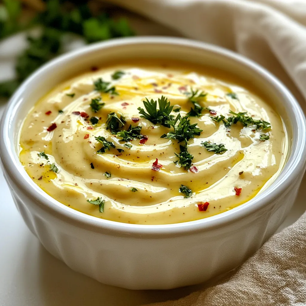 - 1 cup heavy cream - 4 cloves garlic, minced - 2 tablespoons unsalted butter - 1 tablespoon all-purpose flour - 1 teaspoon Dijon mustard - 1 teaspoon fresh lemon juice - 1/2 teaspoon fine sea salt - 1/4 teaspoon freshly ground black pepper - 1/4 teaspoon red pepper flakes (optional for a spicy kick) - Fresh parsley, finely chopped, for garnish When making creamy garlic sauce, choose fresh ingredients for the best taste. Heavy cream forms the base. It gives the sauce its rich, creamy texture. Use four cloves of garlic, minced finely. This adds a strong, savory flavor. Unsalted butter helps create a smooth sauce. It also adds depth to the taste. All-purpose flour is key for thickening the sauce. One tablespoon is enough. Dijon mustard adds a nice kick. It balances the cream and garlic flavors. Fresh lemon juice brings brightness. Sea salt and black pepper enhance all the flavors. You can add red pepper flakes for a spicy twist. Finally, chop fresh parsley for a pretty garnish. These ingredients come together to create a delicious sauce. You can use it over pasta, chicken, or vegetables. It’s versatile and easy to make. {{ingredient_image_2}} 1. Melting butter and sautéing garlic Start by melting 2 tablespoons of unsalted butter in a medium saucepan over medium heat. Wait until the butter bubbles gently. Then, add 4 minced garlic cloves. Sauté the garlic for 1-2 minutes. Stir it often until it gives off a nice smell without turning brown. 2. Making the roux Next, sprinkle 1 tablespoon of all-purpose flour over the garlic and butter mix. Whisk it for about 1 minute. This forms a roux, which helps thicken the sauce. Cooking the flour slightly makes the flavor better. 3. Adding heavy cream and thickening the sauce Gradually pour in 1 cup of heavy cream while whisking. This keeps the mixture smooth and lump-free. Cook the sauce for 3-4 minutes. Stir often until it thickens enough to coat the back of a spoon. 1. Finalizing flavors with seasonings Stir in 1 teaspoon of Dijon mustard, 1 teaspoon of fresh lemon juice, 1/2 teaspoon of fine sea salt, 1/4 teaspoon of black pepper, and 1/4 teaspoon of red pepper flakes if you want some heat. 2. Adjusting thickness and seasoning Taste the sauce. If it needs more salt or spice, add it now. If the sauce is too thick, whisk in a bit more cream to reach your desired consistency. 3. Garnishing for presentation Remove the sauce from heat. For a lovely finish, garnish with finely chopped fresh parsley. This adds color and freshness to the dish. Now, you have a rich, creamy garlic sauce ready to elevate your favorite meals. Enjoy the burst of flavor! How to avoid bitter garlic To keep garlic sweet, cook it gently. When you sauté garlic, do not let it brown. Brown garlic can taste bitter. Sauté for only 1-2 minutes until it smells good. Achieving the perfect sauce consistency To get a smooth sauce, whisk well as you add the heavy cream. Stir often while it cooks. The sauce should coat the back of a spoon lightly. If it is too thick, add a bit more cream. If it's too thin, let it cook longer. Best dishes to pair with creamy garlic sauce This sauce goes great with many dishes. Try it over pasta, grilled chicken, or steamed veggies. It also tastes amazing with seafood. Presentation techniques for an elegant serving For a pretty look, drizzle the sauce over your dish. Add a sprinkle of fresh parsley on top. This adds color and makes the dish pop. Serve it warm for the best taste. Pro Tips Fresh Garlic is Key: Using fresh garlic instead of pre-minced or jarred garlic will enhance the flavor of your sauce significantly. Adjusting Thickness: If your sauce is too thick, add a splash of chicken or vegetable broth to reach your desired consistency. Experiment with Herbs: Feel free to add other fresh herbs like thyme or basil for an extra layer of flavor that complements the garlic. Serving Suggestion: This sauce pairs beautifully with seafood; consider drizzling it over grilled shrimp or scallops for an elegant dish. {{image_4}} You can swap heavy cream for various options. Use half-and-half or whole milk for a lighter sauce. For a vegan twist, try coconut cream or cashew cream. These substitutes change the flavor a bit but still taste great. Adding herbs can really boost flavor. Fresh thyme, basil, or rosemary work well. Just chop them finely and mix them in at the end. This adds freshness and a unique taste to your sauce. To make the sauce dairy-free, use plant-based cream. Almond or oat cream can replace heavy cream. They give a rich taste without dairy. Add a bit more seasoning to enhance the flavor profile. For a gluten-free option, substitute all-purpose flour with cornstarch. Mix cornstarch with a little cold water to create a slurry. This will help thicken your sauce without gluten. It’s an easy switch that keeps the sauce smooth and creamy. To keep your creamy garlic sauce fresh, use the right containers. I recommend using an airtight container. This helps prevent any unwanted odors from other foods. - Best containers for storage: Glass jars or plastic containers with tight seals work well. - Refrigeration guidelines: Store the sauce in the fridge for up to 3 days. Make sure it cools down before sealing. When it’s time to enjoy your sauce again, reheating is key. Follow these steps for the best results. - Best practices for reheating the sauce: Use a saucepan over low heat. Stir often to keep the sauce smooth. - Tips for maintaining sauce consistency upon reheating: If the sauce thickens too much, add a splash of cream or water. This will bring it back to the right texture. You can store creamy garlic sauce for up to one week in the fridge. Keep it in a sealed container to maintain freshness. Yes, you can freeze creamy garlic sauce. Place it in an airtight container and use it within three months. Thaw it in the fridge overnight before using. This sauce pairs nicely with many dishes, including: - Pasta - Grilled chicken - Steamed vegetables - Fish - Baked potatoes If your sauce is lumpy, try whisking it vigorously. If that doesn't work, blend it in a blender until smooth. This will help restore its creamy texture. This blog post covered how to make a rich and creamy garlic sauce. We listed all the ingredients needed and outlined clear steps for cooking. You learned helpful tips to get the best flavor and texture. We even explored variations to fit dietary needs. Lastly, we included storage and reheating details. This creamy garlic sauce enhances your meals and adds great taste. Enjoy trying it out and making it your own!