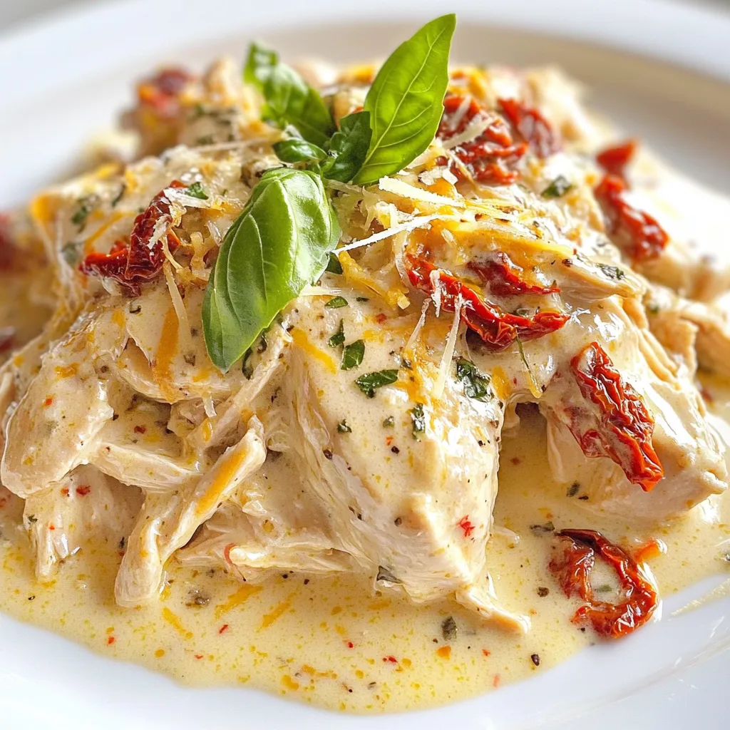 To make Slow Cooker Marry Me Chicken, gather the following ingredients: - 4 boneless, skinless chicken breasts - 1 teaspoon salt - 1/2 teaspoon black pepper - 1 teaspoon garlic powder - 1 teaspoon onion powder - 1 cup sun-dried tomatoes, finely chopped - 1 cup heavy cream - 1 cup chicken broth - 1 cup freshly grated Parmesan cheese - 1 teaspoon mixed Italian herbs - Fresh basil leaves, for garnish Each ingredient plays a key role in this dish. The chicken provides a solid base, while the sun-dried tomatoes add a burst of flavor. The heavy cream and chicken broth create a rich sauce that coats the chicken perfectly. Seasoning the chicken with salt, pepper, garlic powder, and onion powder enhances its taste. The Parmesan cheese enriches the sauce, making it creamy and delicious. Mixed Italian herbs bring a lovely aroma and depth to the dish. Finally, fresh basil leaves add a touch of color and freshness when serving. When you have all the ingredients ready, you're set to create a warming and flavorful meal that will impress anyone who tries it. {{ingredient_image_2}} To start, season the chicken breasts well. Use one teaspoon of salt, half a teaspoon of black pepper, one teaspoon of garlic powder, and one teaspoon of onion powder. Rub the seasonings over the chicken evenly. This step helps the chicken absorb all the flavors. Next, place the seasoned chicken breasts in the slow cooker. Lay them flat at the bottom. This way, the juices can flow around the chicken as it cooks. Now, it's time to add the sun-dried tomatoes. Chop one cup of sun-dried tomatoes finely and sprinkle them over the chicken. Make sure to spread them out to ensure even flavor. In a separate bowl, prepare the creamy mixture. Combine one cup of heavy cream, one cup of chicken broth, one cup of grated Parmesan cheese, and one teaspoon of mixed Italian herbs. Whisk until smooth. This creamy sauce will make the dish rich and comforting. Carefully pour this mixture over the chicken and tomatoes. Ensure that everything is covered well by the sauce. Cover the slow cooker and set it to cook. If you choose low heat, cook for six to seven hours. If you prefer high heat, three to four hours will do. The chicken should become tender and fully cooked. Once the cooking time is up, use two forks to shred the chicken in the slow cooker. Mix it well with the creamy sauce. This step allows all the flavors to blend together, making each bite delicious. To ensure even flavor distribution, layer the sun-dried tomatoes well. Spread them evenly over the seasoned chicken. This way, every bite will burst with flavor. Mix the creamy sauce well before pouring it over the chicken. A smooth blend helps coat everything evenly. For tender chicken texture, cook on low heat for six to seven hours. This slow cooking breaks down tough fibers, making the chicken soft. If you’re short on time, high heat for three to four hours works too, but low is best for tenderness. To plate the dish, scoop the chicken onto warm plates. Drizzle the creamy sauce generously over the chicken. Add fresh basil leaves on top for color. This simple garnish makes your dish look inviting. For sides, I recommend crusty garlic bread or al dente pasta. These pair nicely with the creamy sauce. A fresh salad can also add a nice crunch. Choose sides that balance the rich flavors. For leftovers, let the dish cool down first. Store it in airtight containers to keep it fresh. It can last in the fridge for up to three days. If you want to enjoy it later, freezing is an option too. To reheat without losing flavor, use low heat in the microwave or on the stove. Add a splash of chicken broth or cream to keep it moist. Heat gently, stirring to blend the flavors back together. Enjoy that creamy goodness again! Pro Tips Use Fresh Ingredients: Opt for high-quality, fresh sun-dried tomatoes and herbs to enhance the flavor profile of your dish. Adjust Creaminess: If you prefer a lighter sauce, consider substituting half of the heavy cream with Greek yogurt for a tangy twist. Perfect Shredding: Allow the chicken to rest for a few minutes after cooking before shredding to keep it juicy and tender. Storage Tips: This dish stores well in the fridge for up to 3 days. Reheat gently to keep the chicken moist. {{image_4}} If you want to try a dairy-free version, swap heavy cream for coconut cream. This keeps the dish rich and creamy without dairy. For cheese lovers, use a dairy-free Parmesan. Want to change the protein? You can use boneless thighs or even turkey. Each option brings its own unique taste, but the cooking times may vary slightly. Adding vegetables is a fun way to boost flavor. Try spinach, bell peppers, or zucchini. They blend well and add color. Another option is to mix in mushrooms for an earthy taste. To spice it up, consider adding crushed red pepper or Italian seasoning. A dash of smoked paprika can also add depth to the dish. Adjust the spices based on your taste. Transform your Marry Me Chicken into a pasta dish. Serve it over cooked pasta like fettuccine or penne. The creamy sauce clings to the pasta perfectly. You can also pair it with rice or quinoa. These grains soak up the sauce well. For a heartier option, serve it with farro or barley. Each pairing makes the meal feel complete and satisfying. To keep your Marry Me Chicken fresh, use the right containers. Glass containers with tight lids work best. They seal well and keep air out. You can also use BPA-free plastic containers. Make sure they are food-safe. When storing, let the dish cool first. This helps avoid moisture build-up. Once cool, spoon the chicken and sauce into your containers. Fill them only three-quarters full. This leaves room for the food to expand if it freezes. To maintain freshness, store your leftovers in the fridge. They will last for 3 to 4 days. For longer storage, consider freezing. If you want to freeze Marry Me Chicken, start by prepping it right. First, let the dish cool completely. Next, portion the chicken and sauce into freezer-safe bags. Squeeze out as much air as you can. This prevents freezer burn. Label the bags with the date. This helps you track how long they stay frozen. Marry Me Chicken can be frozen for up to 3 months. When you’re ready to enjoy it again, thaw the chicken in the fridge overnight. If you're short on time, you can use the microwave on the defrost setting. After thawing, reheat the chicken in a pot over medium heat. Stir it often to keep it from sticking. You can also use the slow cooker on low for 1 to 2 hours. This method keeps the sauce creamy and delicious. Can I use frozen chicken breasts? Yes, you can use frozen chicken breasts. Just make sure to cook them longer. Add an extra hour if you cook on low. If you use high heat, add 30 minutes. Always check that the chicken reaches 165°F for safety. How can I make this dish more spicy? To spice it up, add red pepper flakes or diced jalapeños. You can also use spicy Italian sausage instead of chicken. Just adjust the amount based on your heat preference. A touch of cayenne pepper can also enhance the flavor. Can I prepare this dish ahead of time? Yes, you can prep this dish ahead. Season the chicken and layer it in the slow cooker. Cover and store it in the fridge overnight. When you are ready, add the creamy mixture and start cooking. This saves time and adds flavor! Slow Cooker Marry Me Chicken is simple yet full of flavor. We covered the key ingredients, easy steps, and helpful tips to make it perfect. Remember to season well and cook it low for the best results. Feel free to try new flavors or serve it with your favorite sides. With these tips, you will impress anyone you serve this dish to. Enjoy every bite of your Marry Me Chicken and happy cooking!
