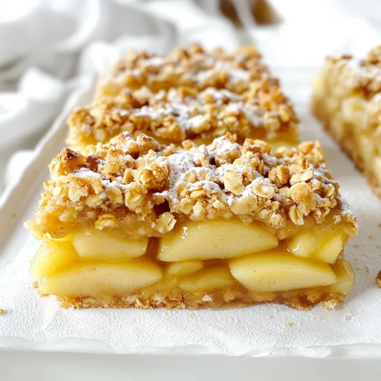 To make these tasty Maple Pear Crumble Bars, gather the following ingredients: - 2 ripe pears, peeled, cored, and diced - 1/4 cup pure maple syrup - 1 teaspoon pure vanilla extract - 1 1/2 cups all-purpose flour - 3/4 cup rolled oats - 1/2 cup packed brown sugar - 1/2 teaspoon ground cinnamon - 1/4 teaspoon ground nutmeg - 1/4 teaspoon salt - 1/2 cup cold unsalted butter, cubed - Optional: 1/2 cup chopped walnuts These simple ingredients create a delicious mix of flavors. The ripe pears add sweetness and moisture, while the maple syrup brings a rich flavor. The oats and flour make the base crunchy and wholesome. Don't forget the spices! They give warmth and depth to each bite. If you like nuts, the walnuts add a nice crunch. - Preheat oven to 350°F (175°C). - Prepare the baking pan with parchment paper. First, I heat the oven to 350°F (175°C). This step is key for even baking. Next, I line an 8x8-inch baking pan with parchment paper. This makes it easy to lift the bars out later. - Combine pears, maple syrup, and vanilla. - Whisk dry ingredients together. In a medium bowl, I mix diced pears, maple syrup, and vanilla extract. I stir gently to coat the pears well. Then, I set this bowl aside. In a larger bowl, I whisk together flour, oats, brown sugar, cinnamon, nutmeg, and salt. This blend creates a rich base for our bars. - Blend in butter into the dry mixture. - Press crust into the baking pan. - Pour pear mixture over crust and add crumble topping. Now, I add cold, cubed butter to the dry mix. I use my fingers or a pastry cutter to blend it in. The mix should look like coarse crumbs with some larger pieces. I set aside one cup of this crumble for the topping. Then, I press the rest into the bottom of my baking pan. This forms a solid crust. I bake the crust for about 15 minutes until it turns light golden brown. After that, I remove it from the oven and pour the pear mixture on top. I spread it evenly. Next, I sprinkle the reserved crumble over the pears. If I want some crunch, I add chopped walnuts too. Finally, I put the pan back in the oven. I bake it for another 25-30 minutes. I look for a golden topping with bubbling pears. Once done, I let the bars cool completely before cutting them into squares. Using cold unsalted butter is key. Cold butter helps the crumble stay flaky and tender. It makes a big difference in texture. Always check for doneness with a toothpick. Insert it in the center. If it comes out clean, your bars are ready. Achieving the right crumb texture is crucial. You want it to be crumbly, not too dry. Mix until it looks like coarse crumbs. Adjust sweetness to taste by adding more maple syrup or sugar. This recipe allows for the perfect balance of sweet and tart. Serving suggestions can enhance the look of your bars. Place them on a rustic wooden board. Drizzle some maple syrup over the top for a sweet touch. Dusting with powdered sugar adds an elegant finish. These simple steps make your bars look as good as they taste. {{image_4}} You can change the flavors of your Maple Pear Crumble Bars by adding different fruits or nuts. For a twist, try using apples or berries instead of pears. Each fruit brings its own taste and makes the bars unique. You can also mix in nuts, like almonds or pecans, for extra crunch. Spices can also change the flavor. Add a pinch of ginger for a warm note. Or try cardamom for a sweet and spicy kick. Each tweak opens up new tastes, so feel free to experiment. If you need gluten-free options, use almond flour or gluten-free flour. These blends work well in the crust and topping. Make sure to check labels to ensure they fit your diet. For a vegan version, swap the butter with coconut oil or vegan butter. Use maple syrup to sweeten, as it is already a plant-based option. Replace the eggs with applesauce or flaxseed meal mixed with water. These changes keep the bars tasty and friendly for all diets. Pair your Maple Pear Crumble Bars with a scoop of ice cream or a dollop of whipped cream. The cold creaminess balances the warm, sweet bars perfectly. For breakfast, serve them with yogurt and fresh fruit. This adds a healthy and colorful touch to your morning meal. You can also place the bars on a wooden board for a rustic look. Drizzling extra maple syrup on top makes them even more inviting. Dust with powdered sugar for a special touch. These serving ideas make the bars shine at any gathering! To keep your Maple Pear Crumble Bars fresh, store them in an airtight container. This helps to lock in moisture and flavor. You can place a piece of parchment paper between layers for extra protection. For the best taste, enjoy the bars within five days. I recommend using a glass or plastic container with a tight lid. This helps prevent any air from getting in. You can also use a resealable plastic bag if you prefer. Just make sure to squeeze out excess air before sealing it. If you want to save some bars for later, freezing is a good option. First, let the bars cool completely. Cut them into squares or rectangles. Wrap each piece tightly in plastic wrap. Then, place the wrapped bars in a freezer-safe bag or container. For best quality, eat frozen bars within three months. To thaw, just place them in the fridge overnight. You can also warm them in the microwave for about 15 seconds. Enjoy them warm for a cozy treat! Yes, you can use canned pears. Make sure to drain them well. Canned pears can change the texture a bit. Fresh pears add a nice crunch and flavor, but canned will work in a pinch. These bars will last about 3 days at room temperature. Keep them in an airtight container. For longer storage, consider refrigerating them. They stay fresh for up to a week in the fridge. You can use honey or agave syrup instead of maple syrup. Just remember that these sweeteners have different flavors. Adjust the amount to your taste. Maple syrup adds a unique flavor that pairs well with pears. To reheat, place the bars in the oven at 350°F for about 10 minutes. You can also use a microwave. Just heat for 20-30 seconds. This will warm them up and make the crumble nice and soft again. The bars are done when the topping turns golden brown. You can also check for bubbling around the edges. If you poke a toothpick in the middle, it should come out clean or with a few crumbs. This blog post shares a simple recipe for Maple Pear Crumble Bars. You learned about the key ingredients and how to mix them step by step. We also covered tips for baking and serving, plus ideas for tasty variations. Remember, using cold butter is important for a perfect crumble. These bars are easy to share, and you can enjoy them any time. Try different fruits or spices to make them your own. Enjoy your baking and the delicious results.