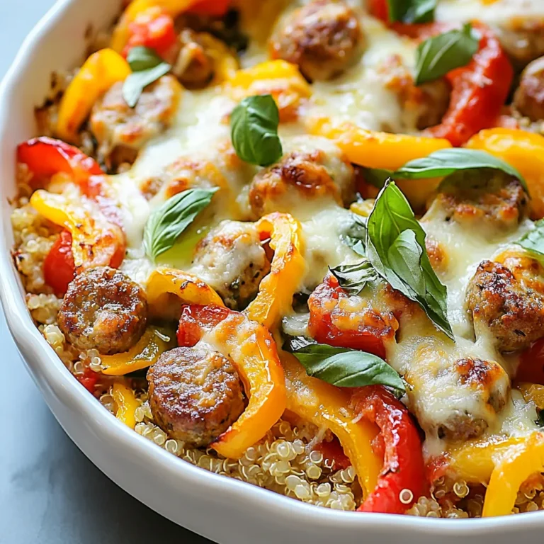 This casserole is full of tasty ingredients. Here’s what you need: - 1 pound Italian sausage (mild or spicy) - 2 bell peppers (1 red, 1 yellow), sliced - 1 medium onion, sliced thin - 3 cloves garlic, minced - 1 can (14 oz) diced tomatoes, undrained - 1 cup cooked quinoa or rice - 1 teaspoon dried oregano - 1 teaspoon dried basil - 1/2 teaspoon red pepper flakes (optional) - Salt and pepper, to taste - 1 cup shredded mozzarella cheese - Fresh basil leaves for garnish You can change up this dish to fit your taste. Here are some great options: - Protein Substitutes: Try chicken sausage or turkey sausage for a lighter choice. For a meat-free option, use plant-based sausage. - Vegetable Options: Add mushrooms, zucchini, or spinach for more veggies. You can also mix in corn or olives for extra flavor. Herbs make a big difference in this dish. Here’s how to use them: - Fresh Herbs: Use fresh basil if you have it. It adds bright flavor. Add it at the end for the best taste. - Dried Herbs: Dried oregano and basil work well too. They mix in during cooking. Use them when fresh herbs are not available. {{ingredient_image_2}} First, gather all your ingredients. You will need: - 1 pound Italian sausage - 2 bell peppers (one red and one yellow) - 1 medium onion - 3 cloves garlic - 1 can (14 oz) diced tomatoes - 1 cup cooked quinoa or rice - 1 teaspoon dried oregano - 1 teaspoon dried basil - 1/2 teaspoon red pepper flakes (optional) - Salt and pepper - 1 cup shredded mozzarella cheese - Fresh basil leaves for garnish Preheat your oven to 375°F (190°C). This step is key for the perfect bake. Slice the bell peppers and onion thinly. Mince the garlic finely for the best flavor. In a large skillet, add the Italian sausage. Use a wooden spoon to break it apart. Cook the sausage over medium heat until brown, about 5-7 minutes. If there’s grease, drain some off carefully. Now, add the sliced bell peppers, onion, and minced garlic to the skillet. Sauté these for 5-6 minutes until they are soft and fragrant. This mix will make the dish so tasty. Next, stir in the undrained diced tomatoes, quinoa or rice, oregano, and basil. If you like heat, add red pepper flakes. Season with salt and pepper. Mix everything well to blend the flavors. Transfer the sausage and vegetable mix into a greased 9x13-inch baking dish. Spread it evenly. Now, sprinkle the shredded mozzarella cheese generously over the top. Cover the dish with aluminum foil and bake it for 25 minutes. After that, remove the foil and bake for another 10-15 minutes. Watch it closely until the cheese is bubbly and golden brown. Once it’s done, take it out of the oven and let it cool for a few minutes. Garnish with fresh basil leaves to add color and flavor. This small step makes a big difference! To make your Italian sausage pepper casserole sing with flavor, I have some great tips. - Choose Quality Sausage: Select a good quality Italian sausage. The flavor matters! Use either mild or spicy based on your taste. - Fresh Vegetables: Fresh bell peppers and onions boost the taste. Slice them thin for even cooking. - Seasoning: Don’t skimp on the dried herbs. Oregano and basil add a lot of depth. Add red pepper flakes for extra heat if you like spice. When making this casserole, avoid these mistakes to ensure success. - Overcooking Vegetables: Don’t let your peppers and onions get mushy. Sauté them just until tender. - Soggy Casserole: Use undrained diced tomatoes, but avoid too much liquid. It can make the dish watery. - Skipping the Cheese: Cheese adds creaminess and flavor. Don’t forget to sprinkle it generously on top! A beautiful dish makes the meal more enjoyable. Here are some ideas for serving. - Individual Bowls: Serve the casserole in bowls. This showcases the colors and layers beautifully. - Garnish with Fresh Basil: Add fresh basil leaves on top for a bright look and extra flavor. - Pair with Bread: Serve with crusty bread on the side. It’s perfect for scooping up the casserole! Pro Tips Choosing the Right Sausage: Opt for high-quality Italian sausage, whether mild or spicy, to enhance the overall flavor of the casserole. Vegetable Variations: Feel free to mix in other vegetables like zucchini or mushrooms for added texture and nutrition. Cheese Choices: For a twist, try using provolone or a blend of cheeses for a unique flavor profile. Make Ahead: Prepare the casserole ahead of time, cover it tightly, and refrigerate. Just bake when you're ready to serve! {{image_4}} You can use different grains in this casserole. Quinoa and rice are popular choices. Quinoa adds a nutty taste and is packed with protein. It also cooks quickly, making it easy to prepare. Rice is soft and fluffy, soaking up all the flavors. You can pick whichever you like best. Both grains work well and give you good texture. If you want to try something different, switch the sausage. Chicken sausage or turkey sausage can be great options. They are leaner, which some may prefer. For a meatless meal, try using a veggie sausage. It adds flavor without meat. Choose the option that fits your taste. Each choice will make the dish unique and tasty. Feel free to get creative with add-ins! You can toss in mushrooms for an earthy flavor. Spinach works well, too, adding color and nutrition. You could even add zucchini or eggplant for extra veggies. Mixing in these ingredients will make your casserole more delicious and fun. Experiment with your favorites and enjoy the new tastes! After enjoying your Italian sausage pepper casserole, let it cool down. This helps avoid condensation in the container. Use an airtight container to store leftovers. Make sure you label it with the date. The casserole will stay fresh in the fridge for up to three days. To reheat, place your casserole in the oven. Preheat to 350°F (175°C). Cover it with foil to keep it moist. Heat for about 20-25 minutes or until hot throughout. You can also use a microwave. Heat in short bursts of two minutes, stirring in between. If you want to save your casserole for later, freezing is great. Allow it to cool completely. Then, portion it into freezer-safe containers. Make sure to seal tightly. It can last up to three months in the freezer. When ready to eat, thaw it overnight in the fridge. Reheat it as mentioned above for a quick meal! Yes, you can make this casserole ahead of time. Prepare it completely, then cover it well. Store it in the fridge for up to two days before baking. This saves time on busy nights and keeps dinner easy. When you are ready to bake, just pop it in the oven. Add a few extra minutes to the cooking time if it’s cold from the fridge. You can use several options if you want to swap out Italian sausage. Ground turkey or chicken works great for a lighter dish. For a vegetarian version, use plant-based sausage or lentils. Both options still offer a good flavor. Just make sure to season them well, as they might need a little extra spice. The casserole stays fresh in the fridge for about three to four days. Store leftovers in an airtight container. This helps keep it from drying out. Always check for any signs of spoilage before reheating. If it smells or looks off, it’s best to toss it. Yes, you can make this casserole without cheese. Just skip adding the mozzarella before baking. You can replace it with nutritional yeast for a cheesy flavor without dairy. Or, consider adding extra herbs and spices to enhance the taste. This keeps your dish tasty while meeting dietary needs. This blog post shared the key steps to make a tasty Italian sausage pepper casserole. We covered essential ingredients, helpful tips, and ways to customize your dish. You learned how to cook the sausage and veggies and tips for a perfect cheese top. Remember, experimenting with different proteins and grains can lead to new flavors. With correct storage, your leftovers can be enjoyed later. Dive into this dish with confidence; your kitchen creations will impress!
