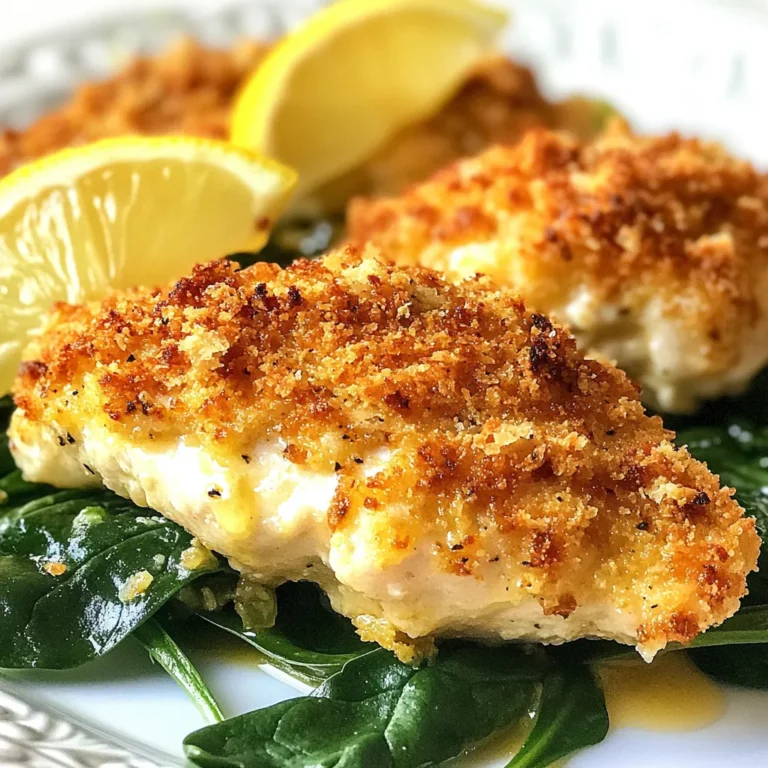 When making Lemon Pecorino Crusted Chicken, gather these tasty ingredients: - 4 boneless, skinless chicken breasts - 1 cup breadcrumbs - 1 cup grated Pecorino Romano cheese - Zest and juice of 1 lemon, plus juice of another lemon - 2 garlic cloves, finely minced - 1 tablespoon fresh thyme leaves - 1 teaspoon paprika - Salt and freshly cracked black pepper to taste - 1/2 cup all-purpose flour - 2 large eggs, beaten - 2 tablespoons olive oil These ingredients create a wonderful blend of flavors. The chicken provides protein, while the breadcrumbs and Pecorino cheese add crunch and richness. Fresh lemons bring brightness, and garlic and thyme add depth. Using quality ingredients makes a big difference. Fresh chicken and cheese elevate the dish. Choose high-quality breadcrumbs for the best crust. This dish is simple yet impressive. It’s perfect for family dinners or special occasions. The combination of flavors will have everyone asking for seconds! {{ingredient_image_2}} To start, you need to prep the chicken. First, preheat your oven to 400°F (200°C). Take one chicken breast and place it between two sheets of plastic wrap. This helps keep things tidy. Use a meat mallet or rolling pin to pound it gently. Aim for an even thickness of about 1 inch. This step is vital because even thickness ensures the chicken cooks well. Next, let’s make the mixture. Grab a large mixing bowl. Combine these dry ingredients: breadcrumbs, grated Pecorino Romano cheese, lemon zest, minced garlic, fresh thyme, paprika, and a pinch of salt and pepper. Stir everything well. This helps blend all the flavors together. Now, let’s set up your breading station. You will need three shallow dishes. Fill one with flour, the second with beaten eggs, and the last with your breadcrumb mixture. This assembly line makes breading faster and easier. It’s time to coat the chicken. Take each breast and dredge it in flour first. Make sure to shake off any extra flour. Next, dip it in the beaten eggs. Let any excess egg drip off. Finally, press the chicken into the breadcrumb mixture. Aim for a thick layer of crumbs for a crispy crust. Now, let’s cook the chicken. Heat olive oil in a large oven-safe skillet over medium-high heat. Once the oil is hot, add the breaded chicken breasts. Cook them for about 4-5 minutes on each side. You want them to turn a lovely golden-brown color and get nice and crispy. After frying, it’s time to finish cooking in the oven. Squeeze the juice of the second lemon over the chicken. Transfer the skillet to your preheated oven. Bake for 10-15 minutes. Make sure the internal temperature reaches 165°F (75°C). This step is crucial to ensure the chicken is safe to eat and juicy. - For extra crunch, use panko breadcrumbs. They make the crust light and crispy. - You can swap breadcrumbs with crushed cornflakes or crackers for a fun twist. - Add a pinch of red pepper flakes for heat. It gives a nice kick to the dish. - Consider mixing in grated lemon zest. It boosts the lemon flavor even more. - Fresh herbs like parsley or basil can add depth. Use them for a bright finish. - Serve with roasted veggies or a fresh salad. They balance the rich flavors perfectly. - For a beautiful plate, place the chicken on a bed of greens. Drizzle lemon juice on top to brighten the dish. - Garnish with lemon wedges for an extra pop of color. It also adds a fresh squeeze for each bite. Pro Tips Use Fresh Ingredients: Always opt for fresh herbs and quality cheese to elevate the flavor profile of your dish. Perfect the Breading: For a thicker crust, double-dip the chicken in the egg and breadcrumb mixture to ensure an extra crunchy texture. Let it Rest: Allow the chicken to rest for a few minutes after baking. This helps the juices redistribute, making for a juicier bite. Experiment with Flavors: Feel free to add other herbs or spices to the breadcrumb mixture, such as oregano or chili flakes, for a unique twist. {{image_4}} You can switch up the cheese for fun flavors. Here are two great choices: - Cheddar: This cheese adds a sharp and creamy taste. It melts well and pairs nicely with the lemon. - Parmesan: A classic choice, Parmesan brings a nutty flavor. It also creates a nice crust when baked. You can try different cooking methods for this dish. Here are two options: - Air-Fried Version: Use an air fryer to make this chicken. It cooks quickly and keeps the chicken juicy while making the crust crispy. - Grilled Option: Grilling adds a smoky flavor. Simply bread the chicken and grill it for a delicious twist. If you have dietary needs, there are easy swaps you can make: - Gluten-Free Substitutions: Use gluten-free breadcrumbs or crushed nuts. This way, you can enjoy the dish without gluten. - Dairy-Free Alternatives: Swap Pecorino for a dairy-free cheese. You can also use nutritional yeast for a cheesy flavor without dairy. To keep your Lemon Pecorino Crusted Chicken fresh, let it cool first. Place the chicken in an airtight container. You can store it in the fridge for up to three days. If you follow these steps, your chicken will stay tasty and safe to eat. When reheating, use the oven for best results. Preheat it to 350°F (175°C). Place the chicken on a baking sheet. Heat for about 10-15 minutes until warm. This method keeps the crust crispy and the chicken juicy. You can freeze Lemon Pecorino Crusted Chicken for up to three months. Wrap each piece tightly in plastic wrap, then place them in a freezer bag. This helps prevent freezer burn. To thaw, move the chicken to the fridge a day before you plan to eat it. This slow method keeps the chicken safe. If you need it fast, place it in cold water for about an hour. Check often to ensure the water stays cold. Yes, you can use bone-in chicken. The cooking time will change. Bone-in pieces take longer to cook than boneless ones. I suggest adding about 10 to 15 minutes to the baking time. Always check the internal temperature to ensure it reaches 165°F (75°C) for safety. You have many great options for side dishes. Here are some ideas: - Roasted vegetables like carrots, zucchini, or bell peppers. - A fresh arugula salad with lemon vinaigrette. - Garlic mashed potatoes or creamy polenta. - Lemon or herb rice for a light touch. To add heat, try these suggestions: - Mix in some red pepper flakes with the breadcrumb mixture. - Use a spicy paprika instead of regular paprika. - Add sliced jalapeños to the side when serving. Checking the internal temperature is key. Use a meat thermometer. Insert it into the thickest part of the chicken. It should read 165°F (75°C). If you don’t have a thermometer, check if the juices run clear when you cut into the chicken. This blog post showed you how to make Lemon Pecorino Crusted Chicken. We covered key ingredients, cooking methods, and tips for the best results. By following clear steps, you can create a delicious dish that your family will love. Remember to experiment with flavors and adjust for dietary needs. With these insights, you'll feel confident in the kitchen. Enjoy your cooking!