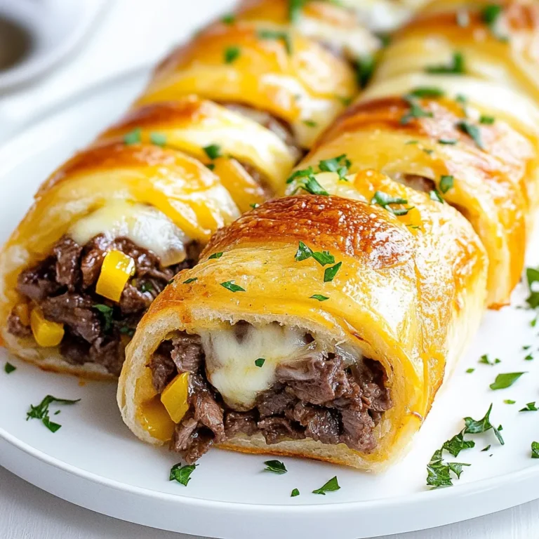 To make Keto Philly Cheesesteak Rolls, gather the following ingredients: - 1 lb shaved beef (sirloin or ribeye) - 1 medium onion, thinly sliced - 1 bell pepper (green or red), thinly sliced - 2 cups shredded mozzarella cheese - 1/2 cup cream cheese - 1 cup almond flour - 2 tablespoons psyllium husk powder - 1 large egg - 1 teaspoon garlic powder - 1 teaspoon onion powder - Salt and pepper to taste - 1 tablespoon olive oil Each ingredient plays a key role in creating a rich and satisfying flavor. The shaved beef provides a hearty base, while the onions and bell peppers add sweetness and crunch. The blend of mozzarella and cream cheese creates a creamy filling that binds everything together. Almond flour and psyllium husk form a low-carb dough that wraps your filling perfectly. Using quality ingredients will enhance the taste. Fresh vegetables bring vibrant flavor, while good cuts of meat ensure tenderness. Enjoy these rolls as a tasty meal or snack. {{ingredient_image_2}} Start by preheating your oven to 350°F (175°C). While the oven heats up, line a baking sheet with parchment paper. This will help the rolls not stick. In a mixing bowl, combine 1 cup of almond flour, 2 tablespoons of psyllium husk powder, 1 teaspoon of garlic powder, 1 teaspoon of onion powder, and a pinch of salt and pepper. Stir the dry ingredients together until evenly mixed. Then, crack in 1 large egg and mix well. Knead the dough on a clean surface until it's smooth and elastic. Let it rest for about 5 minutes. Heat 1 tablespoon of olive oil in a skillet over medium heat. Add 1 medium onion, thinly sliced, and 1 bell pepper, thinly sliced. Sauté until they soften. Then, add 1 pound of shaved beef and cook until it's browned. Season with salt and pepper. Remove from heat when done. In the same skillet, add 1/2 cup of cream cheese and half of the 2 cups of shredded mozzarella cheese. Stir constantly over low heat until the cheeses melt together with the beef and veggies. This will create a smooth, creamy filling. After the dough has rested, place it between two sheets of parchment paper. Roll it out into a rectangle, about 1/4 inch thick. Spread the warm beef and cheese mixture evenly across the dough, leaving a small border. Sprinkle the remaining mozzarella cheese on top. Carefully roll the dough from one end to the other, forming a log. Pinch the ends to seal the filling inside. Place the roll on the prepared baking sheet. Bake for 25-30 minutes until golden brown and firm to the touch. Once baked, let the roll cool for a few minutes. Slice it into individual portions. Serve warm, and consider adding fresh parsley for color or a side of sugar-free marinara for dipping. Enjoy your tasty Keto Philly Cheesesteak Rolls! To make the dough just right, focus on your mixing. Start with the dry ingredients: almond flour, psyllium husk powder, garlic powder, and onion powder. Mix them well to avoid lumps. When you add the egg, combine until smooth. Knead the dough for a few minutes. This helps develop its texture. Let it rest for about five minutes. This makes it easier to roll out. For the beef, use a skillet over medium heat. Add olive oil and let it warm up. Then, toss in the sliced onions and bell peppers. Sauté until they soften and smell great. Add the shaved beef next. Cook it until browned, stirring often. Season generously with salt and pepper. This step adds a lot of flavor. Slice the rolls into pieces after baking. Serve them warm, and they’ll taste best. Garnish with fresh parsley for a pop of color. For extra flavor, pair them with sugar-free marinara sauce for dipping. You can also serve with a side salad for a balanced meal. Enjoy every bite! Pro Tips Use Fresh Ingredients: Always opt for fresh vegetables and high-quality meats for the best flavor and texture in your rolls. Don't Overfill: When spreading the filling, be careful not to overfill your dough, as this can make it difficult to roll and may cause it to burst during baking. Rest the Dough: Allowing the dough to rest for a few minutes after kneading helps it become more pliable, making it easier to roll out. Creative Additions: Feel free to add other ingredients like mushrooms or jalapeños to the filling for an extra flavor kick! {{image_4}} You can easily make a vegetarian version of these rolls. Use mushrooms instead of beef. Mushrooms have a nice, meaty texture. Sauté them with onions and peppers for great flavor. You can also add spinach or zucchini for extra veggies. This way, you keep it low-carb while still enjoying a rich taste. Cheese is key to these rolls. While mozzarella is classic, feel free to mix it up. Try provolone for a sharp kick. Cheddar adds a nice tang. You can even use pepper jack for some spice. Mixing different cheeses gives your rolls a unique flavor profile. Just remember to keep it low-carb. Think beyond onions and peppers. You can add roasted red peppers for sweetness. Artichoke hearts bring a nice twist. Even jalapeños can spice things up. Just make sure to chop them small. This way, they blend well with the beef or veggie mix. The more veggies, the more taste! After enjoying your Keto Philly Cheesesteak Rolls, store leftovers in an airtight container. This keeps them fresh and tasty. Place your rolls in the fridge if you plan to eat them within a few days. They should stay good for about 3-4 days. Make sure to let them cool completely before storing. To reheat your rolls, preheat your oven to 350°F (175°C). Place the rolls on a baking sheet. Heat them for about 10-15 minutes or until warm. You can also use a microwave. Just wrap each roll in a damp paper towel and heat for 30-60 seconds. This method keeps the rolls soft. If you want to save some rolls for later, freezing is a great option. Wrap each roll tightly in plastic wrap. Then, place them in a freezer bag. They can last for up to 3 months in the freezer. When you’re ready to eat one, thaw it in the fridge overnight and follow the reheating instructions. Enjoy your delicious rolls whenever you want! The best way to make these rolls is to follow the steps closely. Start by preparing the dough with almond flour and psyllium husk powder. Knead it well until smooth. For the filling, cook the beef, onions, and bell peppers in olive oil. Mix in cream cheese and mozzarella for a creamy texture. Roll out the dough, spread the filling, and bake until golden. Yes, you can use different types of meat. Options like chicken, turkey, or pork work well. Just ensure the meat is thinly sliced. This will help it cook evenly and blend well with the other flavors. The rolls are done when they turn golden brown. You should also poke the roll gently. If it feels slightly firm to touch, it is ready. A toothpick inserted in the center should come out clean. Yes, you can use coconut flour as a substitute. However, you'll need less coconut flour, about a quarter of the amount. Make sure to adjust the liquids in your dough to maintain the right texture. This article explored how to make Keto Philly Cheesesteak Rolls using simple ingredients and clear steps. You learned about the key ingredients, methods to prepare the dough, and tips for perfecting your rolls. I hope these insights spark your creativity in the kitchen. Remember, you can customize the recipe with different meats or veggies. Enjoy the flavors and texture of your rolls. You’ll impress your friends and family with your delicious creations!