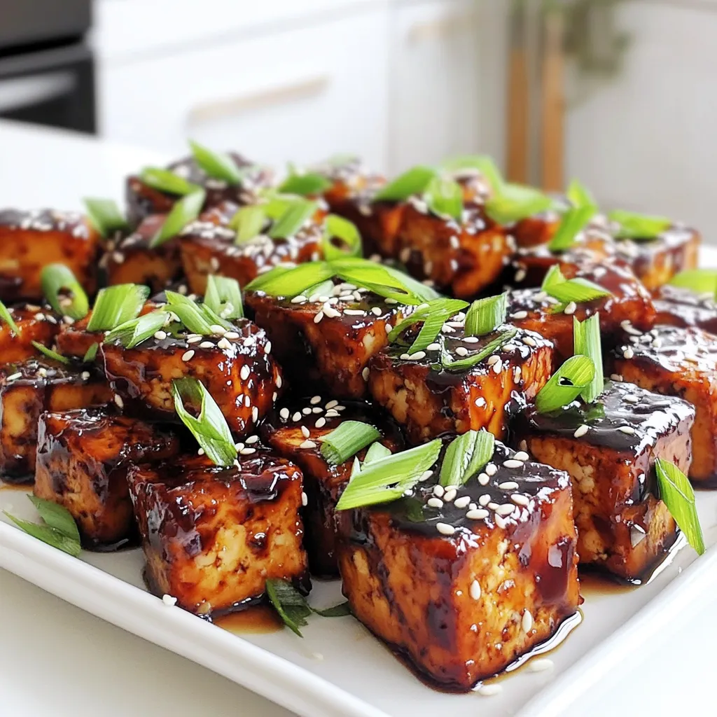 - 1 block (14 oz) firm tofu - 1/4 cup low-sodium soy sauce - 2 tablespoons pure maple syrup - 1 tablespoon rice vinegar To make crispy air fryer teriyaki tofu, start with firm tofu. It holds its shape well and gives a great texture. The low-sodium soy sauce adds umami flavor without too much salt. Pure maple syrup brings sweetness, balancing out the salty notes. Rice vinegar adds a little tang to the mix, enhancing the overall taste. - 1 tablespoon sesame oil - 2 cloves garlic, finely minced - 1 teaspoon fresh ginger, grated For flavor, sesame oil is key. It gives a nice nutty taste. Minced garlic and grated ginger add depth and freshness. Together, these ingredients create a rich and flavorful marinade that soaks into the tofu. - 2 teaspoons cornstarch - 2 green onions, finely chopped - A sprinkle of sesame seeds Cornstarch is crucial for that crispy outside. It coats the tofu, creating a crunchy texture when cooked. After air frying, garnish the tofu with chopped green onions and sesame seeds. This not only looks good but also adds extra flavor and crunch. Pressing the tofu: First, you need to press the tofu. This helps remove excess water. Wrap the tofu in a clean kitchen towel or paper towels. Place a heavy object on top. Let it sit for about 15 minutes. This step is key for a crispy outcome. Cutting into cubes: After pressing, cut the tofu into bite-sized cubes. Aim for uniform pieces. This ensures even cooking and helps each cube soak up the marinade well. Place the cubes in a large mixing bowl, ready for flavor. Combining soy sauce, maple syrup, and other ingredients: In a separate small bowl, whisk together the marinade. Use 1/4 cup of low-sodium soy sauce, 2 tablespoons of pure maple syrup, 1 tablespoon of rice vinegar, and 1 tablespoon of sesame oil. Add 2 minced garlic cloves and 1 teaspoon of grated ginger. Mix until it all blends into a smooth sauce. This marinade gives the tofu its rich flavor. Marinating: Pour the marinade over the cubed tofu. Toss gently so each piece gets coated. Let the tofu marinate for at least 20 minutes. Stir occasionally to ensure even flavor. This step is crucial for taste. Air frying process: After marination, sprinkle 2 teaspoons of cornstarch over the cubes. Toss gently again to coat each piece. Preheat your air fryer to 375°F (190°C) for about 5 minutes. Arrange the marinated tofu in the air fryer basket in a single layer. Leave space between the cubes for even cooking. Air fry for 15-20 minutes. Shake the basket halfway through. The tofu will turn golden brown and crispy. Enjoy your delicious meal! To get your tofu crispy, cornstarch is key. It creates a crunchy layer. After marinating, sprinkle cornstarch over the tofu cubes. Toss them gently to coat well. This step is crucial for that perfect crisp. Spacing in the air fryer also matters. Place the tofu cubes in a single layer. Leave space between each piece for air to flow. If your air fryer is small, cook in batches. This ensures even cooking and crispiness. You can spice up your teriyaki tofu with more flavors. Try adding spices like paprika, chili flakes, or garlic powder. Fresh herbs like cilantro or basil also work well. They can make your dish even more exciting. Before serving, drizzle some extra teriyaki sauce on top. You can also add a splash of sriracha for a spicy kick. This extra sauce enhances the taste and makes it look great. When it comes to serving, think about colorful accompaniments. Serve the tofu on a bed of rice, either white or brown. This not only looks nice but also adds heartiness. You can add steamed bok choy or vibrant stir-fried vegetables. This makes your meal more nutritious and colorful. Garnish with green onions and sesame seeds for a beautiful finish. This small touch makes a big difference in presentation. {{image_4}} If you want to switch things up, consider using different tofu types. - Silken tofu: This tofu is softer and works well in sauces but won't be crispy. - Extra-firm tofu: For a firmer bite, try extra-firm tofu. It holds its shape better. For gluten-free options, replace soy sauce with tamari. Tamari is a great gluten-free soy sauce. You can create fun teriyaki variations. - Honey teriyaki: Swap maple syrup for honey if you prefer sweetness. - Spicy teriyaki: Add a splash of sriracha for a kick. Adding veggies can enhance your dish. You can toss in bell peppers, broccoli, or snap peas. These add color and nutrition. If you don’t have an air fryer, you can still make crispy tofu. - Oven-baking: Preheat your oven to 400°F (200°C). Spread the marinated tofu on a baking sheet and bake for 25-30 minutes. Flip halfway for even crispiness. - Stovetop frying: Heat oil in a pan over medium heat. Fry the tofu until golden brown on all sides. This method gives a nice crunch, too. To keep your crispy air fryer teriyaki tofu fresh, follow these tips: - Store leftovers in an airtight container. - Refrigerate the tofu within two hours of cooking. - Use glass or BPA-free plastic containers for best results. Keeping tofu in a good container helps maintain its flavor and texture. Always let it cool down before sealing it up. When you want to enjoy your leftover tofu, the air fryer is the best choice. Here's how: - Preheat your air fryer to 375°F (190°C). - Place the tofu in the basket in a single layer. - Heat for about 5-10 minutes until it’s hot and crispy again. You can also reheat in a skillet. Just add a little oil and heat over medium heat until warm. This keeps the tofu crispy. You can freeze cooked tofu, but it may change texture. Here’s how: - Let the tofu cool completely. - Place it in a freezer-safe bag or container. - Remove as much air as possible before sealing. To freeze well, store it in small portions. When you're ready to eat, thaw it in the fridge overnight. Reheat in the air fryer for the best texture. To press tofu well, you need a few simple tools. A clean kitchen towel or paper towels works well. Wrap the tofu block tightly in your chosen towel. Then, place a heavy object on top, like a cast iron skillet or a few cans. Leave it for about 15 minutes. This helps to remove excess water, making your tofu crispier. For the best flavor, marinate your tofu for at least 20 minutes. This allows the tofu to soak up the teriyaki sauce. You can marinate it for up to 2 hours if you want a stronger flavor. Just be sure to stir it occasionally for even coating. Yes, you can use extra-firm tofu. It has a denser texture compared to firm tofu. This can give you an even crispier bite. However, extra-firm tofu may not absorb the marinade as well. If you like a firmer texture, go for it! In summary, we explored how to make crispy tofu in an air fryer. We discussed key ingredients like firm tofu, soy sauce, and flavor enhancers such as garlic and ginger. Step-by-step, I guided you through preparation, marination, and cooking. I shared tips for achieving crispiness and discussed various flavor profiles and cooking methods. Remember, tofu is versatile, so feel free to adapt the recipe to your taste. Enjoy experimenting with different ingredients and methods to make this dish your own!