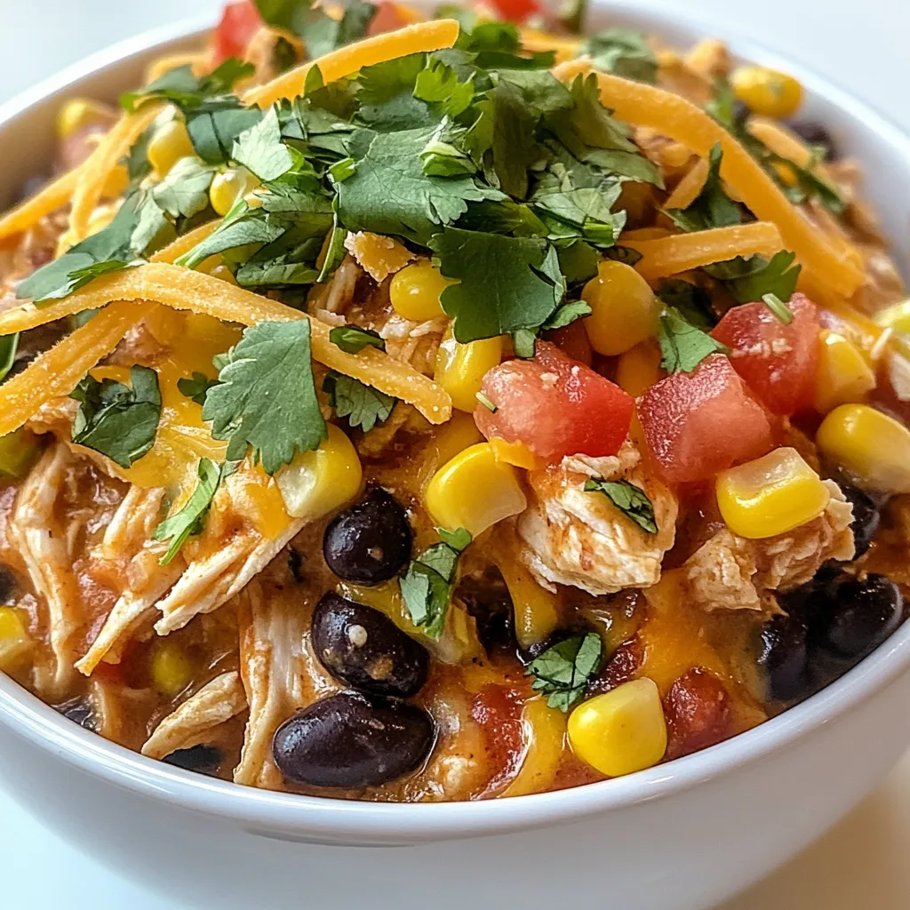 - 2 lbs boneless, skinless chicken breasts - 1 can (15 oz) black beans, drained and rinsed - 1 can (15 oz) corn, drained - 2 cups enchilada sauce - 1 can (10 oz) diced tomatoes with green chilies The main ingredients are crucial for a tasty Crockpot Chicken Enchilada Casserole. The chicken is the star. It cooks down to a tender finish. Black beans and corn add texture and nutrition. Enchilada sauce gives that rich flavor. Diced tomatoes with green chilies add a zesty kick. - 1 teaspoon ground cumin - 1 teaspoon chili powder - 1/2 teaspoon garlic powder - 1/2 teaspoon onion powder The spices make your dish pop. Ground cumin gives warmth. Chili powder adds a little heat. Garlic and onion powders boost the flavor. These seasonings blend well together and enhance the dish. - 2 cups shredded cheddar cheese - 8 corn tortillas, cut into strips - Fresh cilantro, chopped - Sour cream Toppings take this casserole to the next level. Shredded cheddar cheese melts to create a creamy layer. Corn tortillas add crunch and help hold the dish together. Fresh cilantro brings bright flavor. Serve with sour cream for a cool finish. {{ingredient_image_2}} Start by placing the chicken breasts in the bottom of your crockpot. Make sure they are flat and even. Next, season the chicken with spices. Sprinkle ground cumin, chili powder, garlic powder, and onion powder evenly over the chicken. This step is key for adding rich flavor. Now, pour the enchilada sauce over the seasoned chicken. Ensure the chicken is fully coated. This will help infuse the flavors. On top of the chicken, layer the black beans, corn, and diced tomatoes with green chilies. Each ingredient adds a unique taste and texture. Cover the crockpot and set it to cook. You can choose to cook on low for 6-7 hours or high for 3-4 hours. The chicken should be tender and easy to shred when done. After the cooking time, shred the chicken directly in the crockpot using two forks. Mix it with the other ingredients to create a well-combined base. Next, take half of the tortilla strips and layer them over the shredded chicken mixture. Then, sprinkle one cup of cheddar cheese on top. This adds a creamy, cheesy goodness. Place the remaining tortilla strips on top. Pour the rest of the enchilada mixture over these strips. Finally, add the second cup of shredded cheese on top. Cover the crockpot again and cook for an additional 30 minutes on low. This step allows the cheese to melt and bubble, creating a delicious topping. The result will be a warm, cheesy, and hearty casserole that is hard to resist. - Best practices for slow-cooking chicken: Use boneless, skinless chicken breasts for easy shredding. Place them at the bottom of your crockpot. This keeps them moist. Cover the chicken with spices and enchilada sauce. This ensures juicy, flavorful chicken. - Ensuring even seasoning distribution: Sprinkle spices evenly over the chicken. Mix the spices into the sauce. This helps every bite taste great. Stir the ingredients gently before cooking. This way, all flavors blend well. - Tips for layering tortillas and cheese: Cut corn tortillas into strips for easy layering. Place half of the strips over the chicken mix. Add one cup of cheese on top. Then, add the rest of the tortilla strips and pour more enchilada sauce. Finally, sprinkle the last cup of cheese. This creates a tasty, layered dish. - How to serve without breaking layers: Use a large spoon to scoop out portions. Start from the edge of the crockpot. This helps keep the layers intact. Serve directly from the crockpot or transfer to a dish. Either way, be gentle while serving. - Suggestions for additional spices or toppings: You can add a pinch of cayenne for heat. Consider fresh lime juice for brightness. Top with avocado slices or jalapeños for extra flavor. Cilantro adds a fresh touch too. - Homemade enchilada sauce vs. store-bought: Homemade sauce can be richer in flavor. It allows you to control the spice level. Store-bought saves time and effort. Choose based on your needs for ease or taste. Both options work well in this casserole. Pro Tips Use Thighs for More Flavor: For a juicier and more flavorful casserole, consider using boneless, skinless chicken thighs instead of breasts. Layering is Key: When adding the tortilla strips, ensure they are evenly layered to help absorb the sauce and prevent sogginess. Add Extra Veggies: Feel free to toss in additional vegetables like bell peppers or zucchini to increase the nutrition and flavor profile. Customize the Heat: Adjust the level of spiciness by selecting a mild or hot enchilada sauce based on your preference. {{image_4}} You can easily change proteins in this dish. Instead of chicken, try ground beef or beans for a hearty option. Both will add a unique taste. Using different cheese types can also change the flavor. Try Monterey Jack or pepper jack for a twist. If you need gluten-free tortillas, look for brands made from corn or rice. They work well in this recipe. For a vegan version, swap the chicken for jackfruit or tofu. Use vegan cheese to keep it plant-based and delicious. Adding veggies boosts nutrition and flavor. Bell peppers, zucchini, or corn enhance the dish. Adjust spice levels to your taste. If you like it mild, use less chili powder. For heat, add jalapeños or extra chili powder. Experiment to find your perfect blend. Store your leftover casserole in the fridge. Place it in an airtight container. This keeps it fresh. Make sure to cool it down first. Try to eat it within three days for the best taste. To reheat, you can use the microwave or oven. For the microwave, place a portion in a bowl. Heat it in short bursts, stirring in between. If using the oven, preheat it to 350°F. Cover the casserole with foil to keep it moist. Heat for about 20 minutes. This helps keep the texture and flavor intact. You can freeze the casserole before or after cooking. If freezing before cooking, layer all ingredients in a freezer-safe dish. Wrap it tight with plastic wrap and then foil. If freezing after cooking, let it cool first. Then, portion it out in airtight containers. It stays good for up to three months. Prep time for this dish is just 15 minutes. You can cook it on low for 6-7 hours. If you are short on time, use the high setting for 3-4 hours. The long cook time helps the flavors blend well. Your chicken will become tender and juicy. Yes, you can use frozen chicken breasts. Just add them to the crockpot without thawing. This will add about an hour to your cooking time on low. Make sure to check that the chicken is cooked through before serving. Using frozen chicken saves time and effort. This casserole pairs well with many sides. Here are a few great options: - Mexican rice - Refried beans - A fresh green salad - Cornbread These sides add more flavor and texture to your meal. They also make it more filling. Yes, this recipe can be kid-friendly. Here are some tips to adjust the flavors: - Reduce the chili powder for less heat. - Serve without the spicy tomatoes. - Add cheese on top for extra creaminess. These small changes can make the dish more appealing to younger eaters. You can prep this dish in advance. Prepare all the ingredients and place them in the crockpot. Cover it and store it in the fridge. When you're ready, just plug it in and start cooking. This saves time on busy days and makes dinner easier. This blog post covered a simple Crockpot Chicken Enchilada Casserole recipe. You learned about key ingredients, step-by-step instructions, useful tips, and fun variations. You can prepare this dish easily for any occasion. It’s adaptable to your tastes, making it a go-to meal. Enjoy making your casserole with friends or family. I hope you create a delicious and satisfying meal that everyone loves.