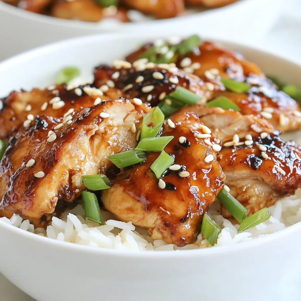 To make Sticky Chicken Rice Bowls, gather these fresh and tasty ingredients: - 2 cups jasmine rice - 4 cups chicken broth - 1.5 lbs boneless, skinless chicken thighs - 1/4 cup soy sauce - 1/4 cup honey - 2 tablespoons sesame oil - 3 cloves garlic, minced - 1 inch piece of fresh ginger, grated - 1 tablespoon rice vinegar - 1/4 teaspoon crushed red pepper flakes (optional) - 1/4 cup green onions, chopped (for garnish) - 1 tablespoon sesame seeds (for garnish) - Salt and pepper to taste These ingredients work together to create a rich flavor that makes each bite a delight. Jasmine rice offers a fragrant base. Chicken broth adds depth and warmth. For the chicken, I suggest using boneless, skinless thighs. They stay juicy and tender. The combo of soy sauce and honey gives that sweet and savory taste we crave. Sesame oil, garlic, and ginger bring an aromatic touch. You can add rice vinegar and red pepper flakes for a little kick. Don't forget the garnishes! Chopped green onions and sesame seeds add crunch and color. They make the dish look beautiful and appetizing. Gather all these ingredients, and let's start cooking! {{ingredient_image_2}} First, rinse the jasmine rice in cold water. This step removes extra starch. Keep rinsing until the water runs clear. Next, boil four cups of chicken broth in a medium saucepan. Add the rinsed rice and lower the heat. Cover the pot and let it simmer for 15 to 20 minutes. When the rice absorbs all the broth, remove it from heat. Keep it covered for another 5 minutes to help it steam. Finally, fluff the rice with a fork before serving. Now, let’s make the marinade. In a large mixing bowl, combine soy sauce, honey, sesame oil, and minced garlic. Add grated ginger and rice vinegar to the mix. If you want some heat, toss in crushed red pepper flakes. Whisk all these ingredients together until well blended. This marinade packs in a lot of flavor. Take 1.5 pounds of boneless, skinless chicken thighs. Place them in a large bowl or resealable bag. Pour the marinade over the chicken. Make sure every piece is covered well. For the best taste, let it marinate in the fridge for at least 30 minutes. If you have more time, two hours is even better. Heat a non-stick skillet over medium-high heat. Remove the chicken from the marinade, but keep the marinade for later. Sear the chicken in the hot pan for about 6 to 7 minutes on each side. The chicken should turn golden brown and reach an internal temperature of 165°F. Once done, transfer the chicken to a cutting board. Let it rest for a few minutes before slicing it into strips. In the same skillet, pour in the reserved marinade. Bring it to a boil and let it cook for 2 to 3 minutes. This step thickens the sauce and makes it safe to eat. Stir occasionally to prevent it from sticking to the pan. Grab your serving bowls and start with the rice as the base. Spoon out fluffy rice into each bowl. Next, arrange the sliced chicken on top of the rice. Drizzle the sticky sauce generously over the chicken. This adds flavor and makes the dish look great. To finish off, sprinkle chopped green onions and sesame seeds over the bowls. This adds color and a nice crunch. Serve the rice bowls hot, and enjoy your delicious Sticky Chicken Rice Bowls! Searing and grilling both work well for chicken. Searing gives a nice crust and keeps it juicy. Use a hot pan with a bit of oil. This way, you lock in flavors. Grilling adds a smoky taste. It’s great for summer meals. - Searing: - Preheat your non-stick skillet. - Cook chicken for about 6-7 minutes per side. - Look for a golden-brown color and check the temperature. - Grilling: - Preheat your grill to medium-high heat. - Place the chicken on the grill. - Cook until it reaches 165°F (75°C). If you need alternatives, try these for soy sauce and honey: - Soy Sauce: Use tamari for a gluten-free option. Coconut aminos are a great choice too. They offer a sweeter, milder flavor. - Honey: Maple syrup works well if you're vegan. Agave syrup can also be a good substitute. It adds sweetness without changing the flavor too much. Pair your Sticky Chicken Rice Bowls with tasty sides for a full meal. Here are some ideas: - Steamed Vegetables: Broccoli or green beans add color and crunch. - Salad: A fresh cucumber salad can balance the richness of the chicken. - Pickled Veggies: Try pickled carrots or radishes for a tangy kick. These sides enhance your meal, making it even more delightful. Enjoy! Pro Tips Marinate Longer for Flavor: The longer you marinate the chicken, the more flavor it will absorb. Aim for at least 1 hour for the best results. Use Fresh Ingredients: For the best taste, always use fresh garlic and ginger. They provide a vibrant flavor that dried versions cannot match. Check Rice Consistency: After cooking, if the rice seems too dry, add a splash of chicken broth and fluff it again for a perfect consistency. Garnish for Color: Don't skip the green onions and sesame seeds! They add not only flavor but also a beautiful presentation to your dish. {{image_4}} You can easily make this dish vegetarian. Swap chicken with tofu or veggies. Firm tofu works best. Press it to remove extra moisture. Cut it into cubes and marinate just like chicken. For veggies, try broccoli, bell peppers, or mushrooms. These add great taste and texture. Cook them until tender, then follow the same steps as for chicken. You’ll still enjoy that sticky sauce! If you need a gluten-free meal, simply substitute some ingredients. Use tamari instead of soy sauce. It's a gluten-free sauce that tastes great. Ensure your rice vinegar is also gluten-free. Check labels on all products to be safe. This way, you can enjoy your sticky chicken rice bowls without worry. Want to kick up the flavor? Add spices or sauces to the marinade. Try a teaspoon of smoked paprika for a smoky taste. A splash of sriracha can add some heat. Fresh herbs like cilantro or basil can brighten the dish. You can also drizzle some hoisin sauce over the finished bowls. These ideas will make your sticky chicken rice bowls even more delightful! To keep your Sticky Chicken Rice Bowls fresh, follow these steps: - Cool Down: Let the bowls cool to room temperature before storing. This helps avoid moisture buildup. - Use Airtight Containers: Store the rice and chicken in separate airtight containers. This keeps the rice fluffy and chicken juicy. - Refrigerate: You can safely refrigerate your leftovers for 3 to 4 days. Keep an eye on the chicken; it can spoil fast. - Freezing: If you want to store them longer, freeze the chicken and rice. Use freezer-safe bags or containers. They can last up to 3 months in the freezer. Reheating your Sticky Chicken Rice Bowls correctly is key to keeping them tasty: - Thaw First: If frozen, thaw the chicken and rice overnight in the fridge. - Use the Microwave: Place the rice in a microwave-safe bowl. Add a splash of water to keep it moist. Heat for 1-2 minutes, stirring halfway through. - Reheat Chicken: Warm the chicken on a skillet over low heat. Add a little water or leftover sauce to keep it juicy. This usually takes about 5 minutes. - Check Temperature: Ensure the chicken reaches an internal temp of 165°F (75°C) before serving. This step makes sure it is safe to eat. Enjoy your meal just as delicious as when you first made it! To add heat, try these options: - Mix in more crushed red pepper flakes. - Add a splash of sriracha or chili sauce. - Use spicy soy sauce for extra kick. - Serve with pickled jalapeños on the side. These tweaks will amp up the flavor and make your dish more exciting. Yes, meal prepping is easy! - Cook the rice and chicken ahead of time. - Store each in airtight containers separately. - Keep the sticky sauce in a small jar. When you're ready to eat, reheat and assemble the bowls. This way, you enjoy fresh meals all week! These pair nicely: - Steamed broccoli or green beans for crunch. - A light salad with sesame dressing for freshness. - A refreshing drink like iced tea or lemonade. These sides complement the sticky chicken well! Leftovers stay good for: - 3 to 4 days in the fridge. - Up to 3 months in the freezer. Make sure to label your containers for easy access later. Proper storage keeps your meals tasty! This blog post covered all the essentials for making delicious Sticky Chicken Rice Bowls. You learned about the key ingredients, from jasmine rice to the chicken marinade. I went through each cooking step, including tips for marinating and preparing the sauce. We also explored variations like vegetarian and gluten-free options. Now, you can create a flavorful meal tailored to your taste. Enjoy making this dish, and remember, each bowl is just a bit of practice away from perfection. Happy cooking!