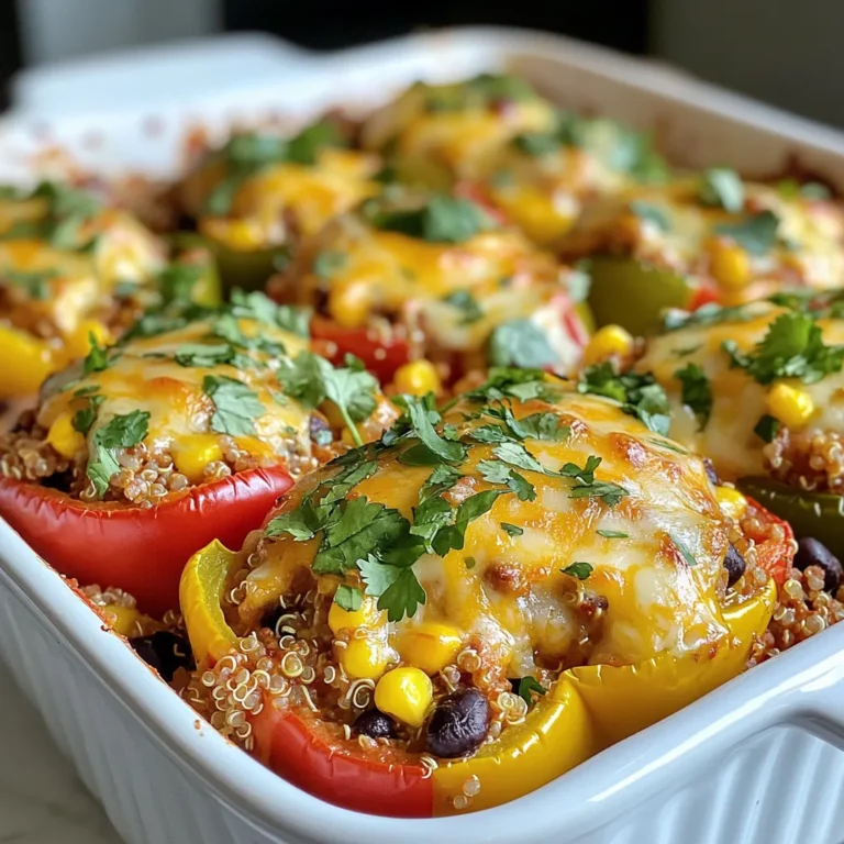 - 4 bell peppers (any color), diced into bite-sized pieces - 1 lb ground turkey or lean beef - 1 cup cooked quinoa or rice (white or brown) - 1 can (15 oz) diced tomatoes, including juices - 1 cup black beans, thoroughly drained and rinsed - 1 cup corn kernels (fresh or frozen for convenience) - 1 medium onion, finely chopped - 2 cloves garlic, minced - 1 tablespoon chili powder - 1 teaspoon ground cumin - Salt and freshly ground pepper to taste - 1 cup shredded cheese (cheddar, Mexican blend, or your favorite variety) - Fresh cilantro leaves for garnish (optional) When I make stuffed pepper casserole, I love using bright bell peppers. You can pick any color you like. They add great taste and a fun look. Ground turkey or lean beef gives the dish its hearty base. I often use quinoa or rice for extra texture and fiber. Diced tomatoes bring moisture and flavor, while black beans and corn add a nice crunch. I always chop a medium onion and mince two garlic cloves. These are key for flavor. I use chili powder and cumin for warmth, salt, and pepper for taste. A good mix of cheese on top makes it extra tasty and gooey. Fresh cilantro can brighten the dish with a pop of green, but it’s totally up to you! This mix of ingredients makes a meal that is both filling and delicious. Each bite offers a burst of flavors that everyone in the family will enjoy. {{ingredient_image_2}} - Preheat the oven to 375°F (190°C). - Chop 4 bell peppers into bite-sized pieces. - Prepare 1 pound of ground turkey or lean beef. - Measure 1 cup of cooked quinoa or rice. - In a large skillet, add 1 chopped onion and 2 minced garlic cloves. - Sauté over medium heat for 3-4 minutes until soft. - Add the ground meat and cook for 5-7 minutes until browned. - Stir in the diced bell peppers, 1 can of diced tomatoes, 1 cup black beans, and 1 cup corn. - Add 1 tablespoon of chili powder, 1 teaspoon of cumin, salt, and pepper. - Mix everything well and cook for another 5 minutes. - Transfer the mixture to a greased 9x13-inch casserole dish. - Sprinkle 1 cup of shredded cheese on top of the casserole. - Cover the dish with aluminum foil and bake for 25 minutes. - Remove the foil and bake for another 10-15 minutes until the cheese is bubbly and golden. - Let the casserole rest for a few minutes before serving. - Optionally, garnish with fresh cilantro leaves for extra color. To make your stuffed pepper casserole perfect, focus on cooking times and flavors. For cooking, bake covered for 25 minutes first. Then, bake uncovered for 10-15 minutes. This method keeps the cheese melty and golden. You want to make sure your casserole is hot all the way through. To add more flavor, try using fresh herbs. Consider adding chopped cilantro or parsley right before serving. You can also mix in some spicy jalapeños if you want heat. Substituting smoked paprika for chili powder gives a nice twist too. When serving, you can dish it out straight from the casserole. This gives a cozy feel. For a fancier touch, spoon it into individual bowls. Serve with crusty bread or a fresh garden salad on the side. This adds color and balance to your meal. For drinks, pair your casserole with a light white wine or sparkling water. This enhances the flavors and makes the meal feel special. Pro Tips Choose the Right Peppers: Opt for a mix of colorful bell peppers for a vibrant dish. Each color brings a slightly different flavor and enhances the visual appeal. Customize Your Protein: Feel free to substitute ground turkey or beef with a plant-based protein or chicken. This recipe is versatile and welcomes your favorite protein choice! Layer Your Flavors: Incorporate additional spices like smoked paprika or cayenne for a kick. You can also add chopped jalapeños for extra heat! Make It Ahead: Prepare the casserole a day in advance and store it in the fridge. This allows the flavors to meld beautifully; just bake it when you're ready to serve! {{image_4}} When cooking stuffed pepper casserole, you can switch up the proteins. Instead of ground turkey or lean beef, try ground chicken or even tofu for a plant-based option. This variety helps keep meals fresh and exciting. For grains, quinoa and rice are great, but you can also use couscous or even farro. These options add different textures and flavors. Each grain brings its own charm to the dish, making it more fun to eat. If you want to make the casserole vegetarian or vegan, simply skip the meat. Use black beans or lentils for protein. These swaps offer a hearty feel, and your casserole will still taste amazing. For a gluten-free version, ensure that your grains are gluten-free. Quinoa is a fantastic choice here. You can also check your spices and canned goods for gluten-free labels. This way, everyone can enjoy your delicious meal without worry. To store your stuffed pepper casserole, let it cool down first. Place any leftovers in an airtight container. This helps keep the flavors fresh. You can store it in the fridge for up to four days. If you want to keep it longer, consider freezing it. When it's time to enjoy leftovers, I recommend using the oven. Preheat your oven to 350°F (175°C). Place the casserole in a baking dish and cover it with foil. Heat for about 20 minutes. This keeps the cheese nice and melty. You can also use the microwave. Just warm individual portions for one to two minutes, but it might lose some texture. Enjoy your meal the way you like! Can I freeze stuffed pepper casserole? Yes, you can freeze stuffed pepper casserole. After cooking, let it cool completely. Then, wrap it tightly in plastic wrap or foil. Place it in a freezer bag or container. It can last for about three months. How long does it take to cook from frozen? To cook from frozen, preheat your oven to 375°F (190°C). Bake the casserole for about 50-60 minutes. Make sure to cover it with foil for the first 30 minutes. This helps it heat evenly. Can I use different vegetables? Absolutely! You can swap in other veggies like zucchini, mushrooms, or carrots. Just dice them small so they cook well. Mixing different vegetables adds great flavor and color. Can I make it in a slow cooker? Yes, you can use a slow cooker. Brown the meat and sauté the onion and garlic first. Then, mix all ingredients in the slow cooker. Cook on low for about 4-6 hours or on high for 2-3 hours. What cheese works best? Cheddar cheese is a popular choice because it melts well. You can also use a Mexican blend for extra flavor. Mozzarella gives a nice stretchy texture, too. How do I make it spicier? To add spice, use more chili powder or add jalapeños. You can also mix in some cayenne pepper or hot sauce. Start with a little and taste as you go to find the right heat. This article explored how to make a delicious stuffed pepper casserole. We covered main ingredients like bell peppers, ground turkey, and quinoa, plus savory seasonings. You learned step-by-step instructions for prep, cooking, and baking. I shared tips for perfecting your dish and serving it well. In the end, have fun with variations and dietary adjustments. Your creativity will make this dish uniquely yours. Enjoy cooking and sharing this tasty meal!