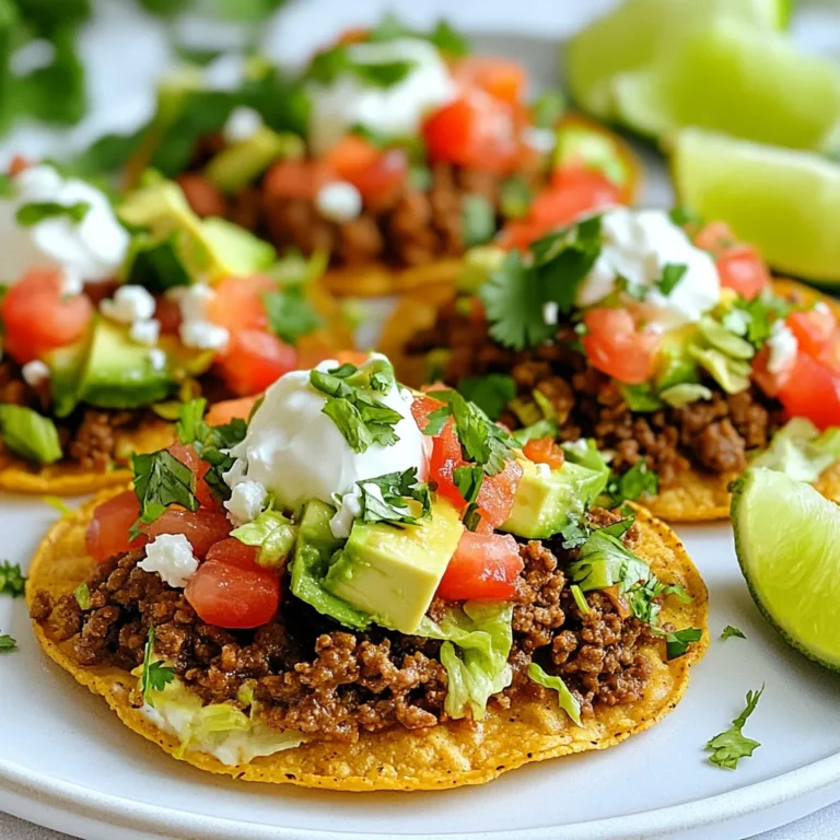- 1 lb ground beef - 8 crisp tostada shells - 1 cup refried beans (store-bought or homemade) - 1 cup shredded romaine lettuce - 1 cup fresh tomatoes, diced - ½ cup queso fresco, crumbled - ½ cup sour cream - 1 ripe avocado, sliced - Fresh cilantro leaves for garnish - Lime wedges for serving - 1 teaspoon chili powder - 1 teaspoon ground cumin - ½ teaspoon smoked paprika - Salt and freshly ground black pepper to taste - Extra toppings: jalapeños, black olives, or corn - Variations in beans: pinto, black, or white beans - Cheese alternatives: cheddar, feta, or pepper jack cheese Using fresh, high-quality ingredients makes a big difference. The ground beef brings flavor and richness to the tostadas. Crisp tostada shells add a satisfying crunch. Fresh toppings like lettuce, tomatoes, and avocado brighten the dish. Choose your favorite beans to add creaminess and depth. Feel free to mix in different cheeses for a twist. Each topping adds a layer of flavor. This makes your tostadas unique and fun! {{ingredient_image_2}} Heating the Oil and Sautéing Onion Start by heating the olive oil in a large skillet over medium heat. Add the diced onion and minced garlic. Sauté them for 3-4 minutes. You want the onion to soften and turn clear. Browning the Ground Beef Next, raise the heat to medium-high. Add 1 pound of ground beef to the skillet. Use a spatula to break it into small bits. Cook until the beef is brown and not pink anymore, about 5-7 minutes. Adding Spices and Seasoning Now it’s time to add flavor. Sprinkle in 1 teaspoon each of chili powder and ground cumin. Also, add ½ teaspoon of smoked paprika, and season with salt and black pepper. Stir well and cook for another 2-3 minutes. This helps all the flavors mix together. Instructions for Preheating Oven While the beef cooks, preheat your oven to 375°F (190°C). This step ensures your tostadas get crispy. Toasting Tostada Shells Place the tostada shells on a baking sheet in a single layer. Toast them in the oven for about 5 minutes. You want them to be crispy and lightly browned. Spreading Refried Beans Once your tostadas are ready, take them out of the oven. Spread 1 cup of refried beans across each shell. Make sure you cover the whole surface evenly for the best taste. Layering the Ground Beef and Fresh Toppings Next, add the seasoned ground beef mixture on top of the beans. Then, layer on a handful of shredded romaine lettuce and diced fresh tomatoes. Finish this step with crumbled queso fresco. Drizzling with Sour Cream To top it off, add a dollop of sour cream on each tostada. You can also add sliced avocado for a creamy touch. Don’t forget to sprinkle fresh cilantro leaves for color and flavor. Cooking Techniques for Juicy Beef To make juicy beef, start with a hot skillet. Heat olive oil first. Then, sauté diced onion and minced garlic until soft. This adds great flavor. When adding the ground beef, break it apart well. Cook until it is browned, about 5-7 minutes. Don’t rush this step; it makes a big difference. Flavor Enhancements with Spice Adjustments You can boost flavor by adjusting spices. Add more chili powder for heat. If you like smokiness, increase the smoked paprika. Tasting as you go is key. This way, you can find the perfect balance for your taste. Visual Appeal and Garnishing Tips Presentation matters! Use colorful toppings to make each tostada pop. Layer the toppings neatly, so they look great. A sprinkle of cilantro adds a fresh touch. Lime wedges not only look nice but add zest when squeezed on top. Serving Suggestions with Fresh Ingredients Serve tostadas on a large platter for sharing. Fresh ingredients like ripe avocado and diced tomatoes make each bite fresh. You can also set out toppings like sour cream and extra cheese. Let everyone customize their own tostada! Making Your Own Tostada Shells Homemade tostada shells are easy to make. Simply bake corn tortillas in the oven. Brush them with olive oil and bake until crispy. This adds a personal touch and can impress your guests. Suggested Flavorful Bean Recipes For a tasty twist, try different bean recipes. Black beans or pinto beans can add a new flavor. You can season them with garlic and cumin for a rich taste. Or, mash them with lime juice for a fresh kick. Pro Tips Use Fresh Ingredients: Opt for fresh tomatoes and ripe avocados to maximize flavor and texture in your tostadas. Customize Your Spice Level: Adjust the amount of chili powder based on your heat preference to personalize your tostadas. Make Ahead: Prepare the beef mixture and refried beans in advance to save time when assembling your tostadas. Garnish Creatively: Experiment with different garnishes like sliced jalapeños or diced red onions for added flavor and visual appeal. {{image_4}} You can switch up the meat for your tostadas. Ground turkey makes a lean, tasty choice. It cooks much like beef and absorbs flavors well. Ground chicken is another great option. It is light and works well with spices. For a vegetarian option, try lentils or black beans. Cook the lentils with spices to boost flavor. Mashed black beans also add a rich taste to your tostadas. Both options give you a hearty meal without meat. Cheese can change the taste of your tostadas. While queso fresco is classic, try crumbled feta or pepper jack for a twist. These cheeses add creaminess and a bit of spice. Fresh herbs can make your tostadas pop. Try adding chopped cilantro or fresh parsley. You could also use green onions for a mild onion flavor. Slices of jalapeños can add heat if you like spicy food. You can serve tostadas in different ways. Tostada salad bowls are fun and easy. Just layer your ingredients in a bowl instead of on a shell. This lets you mix everything together with each bite. For a party, serve tostadas with salsas and dips. Guacamole or pico de gallo pairs well with the crunchy shells. You can also offer a yogurt dip for a cool contrast to the spices in the meat. To keep your tostadas fresh, store them properly. For leftovers, place the components in separate containers. This way, the tostada shells stay crisp. The ground beef and toppings like lettuce and tomatoes can get soggy if mixed. Use airtight containers for the best results. - Tostada shells: Store in a cool, dry place. - Ground beef: Keep in the fridge for up to 3 days. - Fresh toppings: Use within 1-2 days for best flavor. If you want to freeze your tostada parts, follow these tips. Wrap cooked ground beef tightly in plastic wrap. Place it in a freezer-safe bag. You can freeze it for up to 3 months. For the shells, store them in a sealed bag. They will stay fresh for several months. To enjoy your tostadas again, reheating is key. You want to keep them crispy. The oven is the best method. Preheat it to 375°F (190°C). Place the tostadas on a baking sheet. Heat for about 5 minutes. Check to make sure they are warm and crisp. If you use the microwave, the tostadas might get soggy. If that’s your only option, heat them for just a few seconds. - Oven method: Best for crispiness. - Microwave method: Quick but may lose crunch. It is important to know how long your ingredients last. Fresh toppings like lettuce and tomatoes last about 3-5 days in the fridge. Keep them in a crisper drawer or a sealed bag. Prepared refried beans stay good for about a week in the fridge. Store them in an airtight container. If you make your own, use them within 3-4 days. Always check for any off smell or color changes before using. Tostadas are flat, crispy tortillas. They are often made from corn. In Mexico, tostadas hold a special place in meals. They can be topped with many ingredients. You might find beans, meats, and fresh veggies on them. Tostadas are great for gatherings. They allow each person to build their own dish. This adds fun to any meal! Yes, you can prepare tostadas ahead of time. It helps save time on busy days. Cook the ground beef and store it in the fridge. You can also warm the tostada shells in the oven. Keep the toppings fresh until you serve them. This way, everything stays crispy. For meal prep, assemble the toppings in containers. Just layer them on the shells when you're ready to eat! If you want to swap out refried beans, you have options. You can use black beans or pinto beans. Just mash them for a similar texture. Another choice is hummus for a unique taste. For a lighter option, try guacamole. Each substitute gives a different flavor. Feel free to experiment with your favorite beans! Making tostadas is simple and fun. We covered the key ingredients, like ground beef and spices, and how to cook and assemble them. I shared tips for perfecting your beef and making your tostadas look great. You can explore different proteins and toppings to fit your taste. Plus, I offered advice on storing and reheating leftovers. Tostadas are versatile and ready for any meal. Enjoy them your way and keep experimenting!