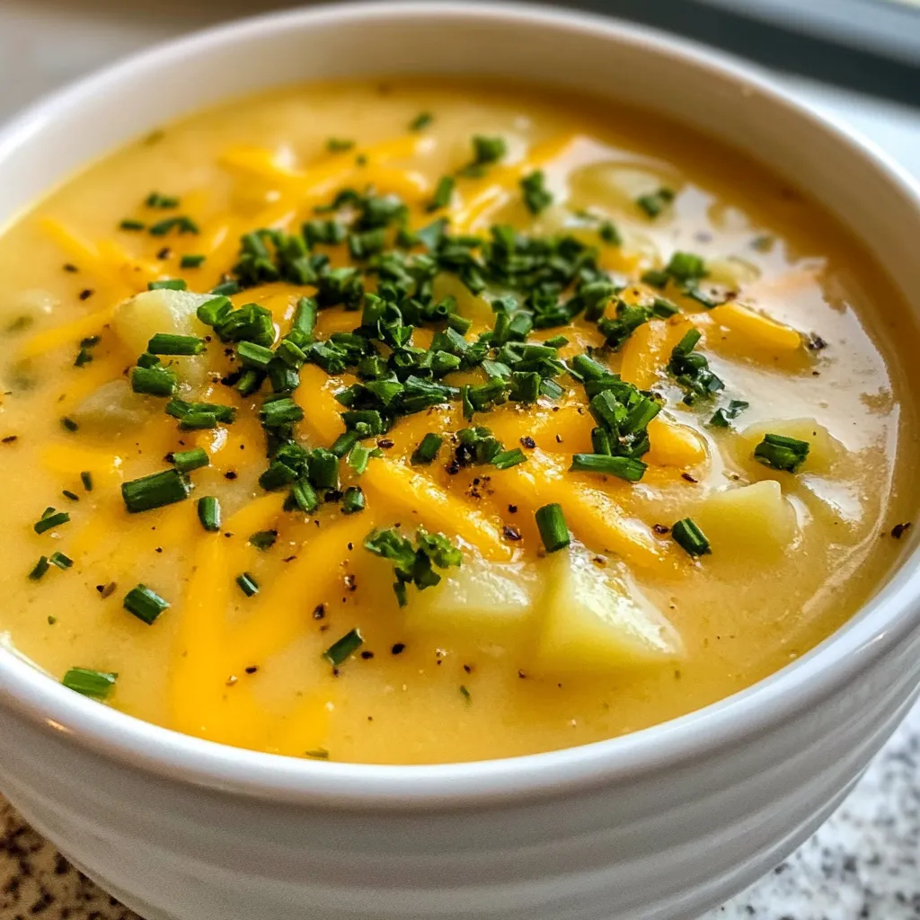 To make this tasty soup, gather these ingredients: - 4 medium russet potatoes, peeled and diced into 1-inch cubes - 4 cups vegetable broth - 1 cup sharp cheddar cheese, freshly grated - 1 medium onion, finely diced - 4 cloves garlic, minced - 1 cup heavy cream - 2 tablespoons extra virgin olive oil - 1 teaspoon dried thyme - 1 teaspoon dried rosemary - Salt and freshly cracked pepper to taste - Fresh chives, finely chopped, for garnish Each ingredient plays a key role in creating rich flavors. The russet potatoes give the soup a creamy base. Sharp cheddar adds depth and a great cheesy flavor. Fresh garlic and herbs boost the taste, while heavy cream brings smoothness. You can swap some ingredients if needed: - Potatoes: Try Yukon Gold for a buttery flavor or sweet potatoes for sweetness. - Broth: Use chicken broth if you want a meaty taste. - Cheese: Substitute with gouda or mozzarella for different cheese notes. - Cream: Swap heavy cream with half-and-half for a lighter version. - Herbs: Fresh herbs work too; use three times more than dried. These swaps can change the soup's flavor, making it fun to experiment. Adding garnishes can enhance taste and presentation: - Croutons: Add crunchy texture for a fun twist. - Bacon Bits: Sprinkle for a smoky flavor. - Sour Cream: A dollop offers tanginess. - Extra Herbs: More fresh chives or parsley can brighten it. Feel free to mix and match these toppings to personalize your soup! {{ingredient_image_2}} Start by heating two tablespoons of extra virgin olive oil in a large pot over medium heat. Wait until the oil shimmers. Then, add one medium onion, finely diced. Sauté the onion for about five minutes. You want it to be soft and clear. This step builds a rich base for the soup. Next, add four cloves of minced garlic. Cook for one more minute. The aroma will fill your kitchen. This smell is the first sign of flavor. Now, it’s time for the potatoes. Take four medium russet potatoes and peel them. Dice them into one-inch cubes. Add the diced potatoes to the pot with the onions and garlic. Pour in four cups of vegetable broth. Bring this mixture to a rolling boil. Once boiling, reduce the heat to low. Let the soup simmer for 15 to 20 minutes. You want the potatoes to be fork-tender. This means they should break apart easily. After the potatoes are soft, use an immersion blender. Blend the soup until it's smooth. If you want some texture, blend just half of it. This gives the soup a nice body and creaminess. Make sure to blend carefully. You don’t want to splash hot soup everywhere! Now we add the best part: the cream and cheese. Pour in one cup of heavy cream. Then, stir in one cup of freshly grated sharp cheddar cheese. Add one teaspoon of dried thyme and one teaspoon of dried rosemary. Season the soup with salt and freshly cracked pepper to taste. Let it simmer on low heat for five more minutes. You want the cheese to melt and the soup to heat through. Finally, taste the soup. Adjust the seasonings if needed. Serve the soup hot, garnished with fresh chives for color and taste. Enjoy your delicious Cheddar Garlic Herb Potato Soup! To get a smooth blend, use an immersion blender. It’s easy and less messy. If you don’t have one, you can carefully transfer the soup in batches to a regular blender. Make sure to let the steam escape to avoid splatters. Blend until the soup is creamy. If you like some chunks, blend only half of it. Want to boost the flavor? Try adding a splash of lemon juice for brightness. You can also mix in some smoked paprika for a warm, smoky taste. Fresh herbs like parsley or basil can add a fresh twist. For a bit of heat, consider adding red pepper flakes. These small additions can change the whole soup! One big mistake is not cooking the onions and garlic enough. They need to soften and become fragrant. Also, avoid rushing the simmering process. Letting the potatoes cook fully makes the soup creamy. Don’t skip seasoning. Taste as you go! This helps you find the right balance of flavors. Pro Tips Use Fresh Herbs: Fresh herbs can elevate the flavor of this soup. If you have access to fresh thyme and rosemary, use them instead of dried for a more vibrant taste. Choose the Right Potatoes: Russet potatoes provide the best texture for this soup due to their high starch content, which helps create a creamy consistency when blended. Adjust Creaminess: For a lighter version of the soup, you can substitute half of the heavy cream with low-fat milk or vegetable broth. Garnish for Flavor: Don't skip the fresh chives! They add a lovely oniony brightness that complements the rich flavors of the soup beautifully. {{image_4}} For a vegetarian or vegan version, swap heavy cream with coconut milk or cashew cream. Use vegetable broth, like in the original recipe. Replace cheddar cheese with a vegan cheese option or nutritional yeast for a cheesy flavor. This keeps the soup rich and creamy while being plant-based. If you want to add protein, crispy bacon or shredded chicken works great. For bacon, cook it first and set it aside. Use the bacon fat to sauté the onions and garlic for extra flavor. For chicken, add cooked, shredded chicken when mixing in the cheese and cream. This adds heartiness to the soup. You can adjust the spice level to fit your taste. If you like heat, add red pepper flakes or a pinch of cayenne pepper. Start with a small amount and taste as you go. For a milder version, stick to the herbs in the recipe. This way, you can tailor the soup to your preference. To store leftover soup, let it cool first. Then, transfer it to airtight containers. This keeps the soup fresh and tasty. You can store it in the fridge for up to three days. Always label the container with the date. This way, you know when to use it. For long-term storage, freezing is best. Pour the cooled soup into freezer-safe containers. Leave some space at the top for the soup to expand. You can freeze it for up to three months. When you're ready to eat, just thaw it in the fridge overnight. When reheating, do it slowly for the best taste. You can use the stove or microwave. If using the stove, heat on low while stirring. This keeps the soup smooth and creamy. If the soup seems thick, add a splash of broth or cream. This will bring it back to life! Yes, you can use other types of cheese. Gouda, Monterey Jack, or even a creamy Brie can work well. Each cheese gives a different taste and texture. Try mixing cheeses for a unique flavor. Just remember, the cheese should melt well for best results. To thicken the soup, you have a few options. You can add more potatoes and blend them in. Another way is to stir in cornstarch mixed with water. This mix will help the soup get a nice, thick texture. You can also let the soup simmer longer to reduce the liquid. Absolutely! Fresh herbs can add a bright flavor. Use about three times more fresh herbs than dried ones. For this soup, chop fresh thyme and rosemary finely. Add them right before serving for the best taste. Fresh chives as a garnish are also a great choice. In this post, we covered how to make Cheddar Garlic Herb Potato Soup. From choosing ingredients to blending methods, I shared steps to guide you through. We discussed tips for flavor and common mistakes to watch for. I also included variations to suit different diets and ideas for storage. Now, enjoy this cozy soup in your kitchen. With these details, you can create a tasty meal that warms the heart.