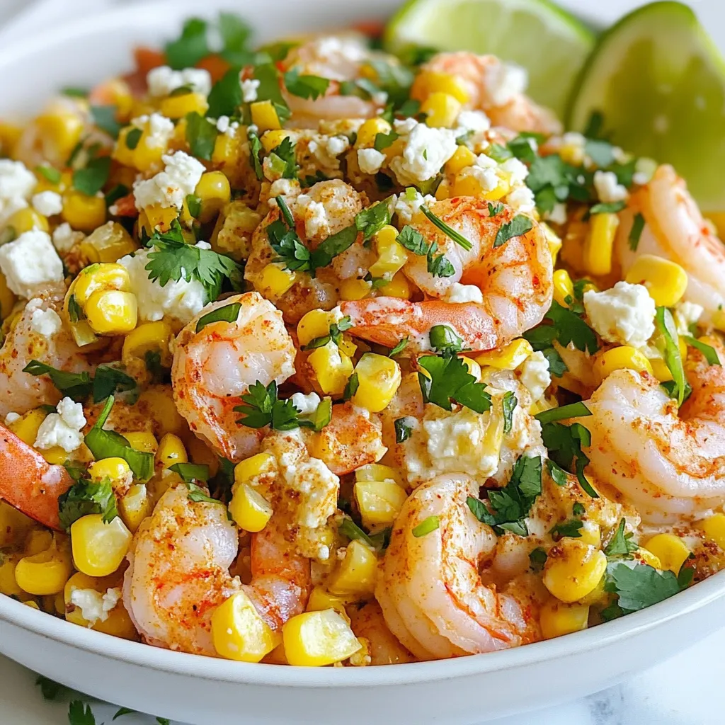 - 1 lb large shrimp, peeled and deveined - 2 cups corn kernels (fresh or frozen) - Smoked paprika, chili powder, lime juice, mayonnaise - Crumbled queso fresco, fresh cilantro, green onions - Lime wedges for serving - Presentation tips for a vibrant display For this dish, I love using large shrimp. They cook quickly and soak up flavors well. You can use fresh or frozen corn kernels. Both options work great, but fresh corn adds a nice crunch. The seasoning is key. Smoked paprika gives a warm, smoky taste, while chili powder adds a bit of heat. Lime juice brightens everything up. I mix mayonnaise with crumbled queso fresco and cilantro. This creamy blend ties the dish together. For serving, I suggest lime wedges on the side. They add freshness and let you adjust the flavor. To make the dish pop, serve it in a big bowl. Top it with sliced green onions for color and flavor. This simple yet vibrant meal is sure to impress! {{ingredient_image_2}} To start, heat a large skillet over medium-high heat. Add 2 tablespoons of olive oil. Let the oil warm for about a minute. Then, add 2 cups of corn kernels. I like to use fresh corn, but frozen works too. Sauté the corn for 5 to 7 minutes. Stir it often to avoid burning. You want the corn to get a nice golden-brown char. This adds flavor! Next, season the corn with 1 teaspoon of smoked paprika and 1 teaspoon of chili powder. Add salt and freshly ground black pepper to taste. Toss everything to coat the corn evenly. Once done, remove it from the heat and set the corn aside in a bowl. Now, in the same skillet, add 1 pound of large shrimp. Make sure they are peeled and deveined. Cook them in a single layer for 2 to 3 minutes on each side. The shrimp should turn pink and opaque when done. This is key to ensuring they are cooked properly. While the shrimp cook, squeeze 1 tablespoon of freshly squeezed lime juice over them. This adds a bright flavor that enhances the shrimp. Once they are cooked through, lower the heat. Return the sautéed corn to the skillet with the shrimp. Stir them together gently. This helps to mix the flavors well. In a separate bowl, whisk together 2 tablespoons of mayonnaise, 1/4 cup of crumbled queso fresco, and 1/4 cup of finely chopped cilantro. Mix until smooth. Now, pour this creamy mixture over the shrimp and corn. Toss everything lightly to coat each piece. Let it warm on low heat for about a minute. This brings all the flavors together. Your Mexican Street Corn Shrimp is now ready to enjoy! Cooking shrimp just right is key. Shrimp should turn pink and opaque. Overcooking makes them tough. Aim for 2-3 minutes on each side. Keep an eye on them to avoid this mistake. For corn, you want a nice char. Sauté it in olive oil until golden brown. This should take about 5-7 minutes. Stir often to get an even char. The flavor gets better with a bit of caramelization. To make your dish pop, try adding spices like cumin or garlic powder. These bring depth to the shrimp and corn. Fresh herbs like basil or oregano also add zest. Experiment with these to find your favorite mix. Cheese is vital in this dish. While queso fresco is great, you can try cotija or feta too. Each cheese gives a unique taste. Choose what you like best for a fun twist. Serve this dish in a bright bowl to show off the colors. Top it with sliced green onions for a fresh look. Lime wedges on the side are a must. They let everyone add a splash of citrus. Pair your meal with sides like black beans or a fresh salad. These balance the flavors and add more nutrition. Enjoying this dish with friends makes it even better! Pro Tips Fresh Shrimp is Key: Always choose fresh, high-quality shrimp for the best texture and flavor. If using frozen shrimp, ensure they are fully thawed and patted dry before cooking. Perfectly Charred Corn: For an even better flavor, try grilling the corn on the cob before removing the kernels. This adds a smoky depth that complements the shrimp beautifully. Cilantro Alternatives: If you're not a fan of cilantro, consider using fresh parsley or green onions as a substitute. They provide a fresh taste without the distinct cilantro flavor. Adjust Spice Levels: Feel free to adjust the amount of chili powder based on your spice preference. For a milder version, reduce the chili powder or omit it altogether. {{image_4}} You can easily swap shrimp for chicken or fish. Grilled chicken breast adds a hearty feel. White fish like tilapia or cod works great too. For a vegetarian option, try grilled vegetables. Zucchini, bell peppers, and mushrooms add a nice touch. This keeps the dish fresh and colorful. To make this dish gluten-free, simply use a gluten-free mayo. Many brands offer great choices. Check the label to ensure no hidden gluten. You can also skip the mayonnaise and use avocado instead. It adds creaminess and is packed with healthy fats. Love heat? Add diced jalapeños or a splash of hot sauce. Toss them in while cooking the shrimp. This will raise the flavor to a new level. Adjust the spice to fit your taste. Start with a little, and add more if you like it hot! To store leftover Mexican Street Corn Shrimp, first, let it cool down. Place the shrimp in an airtight container. This keeps flavors fresh and prevents spills. You can store it in the fridge for up to three days. When reheating, use a skillet over low heat. Add a splash of water to keep it moist. Stir gently until heated through. Avoid high heat to prevent rubbery shrimp. If you want to save Mexican Street Corn Shrimp for later, freezing is a great option. Place cooled shrimp in a freezer-safe bag. Remove as much air as you can before sealing. You can freeze it for up to three months. When you’re ready to eat, thaw it in the fridge overnight. To reheat, gently warm it in a skillet. Add a bit of oil or butter for better flavor. This helps keep the shrimp tender and juicy. In the refrigerator, the dish lasts about three days. If stored in the freezer, it can last up to three months. Always check for signs of spoilage. Look for an off smell or changes in color. If anything seems off, it’s best to toss it. I recommend using large shrimp for this dish. You can choose fresh or frozen shrimp. Fresh shrimp often taste better, but frozen shrimp are quick and easy to use. Look for shrimp that are labeled "wild-caught" for the best flavor. Make sure they are peeled and deveined before cooking. This saves time and makes the meal easier to enjoy. Yes, you can use canned corn in this recipe. It’s convenient and saves prep time. However, fresh corn has a better taste and texture. Canned corn can be softer and less sweet. If you choose canned corn, rinse it well to reduce sodium. This helps improve the flavor and keeps the dish from being too salty. You can pair this dish with many sides. A fresh green salad works well, as does rice or quinoa. For a Mexican twist, serve with tortilla chips or guacamole. You can also add a side of black beans for a hearty meal. Lime wedges are great to serve on the side for an extra zesty kick. This recipe combines shrimp and corn in a tasty way. Start with fresh shrimp and corn, then enhance flavors with smoked paprika and lime juice. Perfecting the shrimp and corn's texture makes a big difference. You can swap proteins, try gluten-free options, or spice it up. Store leftovers properly for the best taste. This dish is simple yet delicious, making it perfect for sharing. Enjoy your cooking and impress your family and friends!
