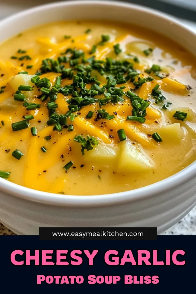 Warm up with this delicious Cheddar Garlic Herb Potato Soup! This creamy potato soup recipe is infused with aromatic herbs, making it an easy cheddar soup that’s perfect for any occasion. With just a handful of ingredients, you can whip up this comforting potato soup recipe that serves 4. Don’t miss out—pin this recipe for a cozy meal tonight! #CheddarGarlicPotatoSoup #CreamyPotatoSoupRecipe #HerbInfusedPotatoSoup #EasyCheddarSoup