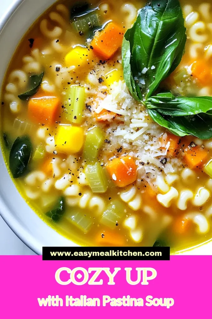 Warm up with this delicious Italian pastina soup, the ultimate comfort soup recipe perfect for chilly days. Made with healthy pasta soup ingredients like vegetable broth pastina, fresh veggies, and herbs, this easy Italian soup is not only nutritious but also quick to prepare. Make a batch today for a satisfying meal that everyone will love. Don't forget to save this recipe for later! #ItalianPastinaSoup #ComfortFood #HealthySoup #PastaLovers
