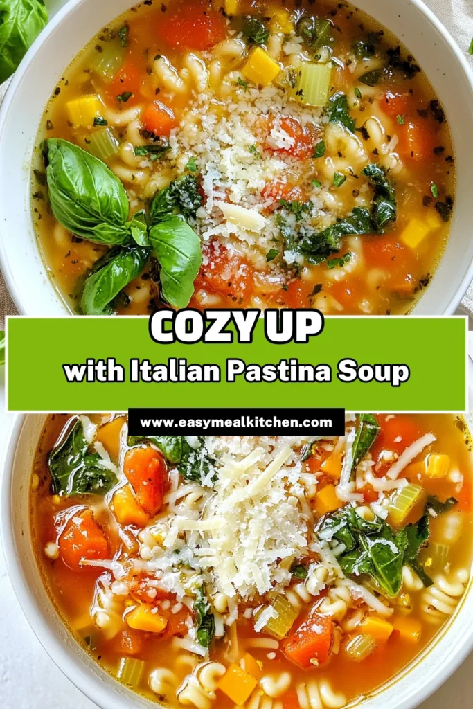 Warm up with this delightful Italian Pastina Soup, the perfect cozy vegetable soup recipe for any chilly day. This homemade pastina soup is packed with fresh veggies and flavors, making it a healthy Italian soup that’s also a vegetarian comfort food recipe. Ready in just 30 minutes, it’s an easy way to nourish your body. Don’t miss out on this comforting dish; save it for later and enjoy! #ItalianPastinaSoup #VegetarianComfortFood #CozySoup #HealthyEating