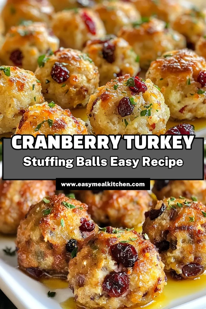 Delight your guests this holiday season with these savory cranberry turkey stuffing balls! Perfect for Thanksgiving, this easy turkey ball recipe combines shredded turkey, dried cranberries, and classic seasonings for a delicious appetizer or side dish. Bake them for a crispy finish and serve with cranberry sauce for a festive touch. Pin now to make the perfect addition to your holiday menu! #CranberryTurkeyStuffingBalls #ThanksgivingStuffingRecipes #SavoryTurkeyAppetizers #HolidaySideDishes