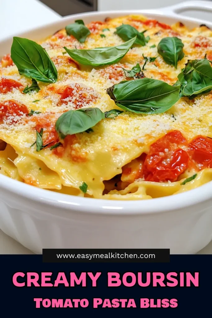 Indulge in the creamy goodness of Baked Boursin Tomato Pasta! This easy recipe features penne or fusilli pasta, rich Boursin cheese, and savory crushed tomatoes, all baked to perfection. With just a few simple ingredients and tips for presentation, you can impress your family and friends with a delicious meal. Click to discover the full recipe and make dinner a delightful experience! #BakedBoursinTomatoPasta #PastaRecipe #EasyDinner #ComfortFood