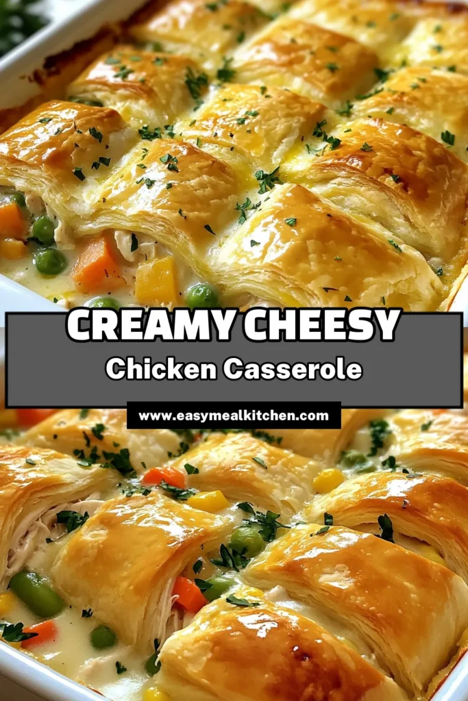 Indulge in comfort with this mouthwatering Cheesy Chicken Pot Pie Casserole! This Chicken Casserole Recipe is packed with shredded chicken, mixed veggies, and a creamy, cheesy blend hugged by golden crescent rolls. Perfect for easy dinner ideas that the whole family will love! Bake up this flavorful dish tonight for a cozy meal experience. Save this Cheesy Chicken Pot Pie Casserole recipe for your next family dinner! #ChickenCasseroleRecipe #ComfortFoodRecipes #EasyDinnerIdeas #CrescentRollCasserole