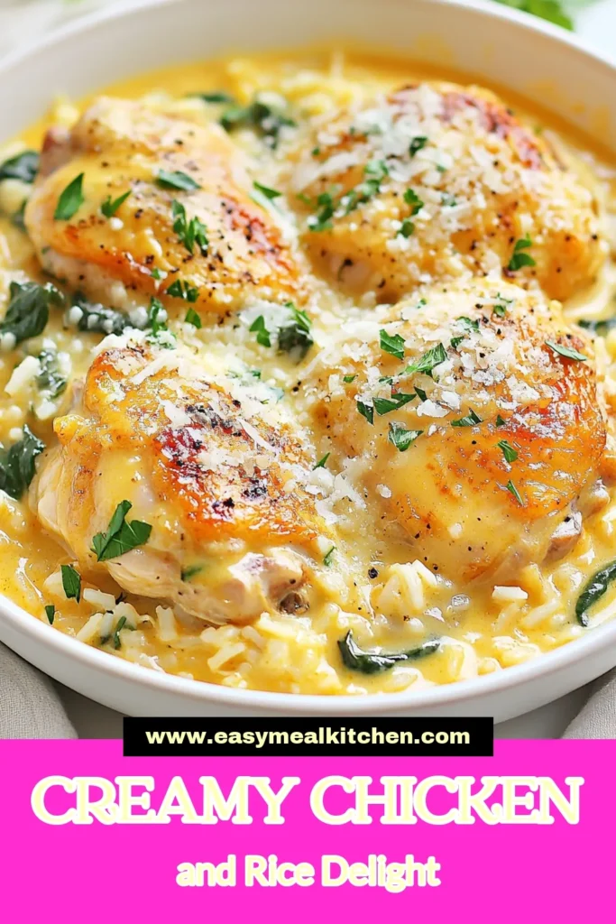 Indulge in this creamy chicken and rice dish that’s sure to impress! This easy smothered chicken recipe features tender chicken thighs with rice, creamy spinach, and a delightful Parmesan finish. Perfect for busy weeknights, this easy chicken dinner recipe is simple to prepare and full of flavor. Give it a try and elevate your dinner game! Save this creamy chicken and rice recipe for your next meal! #CreamyChickenAndRice #EasyChickenDinner #SmotheredChickenRecipe #ChickenThighsWithRice