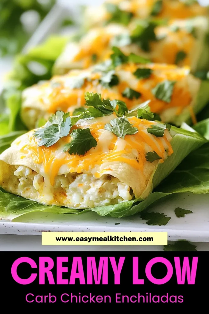 Indulge in these delicious low carb chicken enchiladas that are perfect for any meal! This creamy white chicken enchiladas recipe features shredded chicken, cream cheese, and cauliflower rice—making it a fantastic keto option. Wrap your filling in crisp lettuce for a unique twist on traditional enchiladas. Perfect for meal prep or a cozy dinner, these enchiladas are sure to impress. Try this easy recipe and elevate your low carb cooking! #LowCarbRecipes #KetoEnchiladas #HealthyEating #ChickenDinner