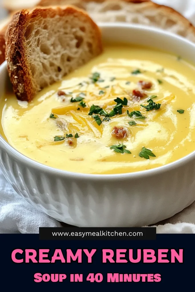 Warm up with this delicious creamy Reuben soup recipe that's perfect for any occasion. Featuring tender corned beef, tangy sauerkraut, and rich Swiss cheese, this chicken broth soup is comforting and flavorful. Discover how simple it is to create a hearty corned beef soup in just 40 minutes! Save this creamy Reuben soup for your next meal and enjoy the ultimate blend of flavors. Try it today! #ReubenSoup #CreamySoup #CornedBeef #ChickenBrothSoup
