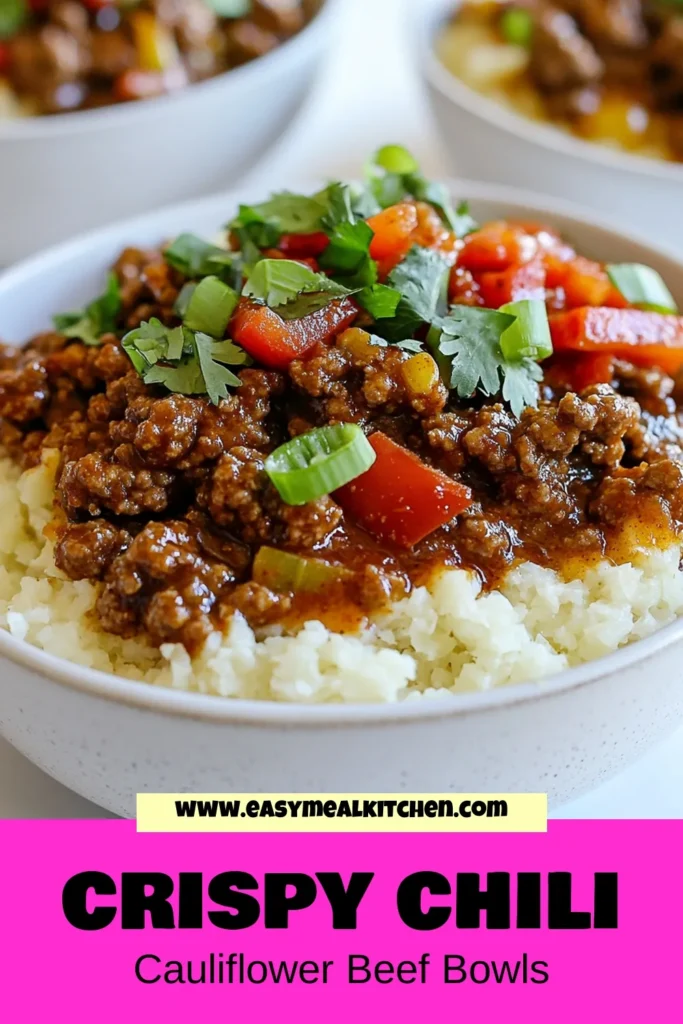 Discover the ultimate healthy beef bowls with this Crispy Chili Ground Beef Cauliflower Rice Recipe! Perfect for a low-carb lifestyle, these chili beef casserole inspired bowls are packed with flavor and nutrition. Enjoy the savory ground beef topped over sautéed riced cauliflower for a delightful meal. Make dinner fun and healthy—save this recipe for quick weeknight dinners! #CrispyChiliGroundBeef #CauliflowerRiceRecipe #LowCarbChiliBowls #HealthyBeefBowls