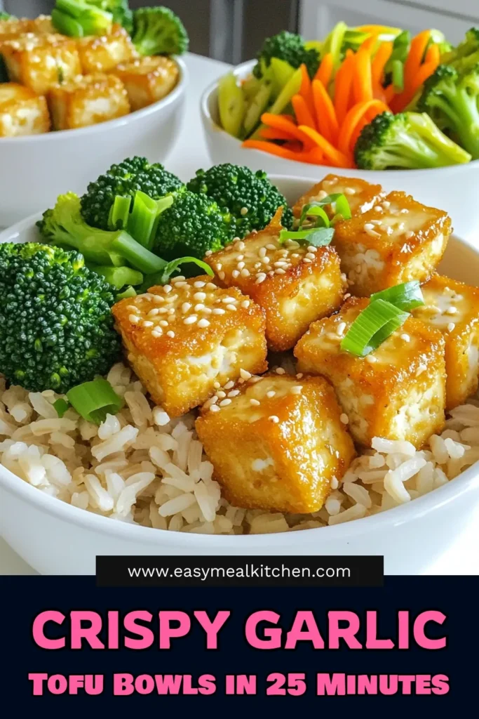Discover the ultimate recipe for Savory Crispy Garlic Tofu Bowls that are bursting with flavor and nutrition! This easy dish combines golden, crispy tofu coated in garlic and soy sauce with wholesome brown rice or quinoa, vibrant broccoli, and colorful carrots. Perfect for a quick weeknight dinner, these bowls will delight your taste buds. Click through for this delightful recipe and elevate your meal prep today! #TofuRecipes #HealthyEating #MeatlessMeals #QuickDinnerIdeas
