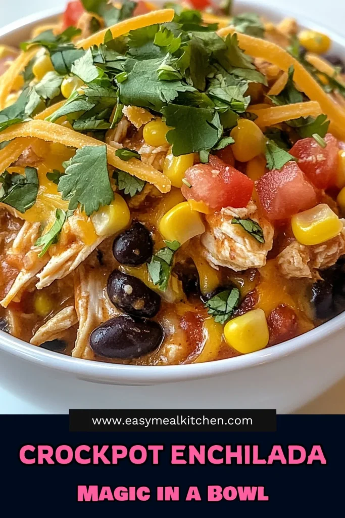 Indulge in this delicious Crockpot chicken enchilada casserole, a perfect easy chicken enchilada recipe for busy nights. With layers of tender chicken, black beans, corn, and a cheesy topping, these slow cooker enchiladas are not just tasty but also a healthy chicken enchilada recipe that everyone will love. Try this cheesy chicken casserole today and make dinner a breeze! Save this recipe for your next meal! #CrockpotChicken #EnchiladaCasserole #EasyDinner #SlowCookerCooking