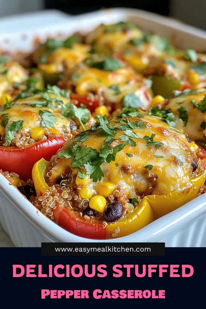 Discover the ultimate stuffed pepper casserole that’s perfect for your weeknight dinner! This savory casserole recipe combines ground turkey, bell peppers, quinoa, and spices for a healthy twist on traditional stuffed peppers. Quick and easy to prepare, it’s one of the best ground turkey casseroles around! Try this simple recipe and enjoy flavorful and satisfying meals. Save it for later! #StuffedPepperCasserole #HealthyStuffedPeppers #EasyBellPepperRecipes #SavoryCasseroleRecipes