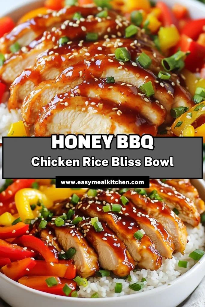 Looking for a delicious and healthy dinner? Try this Honey BBQ chicken rice bowl! This easy chicken dinner recipe features juicy grilled chicken marinated in honey BBQ sauce, served over fluffy jasmine rice and sautéed bell peppers. Perfect for a cozy night in, this healthy BBQ chicken dish is sure to impress. Don't miss out—save this quick and satisfying recipe for your weeknight meals! #HoneyBBQChickenRiceBowl #GrilledChickenRecipe #JasmineRiceBowl #EasyChickenDinnerRecipe