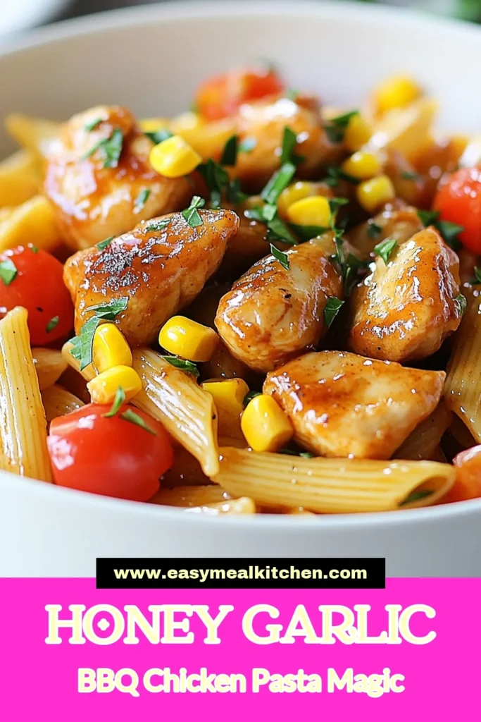Discover the deliciousness of One Pot Honey Garlic BBQ Chicken Pasta! This BBQ Chicken Pasta Recipe is perfect for an Easy One Pot Dinner that you can whip up in just 30 minutes. With a sweet and savory Honey Garlic Chicken Recipe, this Quick Pasta Dish is ideal for busy weeknights. Ready to impress your family? Try this simple yet tasty recipe today! Save this for your next meal! #OnePotHoneyGarlicPasta #BBQChickenPasta #HoneyGarlicChicken #EasyDinnerIdeas