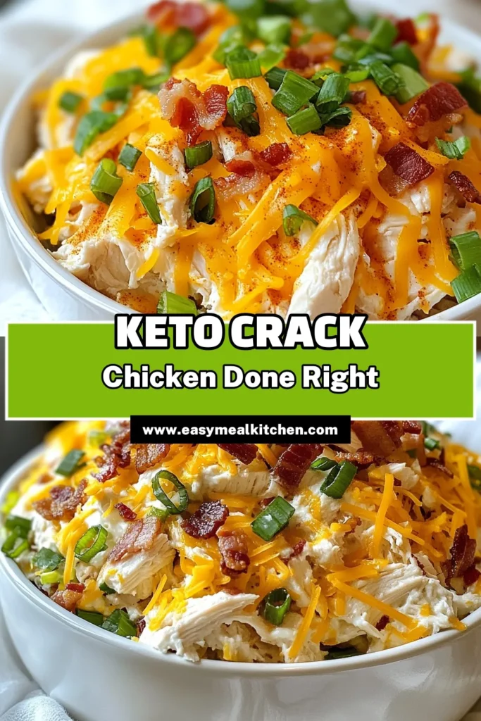 Discover the ultimate Keto Crack Chicken recipe that's perfect for your low carb lifestyle! This Easy Keto Dinner Recipe combines tender chicken with creamy cheese for a satisfying meal. Use an Instant Pot for a quick meal or a slow cooker for effortless preparation. Enjoy this delicious Cream Cheese Chicken Dinner that your whole family will love. Save this Low Carb Chicken Recipe for your weeknight dinners and indulge guilt-free! #KetoCrackChicken #LowCarbChicken #InstantPotCrackChicken #EasyKetoDinner