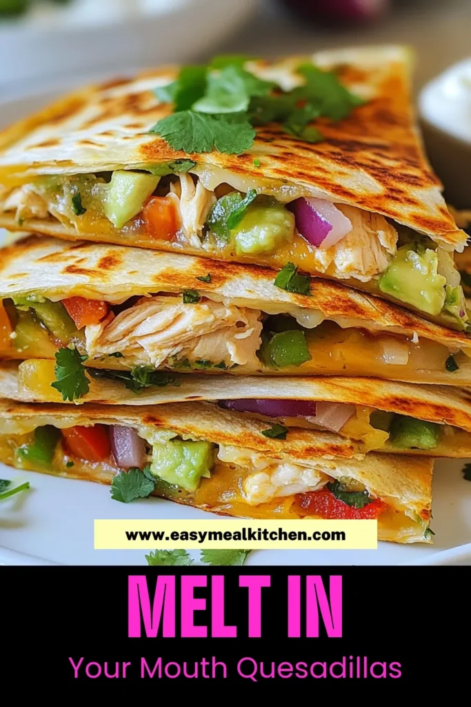 Savor the flavor with these delicious Savory Chicken Quesadillas! This Avocado Quesadillas Recipe is the perfect blend of shredded chicken, creamy avocado, and melty cheese, making it one of the easiest chicken recipes for busy weeknights. Try this Mexican quesadilla filling and enjoy a delightful Chicken and Avocado meal that everyone will love! Save this recipe and bring Mexican flavors to your table tonight! #ChickenQuesadilla #AvocadoRecipes #EasyDinnerIdeas #MexicanCooking