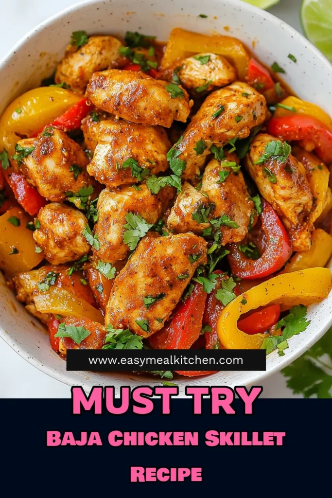 Discover a delicious Baja chicken skillet recipe that's sure to be a family favorite! This easy chicken and pepper dish combines tender chicken with vibrant bell peppers, corn, and black beans for a healthy chicken skillet meal. Perfect for busy weeknights, this one-pan chicken recipe is packed with flavor and inspired by Mexican cuisine. Try this vibrant meal today and elevate your dinner game! Save this healthy recipe for later! #BajaChicken #ChickenSkillet #HealthyDinner #MexicanInspiredCooking
