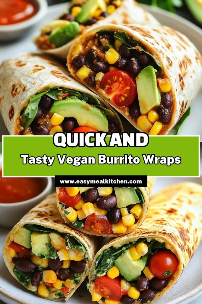 Looking for a tasty and nutritious meal? These Ten-Minute Vegan Burrito Wraps are perfect! Packed with black beans, corn, cherry tomatoes, and creamy avocado, they are one of the best quick vegan recipes. Enjoy healthy burrito ideas that are simple to prepare with whole grain tortillas recipe. Perfect as easy plant-based meals for lunch or dinner. Try this delicious recipe today and impress your taste buds! #VeganBurritoWraps #QuickVeganRecipes #EasyPlantBasedMeals #HealthyBurritoIdeas