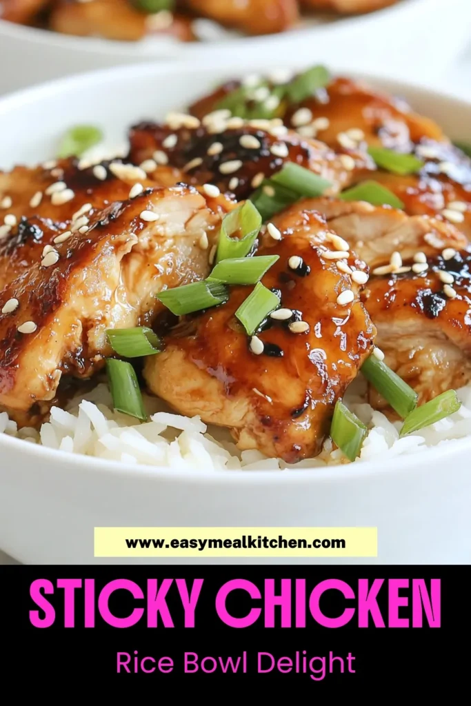 Discover the perfect weeknight staple with these Sticky Chicken Rice Bowls! Featuring tender soy sauce chicken thighs marinated in a mouthwatering honey garlic sauce, this Asian inspired chicken dinner pairs beautifully with an easy jasmine rice recipe. Ideal for busy evenings, these bowls are both delicious and satisfying. Try this recipe today and elevate your dinner game! Don't forget to save for later! #StickyChickenRiceBowls #HoneyGarlicChickenBowl #EasyJasmineRiceRecipe #AsianInspiredDinner