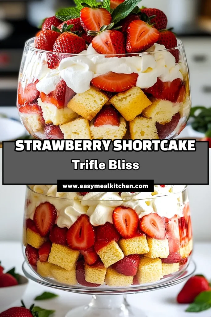 Indulge in this delightful strawberry shortcake trifle, a perfect fresh strawberry dessert for any occasion. Layers of fluffy whipped cream cake layers, sweet macerated strawberries, and pound cake come together in this easy strawberry dessert recipe. Impress your guests and elevate your dessert game! Get ready to savor each scrumptious bite. Try this trifle dessert recipe now and save for later! #StrawberryShortcakeTrifle #DessertRecipe #FreshStrawberryDessert #EasyDessert