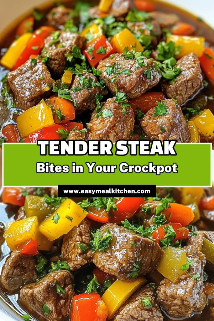 Discover this mouthwatering Crockpot steak bites recipe that transforms tender beef sirloin and colorful peppers into an easy steak bites slow cooker delight. Cooked in flavorful beef broth, these savory steak bites with peppers are perfect for any dinner. Treat your family to this hearty beef sirloin crockpot dish and enjoy melt-in-your-mouth beef bites in broth. Save and share this delicious recipe! #CrockpotRecipes #BeefRecipes #SlowCookerMeals #EasyDinnerIdeas