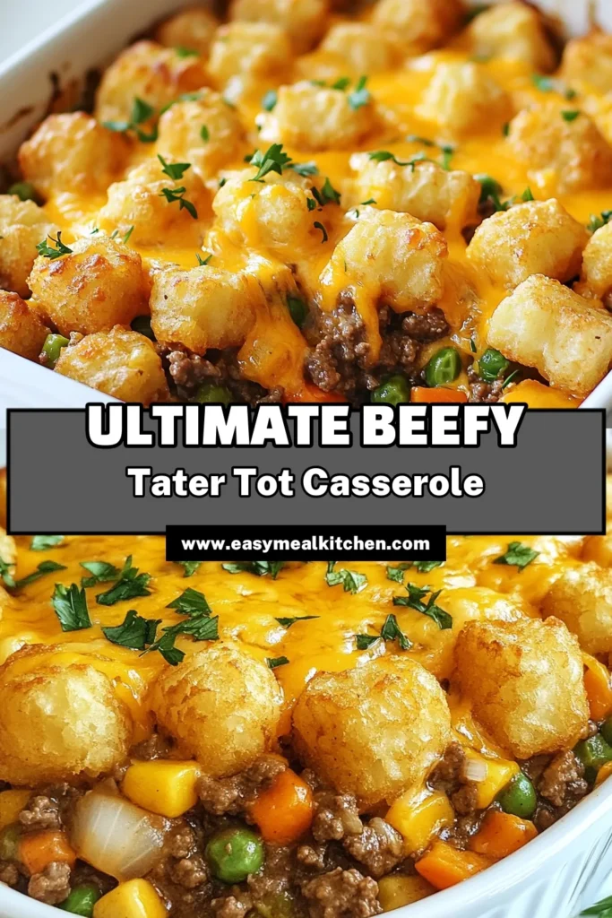 Indulge in this easy beef casserole recipe featuring a mouthwatering beef tater tot casserole that's perfect for family dinners. This ground beef tater tot dish combines hearty ingredients with creamy mushroom casserole for a delicious twist. Explore new tater tot dinner ideas with this creamy delight that will impress everyone at the table. Don't miss out—save this recipe for a cozy meal tonight! #BeefCasserole #TaterTots #EasyRecipes #DinnerIdeas