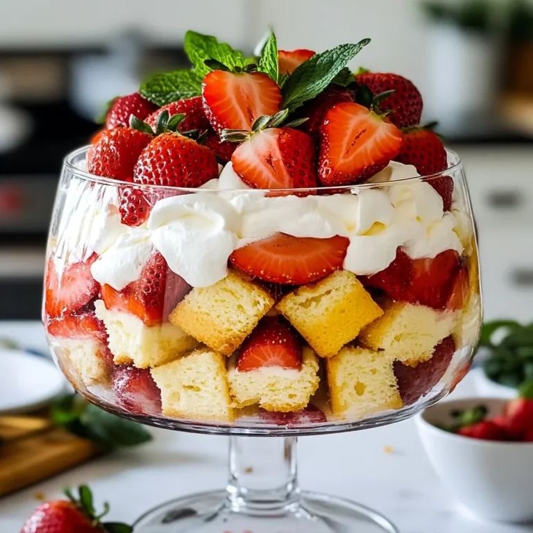 You need 2 cups of fresh strawberries. Make sure to hull and slice them. Ripe strawberries give the best taste. Their sweetness will shine through in this trifle. Use 3 tablespoons of granulated sugar. You will divide this into two parts. Add 2 tablespoons to the strawberries. This helps draw out their juices. The last tablespoon is for the whipped cream, adding just a hint of sweetness. You will need 1 cup of heavy whipping cream. It creates the rich, fluffy layer in the trifle. This cream should be cold for the best results. The cream whips up nicely to soft peaks. Grab 2 cups of pound cake, cut into bite-sized cubes. You can use store-bought or homemade. The cake adds texture and absorbs the strawberry juices well. It forms the base of the trifle. You will want 1/2 cup of strawberry jam. This sweet layer adds more strawberry flavor. It also helps bind the layers together. The jam creates a nice contrast with the whipped cream. Fresh mint leaves are perfect for garnish. They add a pop of color and a nice aroma. Just a few leaves on top make the trifle look fancy. This makes your dessert look more inviting. {{ingredient_image_2}} First, grab your fresh strawberries. Take two cups, hull them, and slice them up. Place the sliced strawberries in a bowl. Add two tablespoons of granulated sugar. Mix them well so the sugar coats every piece. Let them sit for about 15 minutes. This step helps the strawberries release their juices and become sweeter. Next, pour one cup of heavy whipping cream into a clean bowl. Add half a teaspoon of pure vanilla extract. Now, add one tablespoon of sifted powdered sugar. Use an electric mixer to beat the cream. Start on medium speed until soft peaks form. Be careful not to over-whip it. You want the cream fluffy and smooth. Get a large trifle dish or some individual dessert glasses. Start with a layer of pound cake cubes at the bottom. Spread them out evenly. On top of the cake, add a layer of strawberry jam. Let the jam soak into the cake a little. Then, spoon a layer of your macerated strawberries over the jam. Let the juice drip onto the layers. Finally, add a dollop of your whipped cream on top. Repeat this process: cake, jam, strawberries, and whipped cream. Keep layering until you run out of ingredients. Finish with a generous layer of whipped cream at the top. This creates a lovely finish. To make your trifle extra special, add some whole fresh strawberries on top. Also, place a few mint leaves for a pop of green. This not only looks nice but adds a fresh smell. If you use individual glasses, layer the ingredients to show off the bright colors. A whole strawberry and a mint sprig on each serving will impress everyone. When picking strawberries, look for bright red color. The berries should feel firm and plump. Avoid ones that are dull or have green spots. Smell is key, too. Ripe strawberries have a sweet aroma. If you can, buy them from a local farmer’s market. They often taste better and are fresher. You can use store-bought or homemade pound cake. A classic vanilla pound cake works well. If you want to try something new, lemon or almond flavored cakes add a nice twist. Just ensure the cake is moist. Dry cake can ruin the texture of your trifle. For the best whipped cream, start with cold heavy cream. Chill your mixing bowl and beaters in the freezer for a few minutes. This helps the cream whip faster. Beat on medium speed until soft peaks form. Don't over-whip, or it will turn grainy. If you want a sweeter taste, add a bit of powdered sugar. Layering is key to a pretty trifle. Start with cake cubes at the bottom. Press down gently to create a base. Alternate layers of jam, strawberries, and whipped cream. Use clear glasses or a trifle dish for a stunning look. For the top layer, use extra whipped cream. Add whole strawberries and mint leaves for a pop of color. This not only looks great but also makes it more fun to eat! Pro Tips Choose Ripe Strawberries: Select strawberries that are bright red and fragrant. Ripe strawberries not only taste better but will also enhance the overall flavor of your trifle. Homemade Whipped Cream: For the best flavor, consider making your own whipped cream. It’s easy and tastes much fresher than store-bought options. Layering Technique: When layering, ensure each layer is visible. This creates a beautiful presentation and allows guests to appreciate each component of the trifle. Chill Before Serving: Letting the trifle sit in the refrigerator for at least an hour before serving allows the flavors to meld together, resulting in a more delicious dessert. {{image_4}} You can swap strawberries for other fruits. Ripe peaches, blueberries, or raspberries work well. Just slice them up like you do with strawberries. Mix them with sugar to bring out their sweetness. Each fruit gives a unique taste and look to your trifle. You can also layer in a mix of fruits for a fun twist. To make the trifle gluten-free, choose a gluten-free pound cake. Look for brands that use almond flour or coconut flour. You can even make your own! Just follow a gluten-free recipe for pound cake. The rest of the ingredients, like strawberries and whipped cream, are naturally gluten-free. For a vegan trifle, use plant-based whipped cream. Many brands offer coconut or almond cream options. Replace the pound cake with a vegan version or use a sponge cake made without eggs. You can also use maple syrup instead of sugar for a different flavor. These changes keep the dessert tasty and suitable for everyone. To store your leftover strawberry shortcake trifle, first cover it well. Use plastic wrap or a lid. This helps keep the moisture in and the flavors fresh. If you made individual servings, place them in the fridge. Enjoy them within a few days for the best taste. For storage, use an airtight container. Glass or plastic containers work well. If you have individual servings, small jars are perfect. They let you see the layers, making them more fun to eat later. The shelf life of the trifle depends on its parts. Fresh strawberries can last about 3 days in the fridge. The whipped cream stays good for 2 to 3 days. If you used store-bought pound cake, it can last longer, about 5 to 7 days. However, once mixed, it’s best to eat the trifle within 3 days to keep it fresh and tasty. Yes, you can make this trifle ahead of time. I recommend preparing it a few hours before serving. This allows the flavors to mix well. Just keep it in the fridge until you are ready to serve. Your whipped cream may collapse if it is over-whipped. When you beat it too long, it turns grainy and loses its fluff. Use a medium speed and stop when soft peaks form. This keeps it light and airy. Strawberries can sit with sugar for about 15 to 30 minutes. This helps draw out their juices. It also makes them sweeter. After this, they are ready to use in your trifle. Yes, you can use other types of cake. Angel food cake or sponge cake works well. You can even use brownies for a fun twist. Just cut them into bite-sized pieces to layer in your trifle. This blog post covered how to make a tasty trifle. We explored fresh strawberries, whipping cream, and pound cake. I shared step-by-step tips to build layers and make it look great. Remember to choose ripe fruit and use the right type of cake. Consider variations like gluten-free or vegan options to suit all diets. Store leftovers well to keep them fresh. Follow these tips, and you’ll create a delightful dessert that everyone's sure to love. Enjoy making your trifle and share it with friends!