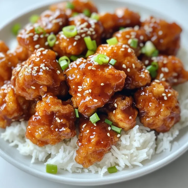 - 1 lb boneless, skinless chicken thighs - Salt, ginger powder, and garlic powder for marinating To start, I use boneless, skinless chicken thighs. This cut is juicy and tender. I cut them into bite-sized pieces for easy frying. For the marinade, I mix salt, ginger powder, and garlic powder. These spices add great flavor. Marinate the chicken for at least 15 minutes. It helps the spices soak in and makes the chicken tasty. - Cornstarch, eggs, all-purpose flour, baking powder Next, I prepare the batter. I gather cornstarch, beaten eggs, all-purpose flour, and baking powder. Cornstarch gives a crispy texture. The eggs help the batter stick well. The flour adds body, and baking powder gives a lightness. I set up three bowls for dipping. This makes coating the chicken easy and fun. - Soy sauce, hoisin sauce, rice vinegar, honey, red chili flakes For the sauce, I combine soy sauce, hoisin sauce, rice vinegar, honey, and red chili flakes. Each ingredient adds depth. Soy sauce gives saltiness, while hoisin adds sweetness. Rice vinegar brightens the flavor, and honey gives a nice glaze. I adjust red chili flakes for heat. This sauce is the finishing touch that brings everything together. {{ingredient_image_2}} Start by placing the bite-sized chicken pieces in a bowl. Add salt, ginger powder, and garlic powder. Toss everything together so each piece gets nice and coated. Let this sit for at least 15 minutes. This step helps the chicken soak up all those tasty flavors. Next, grab three shallow bowls. In the first bowl, put the cornstarch. In the second bowl, pour in the beaten eggs. For the third bowl, mix the all-purpose flour with baking powder. This setup makes it easy to coat the chicken. Now, it’s time to coat each chicken piece. Start by dipping a piece in the cornstarch. Make sure it’s fully covered. Then, move it to the beaten egg and coat it well. Finally, roll it in the flour mixture. Ensure each piece is evenly coated. This will give you that crunchy bite when you fry it! To get crispy General Tso’s Chicken, oil temperature matters. Heat your vegetable oil to about 350°F (175°C). This hot oil will fry the chicken, making it golden and crispy. If the oil is too cool, the chicken will soak up oil and become soggy. Use a thermometer for accuracy. You can check the oil by dropping a small piece of cornmeal into it. If it sizzles and floats, you're ready to fry. Fry in small batches to keep the oil hot and avoid crowding your pan. Want to kick up the flavor? Adjust the spice level by adding more or less red chili flakes. If you enjoy heat, try adding fresh chili peppers or a dash of sriracha to the sauce. Fresh ingredients can also brighten the dish. Consider adding sliced bell peppers or snap peas to the chicken at the end. This adds crunch and color. Fresh garlic or ginger can enhance the flavor too. Experiment to find your perfect balance. Presentation is key for any dish. Serve your General Tso’s Chicken on a bed of fluffy steamed rice or with vibrant broccoli on the side. Arrange the chicken pieces in a circular pattern on the plate. Drizzle some remaining sauce over the top for a glossy finish. For a final touch, sprinkle sesame seeds and finely chopped green onions. This elevates the dish, making it look as good as it tastes. Enjoy the compliments that follow! Pro Tips Choose the Right Chicken: Using boneless, skinless chicken thighs instead of breasts results in juicier and more flavorful chicken, perfect for frying. Perfecting the Frying Temperature: Maintain the oil temperature at around 350°F (175°C). Use a thermometer for accuracy, as too low will make the chicken greasy and too high will burn it. Double Fry for Extra Crispiness: For an even crispier texture, consider frying the chicken twice. Fry it first for about 3-4 minutes, let it rest, and then fry again for another 1-2 minutes. Customize the Heat Level: Adjust the amount of red chili flakes in the sauce to suit your taste preference. You can also add fresh chilies for an extra kick! {{image_4}} You can enjoy General Tso’s Chicken with fewer calories. Instead of frying, try baking. Baking gives you a crispy chicken without all the oil. Here’s how: - Preheat your oven to 400°F (200°C). - Coat the chicken pieces as you normally would. - Place them on a baking sheet lined with parchment paper. - Bake for 20-25 minutes until golden and crispy. Also, consider using leaner cuts of chicken. Skinless chicken breasts are a great option. They reduce fat while keeping flavor. Want to mix things up? You can change the sauce for a new taste. Here are some ideas: - Swap hoisin sauce for orange juice or pineapple juice. This adds a sweet twist. - Add sesame oil for a richer flavor. - Experiment with different spices like five-spice powder or Szechuan peppercorns. They can give your dish a unique kick. Feel free to adjust the red chili flakes. If you like it spicy, add more; if not, use less. You can still enjoy this dish without chicken. Tofu or seitan works well as a replacement. Here’s how: - Use firm tofu and press it to remove extra water. - Cut the tofu into bite-sized pieces and marinate just like chicken. - Coat and bake or fry the tofu as you would with chicken. Seitan is another option. It's made from wheat gluten and has a meaty texture. Use it in the same way as chicken for a tasty vegan dish. To keep your General Tso’s Chicken fresh, let it cool down first. Place the chicken in an airtight container. This helps lock in flavor and moisture. If you have a lot of leftovers, you can freeze them too. Use freezer-safe bags and squeeze out the air before sealing. This prevents freezer burn. When you are ready to enjoy your leftovers, use the oven or a skillet. Preheat your oven to 350°F (175°C). Place the chicken on a baking sheet and cover it with foil. This keeps it from drying out. Heat for about 15-20 minutes, or until warm. If using a skillet, add a splash of water and cover it. This keeps the chicken moist while reheating. In the fridge, your General Tso’s Chicken lasts about 3-4 days. Make sure it stays sealed well. If you freeze it, it can last up to three months. Just remember to label your containers with the date. This way, you know when to enjoy it again! General Tso’s Chicken is a popular dish in Chinese-American cuisine. It is named after General Tso Tsung-t'ang, a Chinese military leader from the Qing Dynasty. Though he had no connection to this dish, his name became famous in America. The dish first appeared in the 1970s in restaurants in New York City. It features crispy chicken tossed in a sweet and spicy sauce. This dish has grown in popularity and is now a staple in many Chinese restaurants across the United States. Yes, you can make General Tso’s Chicken gluten-free with a few easy swaps. Use gluten-free soy sauce instead of regular soy sauce. Cornstarch is already gluten-free, so it works well for coating the chicken. For the flour, replace all-purpose flour with a gluten-free blend or rice flour. These changes will let you enjoy this dish without gluten. To adjust the spiciness, you can modify the amount of red chili flakes in the sauce. Start with less if you prefer a milder flavor. You can always add more later if you want more heat. Consider adding fresh chopped chili peppers for extra spice. On the other hand, if you want a sweeter taste, add more honey. This balance will help you create a dish that suits your taste perfectly. This blog post covered making General Tso’s Chicken from start to finish. We explored ingredients like chicken, batters, and sauces. I shared step-by-step instructions for marinating and frying. We went over useful tips for perfecting your dish. You can even try variations for health and taste. Lastly, I showed how to store and reheat leftovers. By following these guidelines, you can enjoy a delicious meal that meets your taste and health needs. Happy cooking!