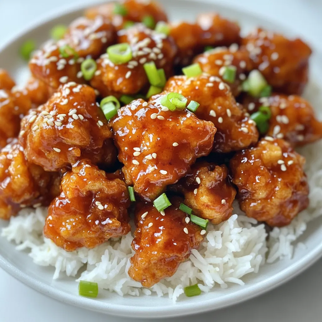 - 1 lb boneless, skinless chicken thighs - Salt, ginger powder, and garlic powder for marinating To start, I use boneless, skinless chicken thighs. This cut is juicy and tender. I cut them into bite-sized pieces for easy frying. For the marinade, I mix salt, ginger powder, and garlic powder. These spices add great flavor. Marinate the chicken for at least 15 minutes. It helps the spices soak in and makes the chicken tasty. - Cornstarch, eggs, all-purpose flour, baking powder Next, I prepare the batter. I gather cornstarch, beaten eggs, all-purpose flour, and baking powder. Cornstarch gives a crispy texture. The eggs help the batter stick well. The flour adds body, and baking powder gives a lightness. I set up three bowls for dipping. This makes coating the chicken easy and fun. - Soy sauce, hoisin sauce, rice vinegar, honey, red chili flakes For the sauce, I combine soy sauce, hoisin sauce, rice vinegar, honey, and red chili flakes. Each ingredient adds depth. Soy sauce gives saltiness, while hoisin adds sweetness. Rice vinegar brightens the flavor, and honey gives a nice glaze. I adjust red chili flakes for heat. This sauce is the finishing touch that brings everything together. {{ingredient_image_2}} Start by placing the bite-sized chicken pieces in a bowl. Add salt, ginger powder, and garlic powder. Toss everything together so each piece gets nice and coated. Let this sit for at least 15 minutes. This step helps the chicken soak up all those tasty flavors. Next, grab three shallow bowls. In the first bowl, put the cornstarch. In the second bowl, pour in the beaten eggs. For the third bowl, mix the all-purpose flour with baking powder. This setup makes it easy to coat the chicken. Now, it’s time to coat each chicken piece. Start by dipping a piece in the cornstarch. Make sure it’s fully covered. Then, move it to the beaten egg and coat it well. Finally, roll it in the flour mixture. Ensure each piece is evenly coated. This will give you that crunchy bite when you fry it! To get crispy General Tso’s Chicken, oil temperature matters. Heat your vegetable oil to about 350°F (175°C). This hot oil will fry the chicken, making it golden and crispy. If the oil is too cool, the chicken will soak up oil and become soggy. Use a thermometer for accuracy. You can check the oil by dropping a small piece of cornmeal into it. If it sizzles and floats, you're ready to fry. Fry in small batches to keep the oil hot and avoid crowding your pan. Want to kick up the flavor? Adjust the spice level by adding more or less red chili flakes. If you enjoy heat, try adding fresh chili peppers or a dash of sriracha to the sauce. Fresh ingredients can also brighten the dish. Consider adding sliced bell peppers or snap peas to the chicken at the end. This adds crunch and color. Fresh garlic or ginger can enhance the flavor too. Experiment to find your perfect balance. Presentation is key for any dish. Serve your General Tso’s Chicken on a bed of fluffy steamed rice or with vibrant broccoli on the side. Arrange the chicken pieces in a circular pattern on the plate. Drizzle some remaining sauce over the top for a glossy finish. For a final touch, sprinkle sesame seeds and finely chopped green onions. This elevates the dish, making it look as good as it tastes. Enjoy the compliments that follow! Pro Tips Choose the Right Chicken: Using boneless, skinless chicken thighs instead of breasts results in juicier and more flavorful chicken, perfect for frying. Perfecting the Frying Temperature: Maintain the oil temperature at around 350°F (175°C). Use a thermometer for accuracy, as too low will make the chicken greasy and too high will burn it. Double Fry for Extra Crispiness: For an even crispier texture, consider frying the chicken twice. Fry it first for about 3-4 minutes, let it rest, and then fry again for another 1-2 minutes. Customize the Heat Level: Adjust the amount of red chili flakes in the sauce to suit your taste preference. You can also add fresh chilies for an extra kick! {{image_4}} You can enjoy General Tso’s Chicken with fewer calories. Instead of frying, try baking. Baking gives you a crispy chicken without all the oil. Here’s how: - Preheat your oven to 400°F (200°C). - Coat the chicken pieces as you normally would. - Place them on a baking sheet lined with parchment paper. - Bake for 20-25 minutes until golden and crispy. Also, consider using leaner cuts of chicken. Skinless chicken breasts are a great option. They reduce fat while keeping flavor. Want to mix things up? You can change the sauce for a new taste. Here are some ideas: - Swap hoisin sauce for orange juice or pineapple juice. This adds a sweet twist. - Add sesame oil for a richer flavor. - Experiment with different spices like five-spice powder or Szechuan peppercorns. They can give your dish a unique kick. Feel free to adjust the red chili flakes. If you like it spicy, add more; if not, use less. You can still enjoy this dish without chicken. Tofu or seitan works well as a replacement. Here’s how: - Use firm tofu and press it to remove extra water. - Cut the tofu into bite-sized pieces and marinate just like chicken. - Coat and bake or fry the tofu as you would with chicken. Seitan is another option. It's made from wheat gluten and has a meaty texture. Use it in the same way as chicken for a tasty vegan dish. To keep your General Tso’s Chicken fresh, let it cool down first. Place the chicken in an airtight container. This helps lock in flavor and moisture. If you have a lot of leftovers, you can freeze them too. Use freezer-safe bags and squeeze out the air before sealing. This prevents freezer burn. When you are ready to enjoy your leftovers, use the oven or a skillet. Preheat your oven to 350°F (175°C). Place the chicken on a baking sheet and cover it with foil. This keeps it from drying out. Heat for about 15-20 minutes, or until warm. If using a skillet, add a splash of water and cover it. This keeps the chicken moist while reheating. In the fridge, your General Tso’s Chicken lasts about 3-4 days. Make sure it stays sealed well. If you freeze it, it can last up to three months. Just remember to label your containers with the date. This way, you know when to enjoy it again! General Tso’s Chicken is a popular dish in Chinese-American cuisine. It is named after General Tso Tsung-t'ang, a Chinese military leader from the Qing Dynasty. Though he had no connection to this dish, his name became famous in America. The dish first appeared in the 1970s in restaurants in New York City. It features crispy chicken tossed in a sweet and spicy sauce. This dish has grown in popularity and is now a staple in many Chinese restaurants across the United States. Yes, you can make General Tso’s Chicken gluten-free with a few easy swaps. Use gluten-free soy sauce instead of regular soy sauce. Cornstarch is already gluten-free, so it works well for coating the chicken. For the flour, replace all-purpose flour with a gluten-free blend or rice flour. These changes will let you enjoy this dish without gluten. To adjust the spiciness, you can modify the amount of red chili flakes in the sauce. Start with less if you prefer a milder flavor. You can always add more later if you want more heat. Consider adding fresh chopped chili peppers for extra spice. On the other hand, if you want a sweeter taste, add more honey. This balance will help you create a dish that suits your taste perfectly. This blog post covered making General Tso’s Chicken from start to finish. We explored ingredients like chicken, batters, and sauces. I shared step-by-step instructions for marinating and frying. We went over useful tips for perfecting your dish. You can even try variations for health and taste. Lastly, I showed how to store and reheat leftovers. By following these guidelines, you can enjoy a delicious meal that meets your taste and health needs. Happy cooking!