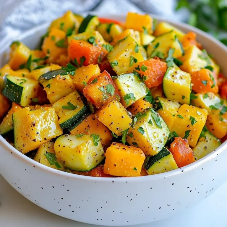 - 2 medium zucchini, diced - 1 large sweet potato, peeled and cut into 1-inch cubes - 1 red bell pepper, chopped - 1 small onion, finely diced - 2 cloves garlic, minced - 1 teaspoon ground cumin - 1 teaspoon smoked paprika - 1 tablespoon extra virgin olive oil - Salt and freshly ground pepper to taste - Fresh parsley for garnish You can change the veggies based on what you have. Try yellow squash or carrots instead of zucchini. For a sweet twist, use butternut squash in place of sweet potato. If you want to mix up the spices, chili powder or curry powder can add a fun kick. When picking zucchini, look for firm ones with smooth skin. Avoid those with soft spots. For sweet potatoes, choose ones that feel heavy for their size and have smooth, unblemished skin. Fresh parsley should be bright green and not wilted. Always feel free to smell it; fresh herbs should have a strong, pleasant scent! {{ingredient_image_2}} Start by gathering your ingredients. You will need: - 2 medium zucchini, diced - 1 large sweet potato, peeled and cut into 1-inch cubes - 1 red bell pepper, chopped into bite-sized pieces - 1 small onion, finely diced - 2 cloves garlic, minced - 1 teaspoon ground cumin - 1 teaspoon smoked paprika - 1 tablespoon extra virgin olive oil - Salt and freshly ground pepper to taste - Fresh parsley, chopped, for garnish Next, prepare your vegetables. Wash the zucchini and cut it into small pieces. Peel the sweet potato and cut it into cubes. Chop the red bell pepper and finely dice the onion. Mince the garlic to release its strong flavor. Now, let's discuss the cooking sequence. Heat the extra virgin olive oil in a large skillet over medium heat. The oil should shimmer, indicating that it’s ready. First, add the diced onion and sauté for about 3-4 minutes. Stir occasionally until the onion turns soft and translucent. Then, mix in the minced garlic for about 1 minute. This helps to build a great base of flavor. When sautéing, keep the heat at medium to avoid burning. This ensures that your veggies cook evenly and develop a nice flavor without getting charred. Stir often to prevent sticking and to allow even cooking. To achieve perfect caramelization, add the cubed sweet potato next. Season it with ground cumin, smoked paprika, salt, and pepper. Stir well to coat the sweet potato with all the spices. Cook for about 10 minutes until the sweet potato starts to soften but is not fully cooked. This step is key for building flavor. Once the sweet potato is partially soft, add the diced zucchini and chopped red bell pepper. Continue to sauté for another 6-8 minutes. You want those veggies to be tender and lightly caramelized. This adds a depth of flavor that makes this dish truly special. After cooking, taste your dish. Adjust the seasoning with more salt or pepper if needed. This step is vital to balance the flavors. For garnish, sprinkle freshly chopped parsley over the skillet. This adds color and freshness to the dish. Serve the skillet directly from the pan for a rustic look, or plate it onto individual dishes. A little extra parsley on top can enhance the visual appeal and make it even more inviting. To get nice, even cooking, cut the vegetables to the same size. This helps everything cook at the same pace. Start with the sweet potato, as it takes longer to soften. After about 10 minutes, add the zucchini and bell pepper. They cook quicker, so this timing works well. Stir the mix often to avoid burning. For extra protein, try adding cooked chicken or beans. This makes the dish heartier. You can also boost flavor by mixing in fresh herbs. Basil or thyme can add a lovely twist. Just sprinkle them in during the last few minutes of cooking for the best taste. One mistake is overcooking the veggies. They should be soft but still have a bit of crunch. Taste as you go to find the right texture. Another mistake is skipping seasoning. Use salt and pepper generously. Seasoning makes all the difference in flavor. Always taste before serving to ensure it’s just right. Pro Tips Use Fresh Ingredients: The flavor of your dish greatly improves with fresh vegetables. Opt for seasonal and locally sourced produce when possible. Cut Uniformly: To ensure even cooking, make sure to cut your sweet potatoes, zucchini, and bell peppers into uniform sizes. This helps them cook at the same rate. Adjust Seasoning: Always taste your dish before serving. Adjust the seasoning with salt, pepper, or additional spices to enhance the flavor profile to your liking. Experiment with Herbs: Feel free to add other fresh herbs like basil or cilantro for a different flavor twist. They can add freshness and complexity to your dish. {{image_4}} You can easily change the taste of this dish. Try different spice mixes to find your favorite. For a warm touch, use cayenne pepper. If you want a smoky flavor, add chipotle powder. Experiment with herbs like thyme or oregano for a fresh twist. Adding cheese can also change the flavor. Try feta for a tangy kick, or sprinkle mozzarella for creaminess. Goat cheese melts well, giving a rich taste. This dish is great for many diets. To make it vegan, skip the cheese and use vegetable broth. For a gluten-free option, ensure your spices are certified gluten-free. If you want to cut carbs, swap sweet potatoes for cauliflower. Both options give a similar texture and taste. You can also add in more leafy greens like kale or spinach for extra nutrition. Seasonal veggies can bring new life to the dish. In summer, add fresh corn or cherry tomatoes. These ingredients add sweetness and color. In autumn, consider using butternut squash instead of sweet potatoes. It gives a nice, nutty flavor. Also, feel free to mix in seasonal herbs like sage or rosemary to enhance the taste. This dish can adapt to your local harvest, making it fresh and exciting! To keep your Zucchini Sweet Potato Skillet fresh, use airtight containers. Glass containers work great since they don’t stain or hold smells. If you use plastic, choose BPA-free options. Before sealing, let the dish cool to room temperature. This helps avoid sogginess. Store the skillet in the fridge for up to three days. To reheat, use a skillet or microwave. If you use a skillet, add a touch of oil over medium heat. Stir the veggies often until hot. This keeps the dish from getting mushy. In the microwave, heat in 30-second bursts. Stir between each burst for even heating. You can freeze this dish before or after cooking. If you freeze before cooking, place the raw, chopped veggies in a freezer bag. Remove as much air as possible. If you freeze after cooking, let it cool first. Store in a freezer-safe container. Use within three months for the best taste. When ready to eat, thaw overnight in the fridge before reheating. You can pair Zucchini Sweet Potato Skillet with many tasty sides. Here are some ideas: - Quinoa for a healthy grain option. - Grilled chicken for added protein. - A fresh green salad for crunch. - Crusty bread to soak up the flavors. These sides make the meal more filling and fun. To add heat, try these simple spice ideas: - Add a pinch of cayenne pepper. - Use diced jalapeños for fresh heat. - Sprinkle red pepper flakes on top. - Stir in some hot sauce while cooking. These options will give your dish a tasty kick! Yes, you can make it ahead! Here are some tips: - Chop the veggies a day before. - Cook the dish and cool it down. - Store it in an airtight container in the fridge. - Reheat on the stove or in the microwave. This way, you can enjoy it anytime without extra work! This guide covered how to make a tasty Zucchini Sweet Potato Skillet. You learned about the best ingredients, cooking steps, and seasoning tips. Remember to choose fresh veggies and spices for the best flavor. Don't be afraid to mix in your favorite proteins or seasonal vegetables. With the right techniques, you can avoid common mistakes and enjoy a perfect dish. Prepare ahead and store leftovers properly to keep them fresh. Now, go cook and enjoy this delightful recipe!