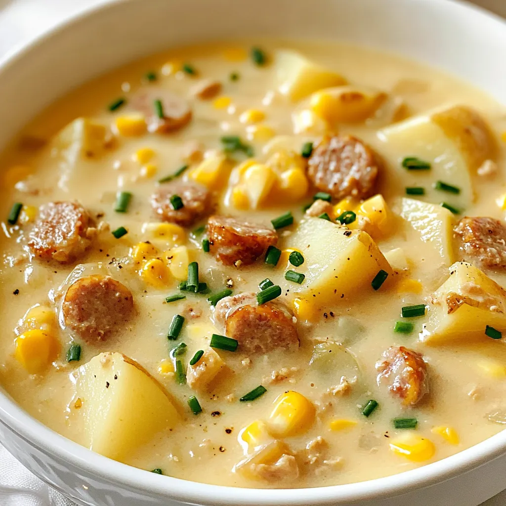 To make this delicious Potato Sausage Chowder, you need the following items: - 4 large russet potatoes, peeled and diced into 1-inch cubes - 1 pound smoked chicken sausage, sliced into rounds - 1 medium onion, finely diced - 2 cloves garlic, minced - 3 cups high-quality chicken broth - 1 cup heavy cream - 1 cup corn kernels - 2 tablespoons olive oil - 1 teaspoon dried thyme - 1 teaspoon paprika - Salt and pepper to taste - 1/4 cup fresh chives or parsley, chopped for garnish This chowder is flexible! You can swap or add ingredients to suit your taste: - Use turkey or veggie sausage for a lighter dish. - Swap russet potatoes for Yukon Gold for a creamier texture. - Add diced carrots or celery for extra veggies. - Replace heavy cream with coconut milk for a dairy-free version. Choosing quality ingredients makes a big difference. Here are my top picks: - Potatoes: Look for organic russets from local farmers’ markets. - Sausage: Aidells and Applegate offer great options for smoked chicken sausage. - Broth: Swanson and Pacific Foods have rich, flavorful chicken broth. - Cream: Organic Valley has a great heavy cream that is rich and thick. Using the best ingredients enhances the flavors and makes your chowder even more comforting! {{ingredient_image_2}} Start by heating 2 tablespoons of olive oil in a large pot over medium heat. Once the oil shimmers, add 1 medium onion, finely diced. Cook the onion for about 5 minutes. Stir occasionally until the onion turns translucent and fragrant. This step creates a tasty foundation for your chowder. Next, stir in 2 cloves of minced garlic and 1 pound of sliced smoked chicken sausage. Cook for another 3 to 4 minutes. This allows the sausage to warm and get a nice brown edge. The garlic will also release its wonderful aroma, making your kitchen smell amazing. Now, add 4 large russet potatoes, diced into 1-inch cubes. Sprinkle in 1 teaspoon of dried thyme, 1 teaspoon of paprika, and a generous pinch of salt and pepper. Stir well to coat everything with spices. Pour in 3 cups of chicken broth and bring the mixture to a gentle boil. When it boils, reduce the heat to low and cover the pot. Let it simmer for 15 to 20 minutes, or until the potatoes are fork-tender. After the potatoes soften, stir in 1 cup of corn kernels and 1 cup of heavy cream. Heat through on low for another 5 minutes. Be sure to stir occasionally to avoid sticking. Taste the chowder and adjust the seasoning with more salt and pepper if needed. Finally, remove the pot from heat. Ladle the chowder into bowls and garnish with fresh chives or parsley. Enjoy your rich and comforting potato sausage chowder! When making Potato Sausage Chowder, avoid these common pitfalls: - Overcooking the potatoes. They should be tender but not mushy. - Skipping the sautéing step. This builds flavor. Cooking the onion and sausage first is key. - Using low-quality broth. Good broth makes a big difference in taste. - Not tasting before serving. Always adjust salt and pepper to your liking. To boost the flavor of your chowder, try these tips: - Add fresh herbs. Fresh thyme or parsley adds brightness. - Use smoked paprika. This gives the chowder a deeper, richer taste. - Finish with a squeeze of lemon. A little acidity brightens the dish. - Incorporate a splash of hot sauce. This gives a nice kick without overpowering. For the best texture in your chowder, follow these steps: - Use a heavy-bottomed pot. This helps heat evenly and prevents sticking. - Simmer gently. A slow simmer allows flavors to meld together. - Stir occasionally. This helps prevent sticking and ensures even cooking. - Add cream at the end. This keeps it rich and prevents separation. Pro Tips Use Fresh Ingredients: Whenever possible, opt for fresh potatoes and herbs to enhance the flavor profile of your chowder. Adjust the Thickness: For a thicker chowder, mash a few of the cooked potatoes against the side of the pot before adding the cream. Flavor Depth: Consider adding a splash of white wine after sautéing the sausage for an extra layer of flavor. Storage Tips: If you have leftovers, store them in an airtight container in the fridge for up to 3 days. Reheat gently on the stove. {{image_4}} You can make this chowder vegetarian by skipping the meat. Use vegetable broth instead of chicken broth. Replace the sausage with plant-based sausage. You can also add more veggies like carrots and bell peppers for extra flavor. For a creamy texture, use coconut milk or cashew cream. These swaps keep the chowder rich and tasty. Feel free to play with sausage types. Smoked chicken sausage gives a nice flavor, but other options work well too. Try Italian sausage for a spicy kick or bratwurst for a milder taste. You can also use turkey sausage for a leaner choice. Each type of sausage adds a unique twist to the chowder. To take your chowder to the next level, add some fun extras. Fresh herbs like rosemary or basil can brighten the taste. A splash of hot sauce adds heat if you like spice. Consider mixing in diced bell peppers or mushrooms for added texture. For a smoky flavor, try using smoked paprika instead of regular paprika. These small changes can make a big impact on your chowder. To store leftover chowder, let it cool first. Once cool, pour it into an airtight container. Make sure to seal it well. Store the container in the fridge. It will last about 3 to 4 days. If you want to enjoy it later, freezing it is a great option. If you want to freeze chowder, use freezer-safe containers. Leave some space at the top for expansion. This chowder can stay good for up to 3 months. When you are ready to eat it, just thaw it in the fridge overnight. This helps keep the flavors intact. To reheat the chowder, pour it into a pot over medium heat. Stir it often to heat evenly. You can also microwave it in a bowl. Cover it loosely to prevent splatters. Heat in short bursts, stirring in between, until hot. If it seems thick, add a splash of broth or cream for a smoother texture. Yes, you can make this chowder in advance. It tastes even better the next day. After cooking, let it cool. Then store it in an airtight container in the fridge. It will keep for about 3-4 days. When you're ready to eat, just reheat it on the stove. Add a splash of cream if it seems too thick. You can use vegetable broth as a great substitute for chicken broth. This will keep the chowder lush and full of flavor. If you want a richer taste, try using beef broth. You can also use water, but add more spices to boost flavor. Homemade broth is always a nice touch, too. To thicken the chowder, you have a few options. One way is to mash some of the potatoes with a fork or potato masher. This will give the chowder a creamier texture. Another method is to add a slurry of cornstarch mixed with cold water. Stir in this mixture while the chowder simmers. It will thicken nicely. You can also add more cream for richness. This blog post provided a clear guide to making chowder. We covered the main ingredients, alternatives, and top brands for quality. You learned step-by-step instructions from preparing the base to finalizing the dish. We shared tips on avoiding common mistakes and enhancing flavor. You also found variations, storage tips, and answers to common questions. Chowder can fit anyone's taste or diet. By following this guide, you can create a perfect bowl every time. Enjoy your cooking!