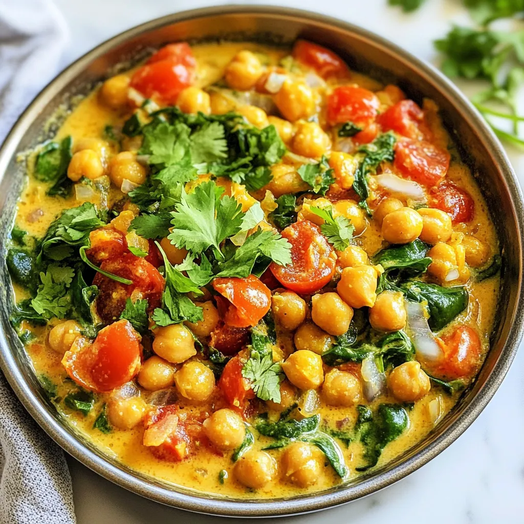 - 2 cans chickpeas, drained and rinsed - 1 medium onion, finely chopped - 3 cloves garlic, minced - 1 teaspoon ground cumin - 1 teaspoon smoked paprika - ½ teaspoon turmeric powder - 1 teaspoon ground coriander - 1 cup diced tomatoes, canned or fresh - 1 cup coconut milk - 2 tablespoons extra-virgin olive oil - Salt and freshly ground black pepper to taste - 1 cup fresh spinach, roughly chopped - 2 tablespoons freshly squeezed lemon juice - Fresh cilantro or parsley, finely chopped, for garnish Gathering the right ingredients sets you up for success. Start with two cans of chickpeas. Rinse and drain them well. This helps remove excess sodium. Next, chop one medium onion finely. This onion adds a sweet flavor when cooked. Mince three cloves of garlic for a great aroma and taste. For spices, you will need ground cumin, smoked paprika, turmeric powder, and ground coriander. Each spice gives depth to the dish. Use one teaspoon of cumin and smoked paprika. Add half a teaspoon of turmeric and one teaspoon of coriander. You will need one cup of diced tomatoes. You can use either canned or fresh tomatoes. Next is one cup of creamy coconut milk. This adds richness to the dish. Don’t forget two tablespoons of extra-virgin olive oil for cooking. Season with salt and black pepper according to your taste. Add one cup of fresh spinach, roughly chopped. This will add color and nutrients. Finally, use two tablespoons of freshly squeezed lemon juice for brightness. You can garnish with fresh cilantro or parsley. This adds a nice touch and flavor. With these ingredients, you create a warm, inviting dish that pleases everyone. Enjoy the process and the flavors! {{ingredient_image_2}} 1. Heating olive oil and sautéing onions Start by heating 2 tablespoons of extra-virgin olive oil in a large skillet over medium heat. Add the finely chopped onion. Sauté until the onion turns translucent, about 5 minutes. This step builds a great base for flavor. 2. Adding garlic and cooking until fragrant Next, add 3 minced garlic cloves to the skillet. Cook for 1-2 minutes. You want the garlic to be golden and fragrant, which adds depth to the dish. 3. Incorporating spices for enhanced flavor Now, sprinkle in 1 teaspoon of ground cumin, 1 teaspoon of smoked paprika, ½ teaspoon of turmeric powder, and 1 teaspoon of ground coriander. Stir well to coat the onions and garlic in the spices. Cook for another minute. This step brings out the spices' full flavor. 1. Adding diced tomatoes and simmering Pour in 1 cup of diced tomatoes, either fresh or canned. Let the mixture cook for about 5 minutes. This helps the tomatoes break down and blend with the spices. 2. Pouring in coconut milk and stirring in chickpeas Gradually add 1 cup of coconut milk. Then, stir in 2 cans of drained and rinsed chickpeas. Mix everything well, so the chickpeas soak up the flavors. 3. Seasoning and letting it simmer Season the mixture with salt and freshly ground black pepper to taste. Allow it to simmer gently for about 10 minutes. This lets all the flavors meld together beautifully. 1. Stirring in fresh spinach Add 1 cup of roughly chopped fresh spinach. Stir it in and cook until it wilts, which takes about a minute. This adds color and nutrition to the dish. 2. Adding lemon juice and garnishing Finally, pour in 2 tablespoons of freshly squeezed lemon juice. This brightens the flavors. Serve the chickpea medley warm, garnished with fresh cilantro or parsley for a lovely touch. To get the best flavor, start with the onions. Heat the olive oil in a large skillet over medium heat. Add the finely chopped onion and sauté until it turns translucent, about 5 minutes. This step softens the onion and brings out its sweetness. Next, add the minced garlic. Cook it for 1 to 2 minutes until it smells amazing. This step is key to building a strong base flavor. For depth, mix in the spices. While the garlic is cooking, add cumin, smoked paprika, turmeric, and coriander. Stir them in for about a minute. This will help release their essential oils and enhance the dish's overall taste. Serving your dish well can make it even more appealing. Use shallow bowls for an elegant look. When you serve, drizzle a bit of coconut milk around the edges. It adds a nice touch and makes the dish pop. Garnishing is crucial. I love adding fresh cilantro or parsley on top. It not only looks great but also boosts the flavor. You can even add a lemon wedge on the side for extra zest. You can easily customize the seasoning to fit your taste. Start with the basic amounts of salt and pepper, then adjust as needed. If you like it spicy, try adding a pinch of cayenne or chili flakes. For variations, think about alternative ingredients. Swap out chickpeas for lentils or black beans for a twist. You can also experiment with different types of tomatoes, like fire-roasted or cherry tomatoes. Each choice brings a new layer of flavor to your dish. Pro Tips Enhance the Flavor: Consider adding a pinch of cayenne pepper or crushed red pepper flakes for a touch of heat. This kick will elevate the dish and complement the spices beautifully. Texture Variation: For added crunch, toss in some toasted pine nuts or slivered almonds just before serving. This will provide a delightful contrast to the creamy chickpeas. Fresh Herbs: Experiment with different fresh herbs like basil or mint instead of cilantro or parsley. This can give a refreshing twist to the dish and enhance its aromatic profile. Meal Prep Friendly: This dish stores well in the refrigerator for up to three days. Make a larger batch to enjoy leftovers or use it as a filling for wraps or grain bowls! {{image_4}} You can change the chickpeas to other legumes. Black beans or lentils work well. You can also use kidney beans for a different taste. Each swap brings a new twist to this dish. Try different types of tomatoes. You can use diced fresh tomatoes or even cherry tomatoes. If you like, you can swap the coconut milk for almond or oat milk. Each milk brings its unique flavor. Making this dish vegan is simple. Just stick to the original recipe. It is already dairy-free and full of plant-based goodness. For a gluten-free option, check your spices to ensure they are gluten-free. Want more protein? You can add cooked chicken or tofu. Both options blend well with the flavors. Just cut them into small pieces and mix them in during cooking. You can add spices from different cultures for fun. Consider adding curry powder for an Indian flair. Or try za'atar for a Middle Eastern twist. Both will change the flavor profile in exciting ways. You can also adapt this dish to fit your culture. For example, adding fresh basil or oregano can give it an Italian touch. Feel free to experiment with spices and herbs from your own kitchen. To keep your Marry Me Chickpeas fresh, store them in an airtight container. Let the dish cool first. This step helps prevent condensation. In the fridge, it stays fresh for about 3 to 5 days. When reheating, add a splash of water to keep it creamy. You can freeze Marry Me Chickpeas for up to 3 months. To freeze, cool the dish completely. Then, use freezer-safe containers. Leave some space at the top to allow for expansion. To reheat, thaw it overnight in the fridge. Warm it on the stove, adding a bit of coconut milk if needed. Make a big batch of Marry Me Chickpeas for easy meals. You can serve them with rice or quinoa. They also work well in wraps or salads. For a twist, mix them into soups for added flavor and nutrition. This dish is versatile, making meal prep simple and fun! Marry Me Chickpeas are a fun, modern dish. They mix flavors from many cultures. The dish highlights chickpeas, a staple in Middle Eastern and Mediterranean cooking. Chickpeas are rich in protein and fiber. They have been used in meals for centuries. This dish blends spices like cumin and paprika, adding warmth and depth. It connects people through shared meals, making it special. Yes, you can use dried chickpeas! Start by soaking them overnight in water. This helps soften them. After soaking, drain and rinse them. Cook the dried chickpeas in boiling water for about 1-2 hours. They should be tender and cooked through. You can then use them in the Marry Me Chickpeas recipe just like the canned version. To boost the heat, try adding crushed red pepper flakes. Mix in a teaspoon with the spices. If you like it hotter, add more! You can also use fresh chili peppers. Slice them thin and add them with the onions. For a different kick, try a few dashes of hot sauce before serving. Each option will give your dish a nice spicy twist! This blog post offers a detailed guide on making Marry Me Chickpeas. You learned about the needed ingredients, step-by-step cooking instructions, and tips to enhance flavor and presentation. I shared variations to suit different diets and how to store leftovers effectively. These insights help create a delicious dish that suits your taste. Enjoy experimenting with this recipe, and share it with friends and family. Simple cooking can bring joy and flavor to your meals. Happy cooking!
