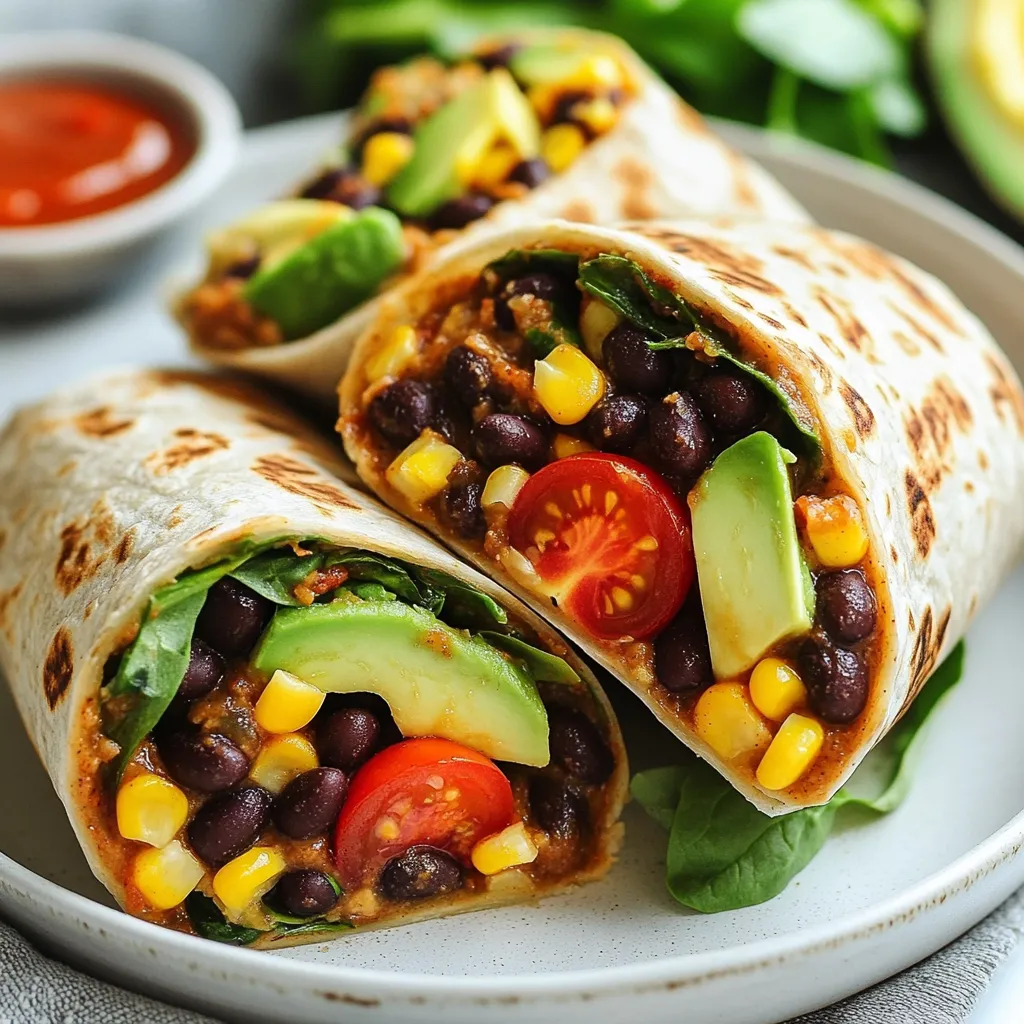 To make your ten-minute vegan burrito wraps, you need a few key items: - 4 large whole-grain tortillas - 1 can (15 oz) black beans, rinsed and drained - 1 cup corn kernels (fresh, frozen, or canned) - 1 cup cherry tomatoes, halved - 1 ripe avocado, sliced - 1 cup fresh spinach or mixed greens - 1 teaspoon ground cumin - 1 teaspoon smoked paprika - Salt and freshly ground black pepper to taste - Hot sauce or salsa for serving These ingredients work well together. They create a filling and tasty meal. If you don’t have something, don’t worry! Here are some easy swaps: - Use any type of tortilla, like corn or flour. - Replace black beans with pinto beans or chickpeas. - Use any type of tomato, like diced or even salsa. - Swap avocado with guacamole or omit it if you prefer. - Use kale or arugula instead of spinach for a different green. These swaps keep your burrito quick and easy. Want to kick it up a notch? Try adding these: - Chopped bell peppers for a crunchy texture. - Red onion for a zesty bite. - Fresh cilantro for a burst of flavor. - Lime juice for a tangy twist. - Nutritional yeast for a cheesy flavor. Adding these can make your burrito even more delicious! {{ingredient_image_2}} First, gather your ingredients. You need: - 4 large whole-grain tortillas - 1 can (15 oz) black beans, rinsed and drained - 1 cup corn kernels (fresh, frozen, or canned) - 1 cup cherry tomatoes, halved - 1 ripe avocado, sliced - 1 cup fresh spinach or mixed greens - 1 teaspoon ground cumin - 1 teaspoon smoked paprika - Salt and freshly ground black pepper to taste Start by mixing the black beans, corn, tomatoes, cumin, paprika, salt, and pepper in a bowl. Stir well to coat everything with spices. Now, let’s build your burritos. Take one tortilla and lay it flat. Place a handful of spinach or mixed greens in the center. This creates a nice base for the filling. Next, scoop about a quarter of the black bean mixture on top of the greens. Now add a few avocado slices for creaminess. To wrap the burrito, fold the sides of the tortilla inward. Then, roll it up from the bottom. Make sure to enclose the filling well. Repeat this with the rest of the tortillas and mixture. To add a tasty crunch, toast your burritos. Heat a non-stick skillet over medium heat. Place the burritos seam side down in the skillet. Cook each side for 1-2 minutes until golden brown. Make sure to flip them carefully. This step adds texture and flavor. Once toasted, take the burritos out of the skillet. Cut them in half diagonally. Serve with hot sauce or salsa for dipping. Enjoy your vibrant meal! You can make your burrito unique. Start with your favorite greens. Instead of spinach, try kale or arugula. Add in some diced bell peppers or even shredded carrots for extra crunch. Want more spice? Add jalapeños or a sprinkle of chili powder. You can also swap black beans for pinto or kidney beans. This lets you play with flavors and textures. To boost the taste, always rinse your black beans. This helps remove extra salt and enhances the flavors. Toast your tortillas for a minute before filling them. This makes them warm and easy to roll. Use fresh spices like cumin and smoked paprika. They bring out the best in your ingredients. Don’t skip the salt and pepper; they balance the flavors. Pair your burrito with a fresh salad. A simple mix of lettuce, avocado, and lime juice works well. You can also serve it with a side of guacamole or salsa. For a fun twist, try chips for crunch. A light coconut yogurt dip can add a creamy balance. These pairings make your meal more exciting and satisfying. Pro Tips Fresh Ingredients: Using fresh vegetables like cherry tomatoes and spinach will enhance the flavor and nutrition of your burrito wraps. Customize Your Spice: Adjust the amount of cumin and smoked paprika according to your taste preference for a spicier or milder flavor. Perfectly Toasted: Toasting the burritos in a skillet not only adds texture but also helps to meld the flavors together beautifully. Make Ahead: Prepare the black bean mixture ahead of time and store it in the fridge for a quick assembly when you’re ready to enjoy your wraps. {{image_4}} You can use many types of tortillas for your burrito wraps. Whole-grain tortillas are healthy and add fiber. Corn tortillas offer a rich taste and are gluten-free. Spinach or tomato tortillas give a fun color and extra flavor. Flour tortillas are soft and easy to wrap. Try different types to match your taste! Feel free to mix up the fillings for your burrito. You can add cooked quinoa for protein. Roasted sweet potatoes add sweetness and texture. Bell peppers give a crunchy bite and bright color. For a spicy kick, add jalapeños or chili peppers. You can also use different beans, like pinto or kidney beans, to change the taste. The right sauce can make your burrito even better. Try a zesty avocado crema made with blended avocado, lime, and herbs. A simple salsa adds fresh flavor and spice. You can also serve a creamy tahini sauce for a nutty twist. Hot sauce is great for those who like heat. These sauces can elevate your meal and make it more exciting! To keep your leftover burritos fresh, wrap each burrito in foil or parchment paper. Place them in an airtight container. This keeps the flavors locked in and prevents them from drying out. Store them in the fridge for up to three days. If you want to keep them longer, freezing is a better choice. When you’re ready to eat your burritos again, reheat them in a skillet. Heat the skillet over medium heat. Place the burrito seam side down and cook for about three to four minutes. Flip it halfway to warm it through. You can also microwave them. Wrap the burrito in a damp paper towel and heat for 1 to 2 minutes. This helps keep the tortilla soft. To freeze burritos, wrap each one tightly in plastic wrap. Then place them in a freezer-safe bag or container. This method helps avoid freezer burn. You can freeze them for up to three months. When you’re ready to enjoy, thaw them in the fridge overnight before reheating. This ensures they heat evenly. You can use gluten-free tortillas. Look for brands made from rice or corn. These options taste great and roll well. Always check the label to ensure they are certified gluten-free. Yes, you can prepare these wraps in advance. Assemble them, then wrap in foil or plastic wrap. Store them in the fridge for up to two days. When ready to eat, heat them in a skillet for a few minutes. To boost protein, add cooked quinoa or lentils. You can also include extra beans like pinto or chickpeas. For a different taste, try adding nuts or seeds. These options keep the meal tasty and filling. You've now learned how to make delicious burrito wraps. We covered essential ingredients, substitutes, and tips for extra flavor. You also gained step-by-step instructions to prepare and toast your burritos perfectly. Don't forget the creative ways to customize your wraps and pairings to make your meal even better. With the right storage and reheating methods, your burritos can stay fresh and tasty. Enjoy making these simple recipes and share them with friends. Happy cooking!