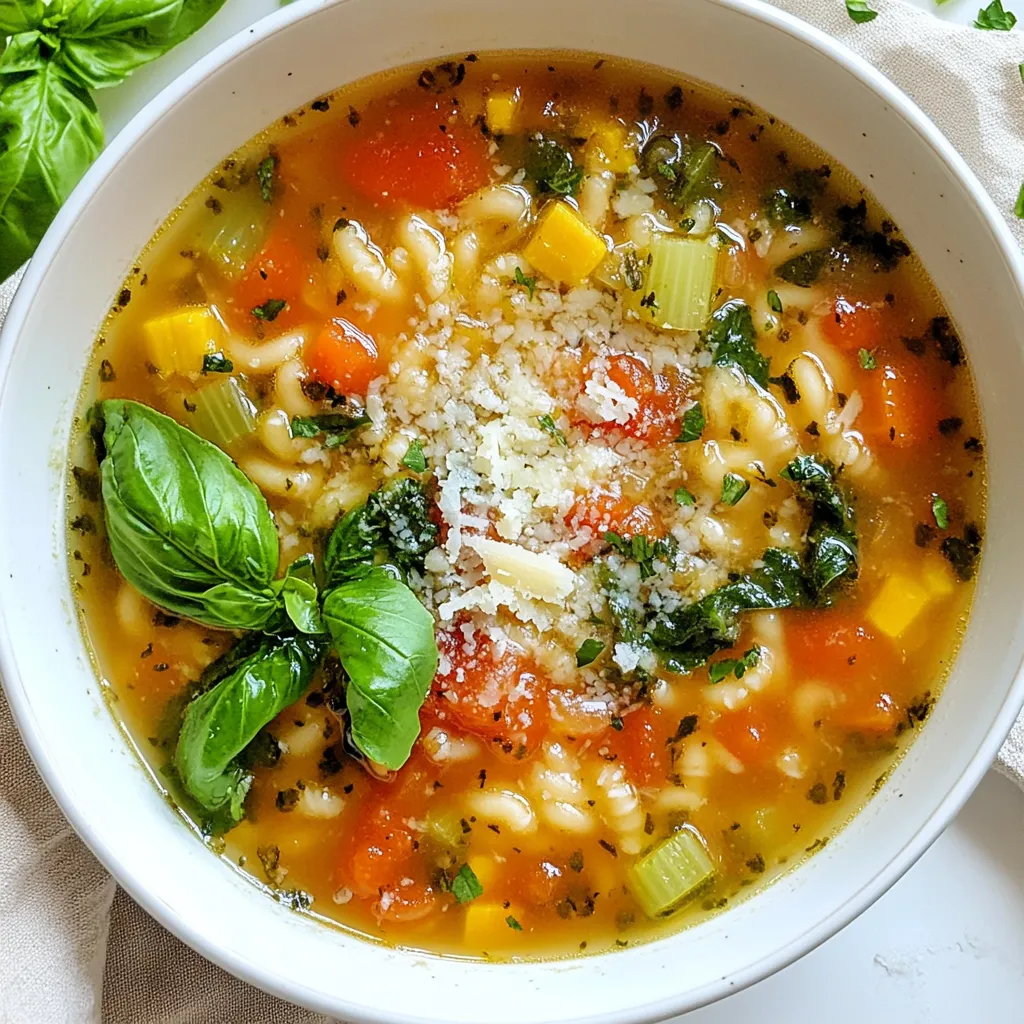 To make Italian Pastina Soup, gather these simple ingredients: - 1 cup small pastina pasta - 4 cups vegetable broth - 1 cup diced tomatoes - 1 small onion, finely chopped - 2 cloves garlic, minced - 1 medium carrot, diced - 1 celery stalk, diced - 1 cup fresh spinach, roughly chopped - 1 teaspoon dried basil - 1 teaspoon dried oregano - Salt and black pepper to taste - 2 tablespoons extra virgin olive oil - Grated Parmesan cheese for serving - Fresh basil leaves for garnish Choosing fresh produce makes a big difference. Here are some tips: - Look for vibrant colors. Fresh tomatoes should be bright and firm. - Choose onions that feel heavy and are free of soft spots. - Carrots should be crisp and have a bright orange color. - Spinach should be dark green and not wilted. You can make your own vegetable broth easily. Here are some simple ideas: - Use scraps like onion peels, carrot tops, and celery leaves. - Add herbs like parsley or thyme for extra flavor. - Simmer the scraps in water for about an hour. - Strain the broth and use it in your soup for a fresh taste. {{ingredient_image_2}} Start by gathering all your ingredients. This makes cooking smooth and fun. First, take a large pot and heat up the olive oil on medium heat. When the oil looks shiny, add the chopped onion, diced carrot, and diced celery. Stir these for about 5 to 7 minutes, until they feel soft and smell good. Next, add the minced garlic, dried basil, and oregano. Cook them for 1 to 2 minutes. You want the garlic to smell sweet and strong. Now, pour in the vegetable broth and diced tomatoes, along with their juices. Increase the heat a bit and let it simmer gently. Once the soup simmers, it’s time to add the pastina. Check the pasta package for the cooking time, which is usually around 5 to 7 minutes. Stir the pasta in until it’s cooked al dente and has soaked up some broth. After the pasta is ready, fold in the chopped spinach. Season the soup with salt and black pepper to taste. Let it cook for another 2 to 3 minutes. This will wilt the spinach and brighten its color. Finally, take the pot off the heat. Serve the warm soup in bowls. Top each bowl with fresh grated Parmesan cheese and basil leaves. This adds flavor and a nice touch to the dish. Cooking times matter a lot in this recipe. If you cook the vegetables too long, they can get mushy. Sautéing them for just the right time brings out their best flavors. The pastina needs the right time too. If you cook it too long, it can become soggy. You want it to be firm but tender. The brief cooking time for spinach helps it keep its bright color and nutrients. Using images or videos can help you see what each step should look like. When you sauté the vegetables, you want them to be soft, not brown. When you add the garlic, you’ll notice a rich aroma. You can find many cooking videos online that show how to make pastina soup. Watching someone else cook can make it easier for you to follow along. To get the best flavor in your Italian pastina soup, use fresh vegetables. Fresh veggies really shine in this dish. I love using homemade vegetable broth. It adds depth and warmth. Don't forget the herbs! Dried basil and oregano are key. They bring a lovely aroma. Adjust salt and pepper to your taste. A little extra seasoning can elevate your soup. Lastly, finish with grated Parmesan cheese. It adds creaminess and flavor that you will love. One mistake is cooking the pastina too long. It can become mushy if overcooked. Always check the package for cooking time. Another error is skipping the sauté step. Sautéing the onion, carrot, and celery builds flavor. Avoid adding the spinach too early; it should only wilt in the last few minutes. Finally, don’t forget to taste your soup! Adjusting seasoning is vital for the best results. For this recipe, a heavy-bottomed pot is best. It helps heat evenly and prevents burning. A good knife is important for chopping veggies. I recommend a cutting board for safety. Use measuring cups and spoons for accuracy. A ladle is handy for serving the soup. Lastly, have a grater ready for the Parmesan cheese. These tools will make your cooking experience easier and more enjoyable. Pro Tips Use Fresh Ingredients: For the best flavor, opt for fresh vegetables and high-quality vegetable broth. Fresh spinach, tomatoes, and herbs will significantly enhance the taste of your soup. Customize Your Pasta: While pastina is traditional, feel free to substitute with other small pasta shapes like orzo or ditalini. Just make sure to adjust the cooking time accordingly. Add Protein: To make this soup more filling, consider adding cooked beans, lentils, or shredded chicken. This will turn your cozy soup into a hearty meal. Make it Ahead: This soup can be made in advance and stored in the refrigerator for up to three days. However, cook the pasta separately if you're planning to reheat it, as it may become mushy. {{image_4}} You can easily change this soup to fit your taste. Here are some ideas: - Different Pastas: Use small shapes like orzo or ditalini. - Veggies: Add zucchini, peas, or bell peppers for more color. - Herbs: Try fresh thyme or parsley to switch up the flavor. - Spices: A pinch of red pepper flakes can add some heat. Feel free to mix and match these options. The soup can be just how you like it! Want a gluten-free version? It’s simple! Look for gluten-free pastina or small gluten-free pasta shapes. Many stores carry these options now. You can also make your own pasta using gluten-free flour. Cooking times may vary, so keep an eye on your pasta while it cooks. Your soup will still taste amazing! Adding protein makes this soup heartier. Here are two great options: - Chicken: Use cooked, shredded chicken. Stir it in when you add the pastina. - Beans: Canned white beans or chickpeas work well. Rinse them and add them in the last few minutes. Both options add flavor and make the soup more filling. Enjoy your tasty and comforting bowl of Italian pastina soup! To keep your Italian pastina soup fresh, let it cool first. Once cool, pour it into an airtight container. You can store it in the fridge for up to three days. Make sure to label the container with the date. This way, you know when to eat it. If you want to save the soup for longer, freezing is a great option. Use a freezer-safe container or heavy-duty freezer bags. Leave some space at the top, as soup expands when frozen. You can store the soup in the freezer for up to three months. Remember to label the bags with the date. When you're ready to enjoy your soup again, thaw it overnight in the fridge. To reheat, pour the soup into a pot over medium heat. Stir it often until it’s hot. If the soup seems too thick, you can add a splash of broth or water. This will help restore its creamy texture. Enjoy your comforting bowl of soup! Pastina is a small type of pasta. It is often shaped like tiny stars or grains. This pasta cooks quickly and adds a nice texture to soups. Kids love it for its fun shapes. You can find pastina in many stores. It cooks in just 5-7 minutes. Pastina is also great for adding to broth-based dishes, making meals cozy and warm. Yes, you can easily make this soup vegetarian or vegan. Start by using vegetable broth instead of chicken broth. This soup is already veggie-friendly with the fresh spinach, carrots, and tomatoes. To make it vegan, skip the Parmesan cheese or use a plant-based alternative. You can add beans for protein too. This way, you keep the flavor and make it suitable for everyone! To make Italian Pastina Soup more filling, you have several options. Adding protein is a great idea. You can use shredded chicken or cooked beans like cannellini or chickpeas. Both options boost the protein content. You can also add more vegetables, like zucchini or kale. If you want a heartier soup, consider adding some cooked rice or quinoa. These additions will make your soup satisfying and delicious! This blog post covered making Italian Pastina Soup. We discussed ingredients, including how to choose fresh produce and make broth. The cooking process was broken into clear steps with importance on timing. Tips helped ensure great flavor and avoid mistakes. Variations included gluten-free options and ways to add proteins. Lastly, we shared the best storage practices and common questions. Overall, making this soup is simple and rewarding. You can enjoy a comforting bowl while customizing it to fit your needs. Dive in and let your creativity shine!