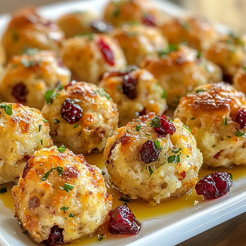 To make delicious cranberry turkey stuffing balls, you need just a few key ingredients: - 2 cups stale bread, cut into cubes - 1 cup cooked turkey, shredded - 1/2 cup dried cranberries, coarsely chopped - 1/4 cup celery, finely chopped - 1/4 cup onion, minced - 1/2 teaspoon dried sage - 1/2 teaspoon dried thyme - 1/4 teaspoon garlic powder - 1 egg, beaten - 1/4 cup chicken broth - Salt and freshly cracked pepper, to taste - 1 tablespoon olive oil (for drizzling) These ingredients work together to create a savory and slightly sweet flavor that everyone loves. When measuring ingredients, accuracy is important for the best results. Use dry measuring cups for the bread and cranberries. For the broth and egg, use liquid measuring cups. A kitchen scale can help if you prefer weight measurements. - Bread: 2 cups = about 6 ounces - Turkey: 1 cup = about 5 ounces - Dried cranberries: 1/2 cup = about 2.5 ounces - Celery: 1/4 cup = about 1 ounce - Onion: 1/4 cup = about 1 ounce - Herbs and spices: Measured in teaspoons for precision - Chicken broth: 1/4 cup = 2 ounces You can easily swap some ingredients if you have dietary needs or preferences. - For a gluten-free option, use gluten-free bread. - Substitute chicken broth with vegetable broth for a vegetarian option. - Use fresh herbs instead of dried for a bolder flavor. - Swap turkey with cooked chicken or even mashed beans for a meat-free version. These substitutions keep the spirit of the recipe while allowing for personal taste. {{ingredient_image_2}} First, you need to preheat your oven to 375°F (190°C). This step is key for even cooking. While it warms up, take a baking sheet and line it with parchment paper. This makes cleanup easy and helps prevent sticking. In a large mixing bowl, gather your main ingredients. Start with 2 cups of stale bread, cut into cubes. Next, add 1 cup of shredded cooked turkey. Then, toss in 1/2 cup of coarsely chopped dried cranberries. Also, include 1/4 cup of finely chopped celery and 1/4 cup of minced onion. Mix everything well to spread out the flavors evenly. Now, it’s time to add some herbs. Sprinkle in 1/2 teaspoon of dried sage, 1/2 teaspoon of dried thyme, and 1/4 teaspoon of garlic powder. Don’t forget a pinch of salt and freshly cracked pepper. Stir until all the herbs and spices blend into the mixture. In another bowl, whisk together 1 beaten egg and 1/4 cup of chicken broth. Pour this over your bread and turkey mix. Gently fold everything together until the bread is moist but not mushy. Using your hands, form small balls about 1.5 inches in diameter. Place them on the baking sheet, leaving space between each ball. Before baking, lightly drizzle the tops of the stuffing balls with 1 tablespoon of olive oil. This will help them brown nicely. Now, put the baking sheet in your oven and bake for 20-25 minutes. They are done when they turn golden brown and feel firm to the touch. Once baked, take them out and let them cool for a few minutes before serving. To boost flavor in your stuffing balls, use fresh herbs. Fresh sage and thyme add brightness. Dried herbs work too, but fresh gives more depth. Consider adding spices like paprika for warmth. A hint of cayenne can add a kick. You can also mix in zest from citrus. Lemon or orange zest brightens the dish. Lastly, don't skip the salt. It brings out all the other flavors. Texture is key for great stuffing balls. You want them crispy outside and moist inside. Start with stale bread for the best texture. Fresh bread can make the stuffing too soggy. When mixing, fold gently to avoid crushing the bread. This keeps some of the cubes intact. If the mixture feels too dry, add more broth. But don’t overdo it; you want them to hold shape when baked. Mixing should be thorough but gentle. Use your hands to combine ingredients. This helps you feel the texture and adjust moisture. When forming the balls, aim for about 1.5 inches in diameter. This size cooks evenly and is easy to handle. Keep them spaced on the baking sheet to allow for even browning. Lightly drizzle olive oil on top before baking. This helps achieve a golden, crispy crust. Pro Tips Use Fresh Herbs: Fresh herbs can enhance the flavor of your stuffing balls. If available, use fresh sage and thyme instead of dried for a more vibrant taste. Mix and Match Add-Ins: Feel free to customize your stuffing balls by adding other ingredients like nuts, diced apples, or sautéed mushrooms for extra texture and flavor. Moisture Control: Ensure the bread mixture is moist but not soggy. If the mixture seems dry, add a little more chicken broth until well combined. Perfect Baking: For an even bake, rotate the baking sheet halfway through cooking. This helps achieve a uniform golden-brown color on all sides. {{image_4}} You can make these stuffing balls vegetarian. Start by swapping the turkey for cooked mushrooms or lentils. Use vegetable broth instead of chicken broth. This keeps the flavor rich and hearty. You can also add in more vegetables like diced bell peppers or carrots. This adds color and nutrients. Herbs can change the taste of your stuffing balls. Try using rosemary or oregano instead of sage and thyme. These herbs add a new twist. You could also go for fresh herbs if you have them. Just remember, fresh herbs have a stronger flavor. Adjust the amount based on your taste. Adding nuts or cheese can make your stuffing balls even better. Chopped walnuts or pecans give a nice crunch. If you prefer cheese, try adding shredded cheddar or feta. Both options add great flavor and richness. Just mix them in with the other ingredients. You’ll enjoy the surprise in each bite! To keep your leftover stuffing balls fresh, place them in an airtight container. Layer them gently to avoid squishing. You can store them in the fridge for up to three days. If you want to keep them longer, freezing is a great option. When you're ready to enjoy the leftovers, preheat your oven to 350°F (175°C). Place the stuffing balls on a baking sheet. Cover them with foil to keep them moist. Heat for about 15-20 minutes. If you like a crispy edge, remove the foil for the last few minutes. To freeze, let the stuffing balls cool completely. Arrange them in a single layer on a baking sheet. Freeze until solid, then transfer to a freezer bag. This way, they won’t stick together. You can keep them frozen for up to three months. When ready to eat, thaw overnight in the fridge before reheating. Yes, you can prepare these stuffing balls ahead of time. Make them up to a day in advance. After forming the balls, place them on a baking sheet. Cover them with plastic wrap and store them in the fridge. When you are ready, simply bake them as directed. This saves time and makes your holiday meal stress-free. Cranberry Turkey Stuffing Balls pair well with many sides. Consider serving them with: - Roasted vegetables - Mashed potatoes - Green bean casserole - A fresh salad - Gravy or cranberry sauce for dipping These sides create a balanced meal and complement the flavors of the stuffing balls well. To check if the stuffing balls are done, look for a golden brown color. They should feel firm to the touch. You can also use a food thermometer. The center should reach 165°F (74°C). Once they reach this temperature, you can be sure they are safe to eat. Enjoy them warm for the best flavor! Cranberry Turkey Stuffing Balls blend tasty ingredients and simple steps. We explored main components, measurements, and swaps for your needs. I outlined how to prep, mix, and bake, ensuring a delicious result. You learned tips for flavor and texture, plus fun variations like vegetarian options and unique add-ins. We also discussed how to store leftovers and answered common questions. Enjoy creating these stuffing balls for your next meal! They will impress your guests and add joy to your table.