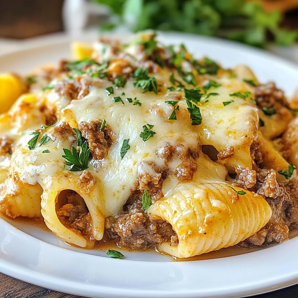 - 1 pound ground beef - 8 ounces large shell pasta - 1 tablespoon extra virgin olive oil - 1 small onion, finely chopped - 2 cloves garlic, minced - 1 teaspoon dried Italian seasoning - 1 cup beef broth - 1 cup heavy cream - 1 cup shredded mozzarella cheese - ½ cup grated Parmesan cheese - Sea salt and freshly cracked black pepper - 1 cup chopped spinach - ½ cup diced tomatoes - 1 cup mushrooms, sliced - 1 tablespoon Worcestershire sauce - ½ cup cream cheese These ingredients can add extra flavor and nutrition to your dish. Spinach and tomatoes bring freshness, while mushrooms add a rich umami taste. Cream cheese can enhance the creaminess. - Dried Italian seasoning - Sea salt - Freshly cracked black pepper Feel free to adjust the seasoning to fit your taste. You can add more Italian seasoning if you love that flavor. Using fresh herbs can also boost the taste. Fresh basil or parsley can enhance the dish’s aroma and appearance. {{ingredient_image_2}} To cook the shell pasta, start by boiling salted water in a large pot. Once the water bubbles, add the shell pasta. Follow the package instructions, cooking until the pasta is al dente. This usually takes about 8-10 minutes. Drain the pasta in a colander and set it aside. Make sure to keep an eye on it, so it doesn’t get mushy. Next, grab a large, deep skillet. Heat the extra virgin olive oil over medium heat. Once hot, add the finely chopped onion. Sauté the onion until it turns translucent, which should take about 3-4 minutes. After that, add the minced garlic and ground beef to the skillet. Cook the beef, breaking it into smaller pieces with a spoon. This should take about 5-7 minutes. Make sure the beef is well browned and no longer pink. Once the beef is cooked, stir in the dried Italian seasoning, sea salt, and freshly cracked black pepper. Mix it all thoroughly. Pour in the beef broth, and let the mixture simmer for 3-4 minutes. This helps the flavors mix well. Lower the heat and gradually add the heavy cream. Stir continuously until the cream blends in fully. After that, fold in the drained shell pasta along with the shredded mozzarella and grated Parmesan cheese. Stir until the cheeses melt and coat the pasta. Taste and adjust the seasoning if needed. Let it sit for 2-3 minutes to thicken. Finally, serve the creamy beef and shells hot, garnished with fresh parsley for a nice touch. To cook the shell pasta just right, follow the package directions. Timing is key. You want the shells to be al dente, meaning they should be firm but not hard. Usually, this takes about 8 to 10 minutes. Remember to stir them occasionally. This prevents sticking and ensures even cooking. Once done, drain them quickly. Do not rinse them. The starch helps the sauce cling better. For a creamy sauce, use heavy cream. Start by adding it slowly to the skillet. This helps it blend well with the beef and broth. Keep the heat low while stirring. This keeps the cream from separating. Adding both mozzarella and Parmesan gives you that rich flavor. Make sure to mix until they melt completely. Let the sauce sit for a few minutes before serving. This thickens it up nicely. Garnishing makes your dish look even more appetizing. A sprinkle of freshly chopped parsley adds color and freshness. You can also top it with extra cheese for a cheesy finish. A few cracks of black pepper can enhance the flavor too. If you want a bit of heat, add red pepper flakes. Serve the dish in individual bowls for a nice touch. Pair it with warm garlic bread for a complete meal. Pro Tips Choose Quality Beef: Opt for lean ground beef for a healthier dish; it reduces grease and enhances the overall flavor of the creamy sauce. Customize Your Cheeses: Experiment with different cheeses like sharp cheddar or gouda for a unique twist on the flavor profile of your creamy beef and shells. Add Vegetables: Incorporate vegetables such as spinach or bell peppers for added nutrition and vibrant color, making this dish even more appealing. Perfect Pasta Cooking: Always cook pasta al dente to prevent it from becoming mushy when mixed with the creamy sauce, ensuring the perfect texture in each bite. {{image_4}} You can swap ground beef for ground turkey. This change lowers fat and calories. It still tastes great! Use the same amount. Cook it just like the beef. You may need to add more seasoning to keep the flavor rich. Want a meat-free dish? Try using mushrooms instead of beef. Mushrooms add a nice umami flavor. Use about 8 ounces of chopped mushrooms. Sauté them until browned. This will give you a tasty, hearty meal without meat. To boost the flavor, add sun-dried tomatoes. Chop about ½ cup and mix them in when you add the broth. They add a sweet tang that pairs well with the creamy sauce. You can also toss in fresh spinach for color and nutrients. Use about 2 cups and stir until wilted. To store your creamy beef and shells, let it cool to room temperature. Then, place it in an airtight container. This dish stays fresh in the fridge for up to three days. If you want to keep it longer, freezing is a great option. When reheating, use a saucepan over low heat. Add a splash of beef broth or cream to help the dish regain its creamy texture. Stir often until heated through. You can also use a microwave; just cover it and heat in short bursts, stirring in between. To freeze, portion your creamy beef and shells into freezer-safe containers. Leave some space for expansion. This meal can last up to three months in the freezer. When ready to eat, thaw it overnight in the fridge before reheating. This method helps keep the flavors intact. Yes, you can use other pasta shapes. Penne, rotini, or even macaroni work well. Just adjust the cooking time based on the pasta you choose. For example, smaller shapes cook faster, while larger ones may take a bit longer. Keep an eye on them to avoid overcooking. To make Creamy Beef and Shells dairy-free, swap the heavy cream with coconut milk or a nut-based cream. Use dairy-free cheese for the mozzarella and Parmesan. These options still offer a creamy texture without dairy. This dish pairs nicely with simple sides. Try garlic bread for a crunchy contrast. A fresh side salad with greens adds color and freshness. Steamed vegetables like broccoli or green beans also complement the meal well. In this article, we explored how to make creamy beef and shells. We discussed key ingredients, preparation steps, and tips for perfecting your dish. You learned about variations and storage options to keep your meal fresh. With these insights, you can tailor the recipe to fit your tastes. Remember, cooking is about experimenting. Enjoy the process and have fun with flavors. Your creamy beef and shells can become a family favorite!