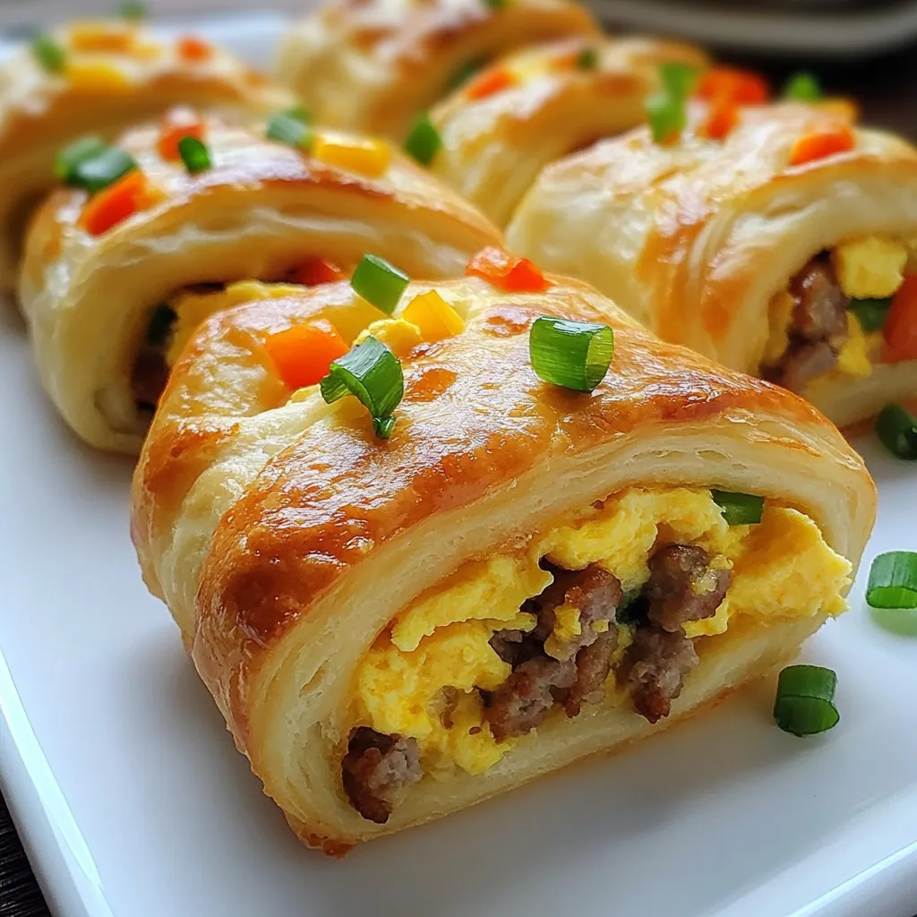 - 1 pound sausage (spicy or mild) - 4 large eggs - 1 cup shredded cheddar cheese - 1/2 cup diced bell peppers - 1/2 cup chopped green onions - 1 teaspoon garlic powder - Salt and pepper to taste - 1 tablespoon olive oil - Refrigerated crescent dough rolls - Puff pastry as a substitution To create these tasty rolls, you need some key ingredients. First, choose your sausage. You can go for spicy for a kick or mild for a gentler taste. Next, grab four large eggs to bind it all together. Cheese is a must! I recommend one cup of shredded cheddar for a rich, creamy taste. Add some color and crunch with half a cup of diced bell peppers. Green onions give a fresh bite, so don’t forget half a cup of those! For flavor, use one teaspoon of garlic powder, plus salt and pepper to your liking. Now, for the dough, I love using refrigerated crescent dough rolls. They are easy and delicious. If you prefer a flaky option, puff pastry works well, too. With these ingredients ready, you set the stage for a quick and tasty treat! {{ingredient_image_2}} - Preheat oven to 375°F (190°C). - Prepare a baking sheet with parchment paper. This helps with easy cleanup. - In a large skillet, add the sausage. - Cook until it browns and crumbles, about 5-7 minutes. - If you see extra fat, drain it off. - Next, add the diced bell peppers to the skillet. - Sauté them with the sausage for 2-3 minutes. They should soften and smell great. - In a medium bowl, whisk the eggs. - Add garlic powder, salt, and pepper. Mix well. - Pour the egg mixture into the skillet with the sausage and peppers. - Cook gently for 3-4 minutes. Stir with a spatula until the eggs are fully scrambled. - Unroll the crescent dough on a floured surface. - Carefully separate each triangle and stretch them wider. - Take a spoonful of the sausage and egg mix. - Place it at the wide end of the triangle. - Roll it tightly from the wide end to the point, tucking in the edges. - Place the rolls seam side down on the baking sheet. - Brush the tops with olive oil. This gives them a nice color. - Bake in the preheated oven for 12-15 minutes. - Look for a golden brown color when done. - Ensure sausage is well-browned. This adds great flavor. Cook it for 5-7 minutes. - Mix egg until fully scrambled. Stir gently to avoid burning. This takes about 3-4 minutes. - Stretch dough for roomier pockets. This helps hold more filling and keeps it moist. - Brush dough for golden brown finish. Use olive oil to add color and crispness. - Garnish with green onions. This adds a fresh crunch and bright color. - Serve with hot sauce for added flavor. A little spice can make it exciting! Pro Tips Choose Your Sausage Wisely: Select between spicy or mild sausage based on your preference for flavor intensity; this choice can significantly impact the overall taste of your breakfast rolls. Customize Your Filling: Feel free to add other vegetables like spinach or mushrooms to the egg mixture for added nutrition and flavor variety. Perfectly Puff Your Rolls: For an extra flaky texture, try using puff pastry instead of crescent dough, and ensure you stretch the dough triangles before filling. Garnish for Presentation: Don’t forget to garnish your rolls with extra green onions and serve with hot sauce on the side for a pop of color and flavor! {{image_4}} You can swap the sausage for bacon or turkey sausage. Bacon brings a nice crunch and rich flavor. Turkey sausage gives you a lighter option while still being tasty. Both choices work great in the rolls. If you want a lighter meal, try using egg substitutes. They lower calories and cholesterol. For a vegetarian twist, replace the sausage with mushrooms. Mushrooms add a nice, earthy flavor and keep the rolls hearty. To kick up the flavor, add spices like paprika or chili powder. These spices give a nice kick to your breakfast rolls. You can also try different cheeses. Feta adds a tangy taste, while pepper jack gives a spicy twist. Mixing in these flavors makes the rolls even more exciting. Store your sausage egg breakfast rolls in an airtight container. They will stay fresh for up to three days in the fridge. This way, you can enjoy your tasty treat multiple times! You can freeze these rolls before baking. They can last up to two months in the freezer. When you're ready to eat them, just take them out and bake. This keeps them fresh and tasty. For the best texture, bake them from frozen. To reheat, you can bake or microwave the rolls. In the microwave, heat for one to two minutes. If you bake them, they will regain their crispiness. Baking gives you that golden, crunchy finish. Enjoy your rolls warm and delicious! Yes, you can prepare these rolls ahead of time. Just make the filling, then refrigerate it. You can also freeze the rolls before baking. This makes them easy to grab when you need a quick meal. These rolls pair well with many sides. You can serve them with fresh fruit or a simple salad. A dipping sauce like salsa also adds a nice kick. To check the rolls, look for a golden brown color. They should also appear puffed. This means they are fully baked and ready to enjoy. Absolutely! You can add your favorite veggies or cheeses. Try spinach, mushrooms, or even spicy cheese for a twist. Yes, these rolls are great for meal prep. They are easy to reheat and taste delicious. You can make a batch and enjoy them throughout the week. You learned how to make delicious sausage egg breakfast rolls from scratch. We covered ingredients, cooking steps, and storage tips. You can customize these rolls to fit your taste. Whether you need a quick meal or want to impress guests, this recipe works well. Enjoy making these tasty breakfast rolls and share them with others. With a few easy steps, you’ll create a dish everyone loves. Happy cooking!