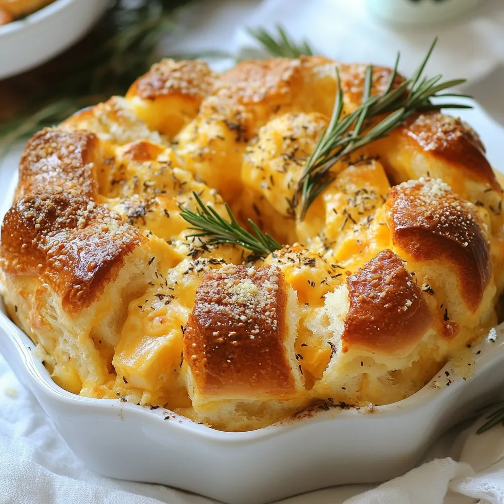 To make your Cheesy Pull-Apart Christmas Bread, you will need: - 4 cups all-purpose flour - 1 packet (2 ¼ teaspoons) active dry yeast - 1 tablespoon granulated sugar - 1 teaspoon sea salt - 1 ½ cups warm milk (about 110°F/43°C) - 1/4 cup unsalted butter, melted - 2 cups shredded mozzarella cheese - 1 cup shredded sharp cheddar cheese - 1 teaspoon garlic powder - 1 teaspoon dried Italian herbs (like oregano and basil) - 1 egg, beaten (for egg wash) If you need to swap some ingredients, here are a few ideas: - Instead of all-purpose flour, you can use bread flour for a chewier texture. - If you don't have active dry yeast, instant yeast works too. Just skip the proofing step. - You can use almond milk or oat milk if you want a dairy-free option. - For the cheeses, feel free to mix in gouda or pepper jack for a spicy kick. Want to boost the flavor? Try these add-ins: - Add cooked, crumbled bacon for a savory twist. - Mix in chopped fresh herbs like parsley or thyme for freshness. - For a touch of heat, sprinkle in some red pepper flakes. - You could even add sun-dried tomatoes for a sweet, tangy flavor. These ingredients and options can help you create a festive and tasty bread that everyone will love. Enjoy your baking adventure! {{ingredient_image_2}} To start, you need to wake up the yeast. In a small bowl, mix warm milk, sugar, and active dry yeast. Stir gently. Let it sit for 5 to 10 minutes. You will see bubbles forming. This means the yeast is ready! In a large bowl, whisk together all-purpose flour and sea salt. Make a well in the center. Pour in the melted butter and the yeast mixture. Mix with a wooden spoon or your hands until a soft dough forms. Then, transfer the dough to a floured surface. Knead it for 5 to 7 minutes. Your dough should feel smooth and elastic. Once your dough is ready, make it into a ball. Place it in a greased bowl. Cover it with a towel and let it rise for about 1 hour. It should double in size. After rising, gently punch the dough down. Roll it out to a rectangle about ½ inch thick. Sprinkle mozzarella and cheddar cheese on top. Add garlic powder and dried Italian herbs for flavor. Cut the dough into strips about 1 inch wide. Stack the strips to create layers. Cut the stacked dough into squares. Place the squares upright in a greased bundt pan. Cover the dough again with a towel. Let it rise for another 30 minutes while your oven preheats to 350°F (175°C). After rising, brush the tops with a beaten egg for shine. Bake for 25 to 30 minutes. The bread should be golden brown and the cheese melted. Let it cool in the pan for 10 minutes before serving. Enjoy your cheesy pull-apart bread with a festive touch! To make soft bread, use warm milk at about 110°F. This helps the yeast work well. Knead the dough for 5-7 minutes. This builds gluten, making it stretchy. Let the dough rise in a warm spot. It should double in size, showing it’s ready. For a golden-brown top, brush the dough with beaten egg. This gives a nice color as it bakes. Bake at 350°F for 25-30 minutes. Check that the cheese is melted and bubbly. If the top browns too fast, cover it lightly with foil. Knead the dough on a floured surface. Push, fold, and turn it to mix well. After kneading, place the dough in a greased bowl. Cover it with a kitchen towel. Let it rise in a warm place for the best results. If your kitchen is cool, try placing the bowl near the oven. Pro Tips Proof Your Yeast: Always ensure your yeast is fresh by checking for bubbles after mixing it with warm milk and sugar. If it doesn't foam, start over with new yeast. Use Room Temperature Ingredients: For a better rise, allow your butter and milk to come to room temperature before mixing into the dough. Layer Your Cheese: For maximum cheesiness, consider mixing different types of cheese together, like mozzarella and cheddar, to create a more complex flavor. Cool Before Serving: Let the bread cool for a few minutes in the pan before transferring it to a platter. This helps it set and makes it easier to pull apart. {{image_4}} You can mix various cheeses for unique flavors. Try using gouda or pepper jack. They add a nice twist to the classic mozzarella and cheddar. For a rich taste, add cream cheese or brie. These cheeses melt wonderfully and create a creamy texture. Add seasonal ingredients to enhance your bread. You can include chopped sun-dried tomatoes or spinach for a fresh taste. During the holidays, try adding a hint of nutmeg or cinnamon. These spices bring warmth and a cozy vibe to your dish. You can also mix in some cooked bacon or sausage for a savory kick. Get creative with how you shape your bread. Instead of a bundt pan, use a loaf pan or a round cake pan. You can even form the dough into small rolls. This gives your bread a fun, bite-sized appeal. Adding a festive touch, you can shape the dough into a Christmas tree or wreath. This not only looks great but also makes serving easy. To keep your cheesy pull-apart bread fresh, wrap it tightly in plastic wrap. Place it in an airtight container or a zip-top bag. This helps prevent it from drying out. Store it at room temperature for up to three days. If you live in a humid area, refrigerating it can help extend its life. When you're ready to enjoy leftover bread, preheat your oven to 350°F (175°C). Place the bread on a baking sheet. Cover it with aluminum foil to keep it moist. Heat for about 10-15 minutes. If you want a crispy crust, remove the foil for the last 5 minutes. You can also pop individual pieces in the microwave for about 20-30 seconds. If you have extra bread, freezing is a great option! Wrap each piece tightly in plastic wrap. Then, place them in a freezer bag. Squeeze out as much air as possible. The bread can last up to three months in the freezer. When you're ready to eat it, let it thaw in the fridge overnight. Then, reheat it as mentioned above. This keeps the bread soft and cheesy! Yes, you can use whole wheat flour. It will make the bread denser. You may need to add more water to keep the dough soft. Start with a small amount and adjust as needed. The bread is done when it is golden brown on top. You can also tap the bottom lightly. If it sounds hollow, it is ready. Use an instant-read thermometer; it should read 190°F (88°C) inside. Yes, you can prepare the dough a day ahead. After shaping, cover it tightly and put it in the fridge. Let it rise on the counter for 30 minutes before baking. This helps develop the flavor. Serve the bread warm, with fresh herbs on top. You can pair it with a bowl of marinara sauce for dipping. It also goes well with a light salad or a hot soup. This blog post guided you through making delicious cheesy pull-apart bread. We covered key ingredients and their substitutes, along with tips for perfect dough and baking. Remember, using different cheeses and flavors can make your bread unique. Store extras properly to keep them fresh, and use our reheating tips to enjoy them later. Making this bread at home is fun and rewarding. Now, you're ready to bake and impress your friends and family with your skills!