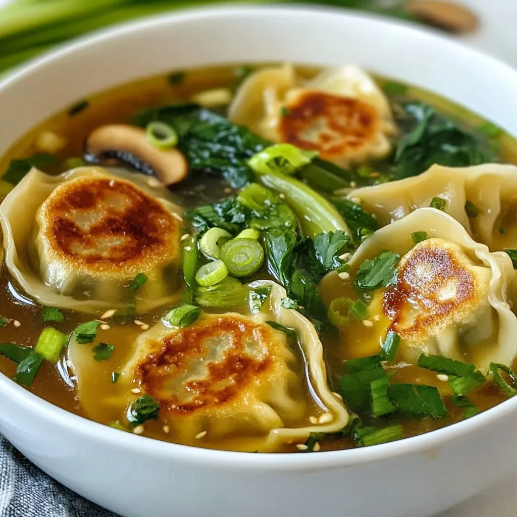 - 12 frozen potstickers - 6 cups vegetable broth - 1 cup baby bok choy, chopped - 1 cup mushrooms, sliced (shiitake or button) - 2 cloves garlic, minced - 1 tablespoon fresh ginger, grated - 2 tablespoons soy sauce - 1 tablespoon sesame oil - Salt and pepper to taste - Optional: chili flakes for a spicy kick - Fresh cilantro, for garnish - 2 green onions, chopped To make this Minute Potsticker Soup, gather all your ingredients first. The potstickers are the star here. They bring that satisfying bite. Use vegetable broth for a rich base. Bok choy and mushrooms add a nice crunch and earthy flavor. Next, seasonings play a key role. Garlic and ginger create a fragrant aroma. Soy sauce and sesame oil add depth and umami. Don’t forget salt and pepper to taste, and add chili flakes for a kick if you like spice. Finally, think about garnishes. Fresh cilantro and green onions not only look great but also brighten the soup's flavor. This mix makes for a cozy and colorful meal, perfect for any day! {{ingredient_image_2}} Start by warming 1 tablespoon of sesame oil in a large pot over medium heat. This will help release the nutty flavor. Once the oil is hot, add 2 cloves of minced garlic and 1 tablespoon of grated fresh ginger. Sauté them for about 1-2 minutes. Watch closely to avoid burning. You want them fragrant, not charred. Now, pour in 6 cups of vegetable broth. Turn up the heat a bit and bring it to a gentle simmer. This step is key for a rich flavor. Once simmering, add 12 frozen potstickers to the pot. Allow them to cook for 5-7 minutes. Stir occasionally to make sure they heat evenly and don’t stick to the bottom. After the potstickers are cooked through, add 1 cup of sliced mushrooms and 1 cup of chopped baby bok choy to the pot. Cook for another 3-4 minutes. This will soften the veggies while keeping some crunch. Stir in 2 tablespoons of soy sauce, adjusting the flavor with salt and freshly cracked pepper. If you like spice, now’s the time to add some chili flakes. Once everything is mixed well, remove the pot from the heat. To stop garlic from burning, keep it moving in the pan. Stir it often for 1-2 minutes. When it gets fragrant, it's ready. If you leave it too long, it can taste bitter. For even cooking of potstickers, stir them gently. Make sure they are fully submerged in the broth. This helps them heat up all the way through. Cook them for about 5-7 minutes. Garnish for a pop of color. Chopped green onions and fresh cilantro work well. They make the soup look bright and fresh. Serve the soup in deep bowls. A drizzle of sesame oil adds shine and flavor. A lime wedge on the side gives a nice zesty touch. You can change the spice level to your liking. Add chili flakes for heat or leave them out for milder soup. Try different broth options too. Use chicken broth for a richer taste. Vegetable broth keeps it light and fresh. Pro Tips Use Fresh Ingredients: Fresh garlic and ginger elevate the flavor of your soup. If possible, use freshly grated ingredients instead of pre-packaged options. Customize Your Veggies: Feel free to add other vegetables like spinach, carrots, or bell peppers to personalize your soup and increase its nutritional value. Make It a Meal: Add protein like tofu, chicken, or shrimp to make this soup a more filling option for dinner. Adjust the Spice Level: Start with a small amount of chili flakes and gradually add more to achieve your preferred level of spiciness. {{image_4}} You can easily change the vegetables in this soup. Try using carrots or spinach if you want a twist. Carrots add sweetness, while spinach brings a nice green touch. You can also swap the potstickers. If you prefer chicken, use those instead of veggie ones. Each type of potsticker brings its own flavor, making the soup even better. For those who follow a vegan diet, use tofu potstickers or skip the meat altogether. This makes the soup plant-based and still tasty. If you want gluten-free options, choose gluten-free soy sauce. Also, look for gluten-free potstickers to keep it safe for gluten-sensitive folks. You can make this soup in an Instant Pot too. Start by sautéing the garlic and ginger in the pot. Then, add the broth and frozen potstickers. Cook on high pressure for about 5 minutes. If you prefer the stovetop, follow the original recipe. Just remember to stir often. This helps the potstickers cook evenly and keeps the flavors mixing well. Enjoy exploring these variations to make Minute Potsticker Soup your own! To store leftover Minute Potsticker Soup, let it cool first. Place the soup in an airtight container. You can keep it in the fridge for up to three days. To keep the flavors intact, avoid adding fresh garnishes before storing. This way, your soup stays fresh and tasty. You can freeze the soup if you want to save it for later. Use a freezer-safe container or a zip-top bag. Make sure to leave some space for the soup to expand. It can last in the freezer for about three months. When you’re ready to enjoy it, thaw it in the fridge overnight. Reheat gently on the stove for best results. To reheat your soup, warm it on the stove over low heat. Stir it often to keep it from sticking. If the soup seems thick, add a splash of vegetable broth or water. If you want it spicier, now is a good time to add more chili flakes. Enjoy it hot, and feel free to add fresh cilantro or green onions as you serve! Yes, you can use fresh potstickers. They cook faster than frozen ones. If you use fresh, reduce the cooking time. Boil them for about 3-4 minutes instead of 5-7 minutes. Keep an eye on them to avoid overcooking. Fresh potstickers will add a nice texture, but you will need to adjust the broth slightly to ensure it stays warm. This soup lasts about 3-4 days in the fridge. Always store it in an airtight container. Check for signs of spoilage before eating. If it smells off or looks different, discard it. When in doubt, it’s best not to eat it. Keeping the soup cool helps maintain its flavor and freshness. Yes, you can make this soup ahead of time. It’s great for meal prep. Just follow the full recipe, then cool it down before storing. To keep it fresh, store the broth and potstickers separately. This helps prevent the potstickers from getting soggy. When you're ready to eat, heat it on the stove until hot. Add fresh greens just before serving for the best taste. This blog covered how to make a tasty potsticker soup. We discussed main ingredients, from frozen potstickers to bok choy. You learned tips for cooking and unique serving styles. Variations for dietary needs, cooking methods, and storage were also included. This soup is easy to customize and store, making it ideal for busy days or meal prep. Enjoy trying different flavors, and don’t be afraid to make it your own!