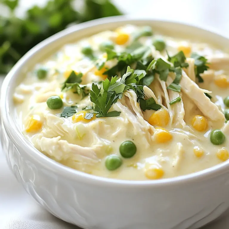 - 4 boneless, skinless chicken breasts - 1 packet (about 1 oz) ranch seasoning mix - 1 can (10.5 oz) cream of chicken soup - 1 cup low-sodium chicken broth For a delicious and easy meal, gather these main ingredients. The chicken breasts form the base of the dish. The ranch seasoning mix gives it that familiar, tasty flavor. The cream of chicken soup adds creaminess and depth. The low-sodium chicken broth keeps it light and flavorful. - 1 cup sour cream - 1 cup cream cheese, softened to room temperature Next, you’ll need the creamy elements. The sour cream makes the dish rich and tangy. Cream cheese adds a smooth texture that makes every bite heavenly. Together, they create a creamy sauce that pairs perfectly with the chicken. - 1 cup frozen peas - Fresh parsley for garnish - Salt and black pepper to taste You can add optional ingredients for a twist. Frozen peas add color and sweetness to the dish. Fresh parsley makes the meal look bright and fresh. Season with salt and black pepper for a flavor boost. These extras can elevate the dish and make it even better! {{ingredient_image_2}} - Prepare the chicken breasts: Place four boneless, skinless chicken breasts in the crockpot. Make sure they sit in one layer. This helps them cook evenly. - Mix the ranch seasoning and soup: In a bowl, combine one packet of ranch seasoning mix, one can of cream of chicken soup, and one cup of low-sodium chicken broth. Stir well until there are no lumps. - Add cream cheese and sour cream: Now, add one cup of softened cream cheese and one cup of sour cream to the bowl. Use a spatula to mix everything until smooth and creamy. - Combine with chicken and seasoning: Pour the creamy ranch mixture over the chicken in the crockpot. Make sure each piece is coated nicely for great flavor. - Set cooking time (low and high options): Cover the crockpot with its lid. Cook on low for 6 to 7 hours or on high for 3 to 4 hours. The chicken should be tender when done. - Add peas before serving: About 30 minutes before serving, stir in one cup of frozen peas. This adds color and a hint of sweetness. - Shred the chicken and adjust seasoning: When cooking is complete, remove the chicken with tongs. Use two forks to shred it into bite-sized pieces. Return the chicken to the pot and mix it into the sauce. Taste the dish, then add salt and black pepper to your liking. To keep your chicken moist, layer it correctly. Place the chicken breasts at the bottom of the crockpot. This helps the chicken cook evenly. Use a low setting for longer cooking times. This will help break down the chicken fibers, making it tender. Mix the ranch seasoning with the cream soup first. This creates a nice sauce base. Pour this mixture over the chicken. Make sure each piece gets coated well. This keeps the chicken from drying out. Crockpot creamy ranch chicken goes well with many sides. You can serve it over rice, pasta, or fluffy mashed potatoes. Each option soaks up the creamy sauce perfectly. For a fresh touch, add steamed vegetables on the side. Broccoli or green beans work great here. If you want to lighten the meal, a crisp salad is a good choice. It balances the creaminess of the dish and adds crunch. For a lovely finish, sprinkle fresh parsley on top before serving. This adds color and freshness. You can also use other herbs like thyme or chives. They give a nice flavor boost too. A touch of lemon zest can add brightness. Just a little goes a long way! When you serve, remember to let your family enjoy the beauty of the dish. A colorful plate makes the meal even more inviting. Pro Tips Use Fresh Herbs: Adding fresh herbs like dill or chives at the end can elevate the flavor profile of your creamy ranch chicken. Adjust Consistency: If the sauce is too thick after cooking, simply stir in a bit more chicken broth to reach your desired consistency. Chicken Alternatives: Feel free to substitute chicken thighs for a juicier and richer flavor, or use turkey for a leaner option. Freezing Tips: This dish freezes well! Portion leftovers into airtight containers and freeze for up to 3 months for a quick meal later. {{image_4}} You can make this dish lighter with a few easy swaps. - Use low-fat cream cheese instead of regular. This keeps it creamy but cuts calories. - Try low-sodium vegetable broth instead of chicken broth. It adds great flavor without the extra salt. These changes help you enjoy a tasty meal while staying healthy. Add some fun twists to your creamy ranch chicken. - Toss in chopped bell peppers or carrots. They add color and crunch. - Experiment with different seasoning mixes. Try taco seasoning for a spicy kick, or Italian herbs for a fresh taste. These changes can take your dish from simple to exciting. You can serve this dish in many ways. - Make a wrap by using tortillas. Just spoon in the creamy chicken and add some greens. - Turn it into a pasta casserole. Mix the shredded chicken with cooked pasta and bake for a warm, hearty meal. These ideas keep dinner fresh and fun for your family. After you finish your meal, let the Crockpot Creamy Ranch Chicken cool down. Place any leftovers in an airtight container. This keeps the chicken fresh and tasty. Store it in your fridge for up to four days. If you want to enjoy it later, refrigerating is a great choice. Freezing is another option. To freeze, let the chicken cool completely first. Then, transfer it to a freezer-safe bag or container. Remove as much air as possible to avoid freezer burn. You can freeze it for up to three months. When ready to eat, thaw it overnight in the fridge. Reheat it gently in the microwave or on the stove until hot. Leftover chicken is very versatile. You can use it in many dishes. Try making a creamy soup by adding broth and veggies. It also works well in casseroles. Mix it with pasta and cheese for a cozy meal. You can even create wraps using tortillas and fresh veggies. The options are endless with this tasty chicken! To cook Crockpot Creamy Ranch Chicken, you can use two settings. On the low setting, cook it for 6 to 7 hours. If you're short on time, the high setting cooks it in 3 to 4 hours. Either way, the chicken will come out tender and flavorful. Yes, you can use frozen chicken breasts. However, you need to adjust the cooking time. When using frozen chicken, cook on high for about 4 to 5 hours. This extra time helps ensure the chicken cooks thoroughly and safely. If you need a substitute for cream of chicken soup, there are options. You can use cream of mushroom soup or cream of celery soup. For a homemade version, mix milk with flour and chicken broth to create a creamy base. This recipe can be made gluten-free. Choose a gluten-free ranch seasoning mix and a gluten-free cream of chicken soup. Always check labels to ensure all ingredients meet your needs. Enjoy this creamy dish without worry! In this blog post, we explored a simple and tasty recipe for Crockpot Creamy Ranch Chicken. We discussed the key ingredients, like chicken breasts, ranch seasoning, and cream elements that make the dish creamy. I shared step-by-step cooking instructions and helpful tips to avoid dry chicken. Variations allow you to change flavors or make it healthier. Follow my storage tips to enjoy leftovers later. This dish is great for family meals and will delight your taste buds. Enjoy your cooking adventure!